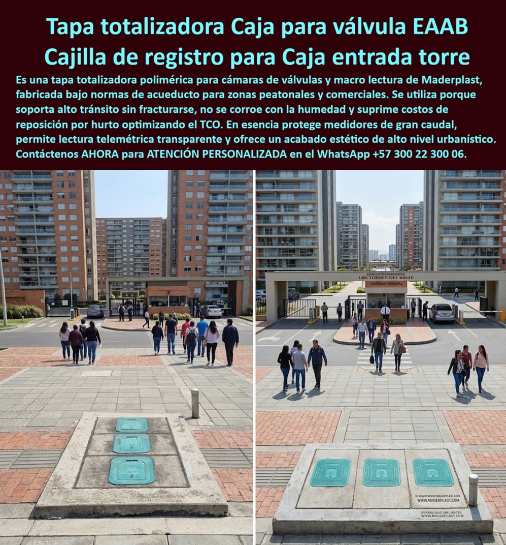 Tapa Totalizadora Telemetría Cajillas Tapas Válvulas Normas EAAB Maderplast - La tapa totalizadora para medidor de agua Maderplast protege el punto de control general de una edificación. La imagen presenta tres tapas poliméricas alineadas en una zona de inspección frente al acceso de un conjunto residencial. Esta disposición puede separar la caja para válvula EAAB, el medidor y otros elementos de control, dejando cada acceso reconocible para operación, mantenimiento o telemetría. ¿Qué es este sistema? Es una cajilla de registro para entrada de torre que cubre una cámara hidráulica donde pueden alojarse válvulas, un medidor totalizador de edificio o un macromedidor de agua. El registro totalizador de acueducto permite consultar la medición general de consumo antes de distribuir el agua hacia los usuarios. No debe confundirse con una cajilla domiciliaria: la cámara para medidor de gran caudal exige dimensiones y accesos acordes con sus equipos. ¿Para qué se colocan varias tapas? Una puede servir como tapa para válvula de corte, otra proteger el medidor y una tercera facilitar el acceso a conexiones o instrumentación. Esta organización mejora la protección de válvulas y medidores en la acometida principal del conjunto y evita levantar una cubierta grande para cualquier intervención. La caja de entrada principal de agua debe conservar espacio para maniobrar sin forzar tuberías, uniones ni cables. ¿Esta tapa soporta tráfico pesado? La fotografía muestra una tapa para zonas peatonales en el acceso residencial; solo la ficha y los ensayos confirman si una referencia funciona como registro de alto tránsito peatonal, tapa para tráfico vehicular o caja para zona industrial. La capacidad depende de geometría, espesor, material, marco de apoyo perimetral, instalación y clase de carga certificada. Antes de especificarla, solicite el ensayo de resistencia a carga correspondiente. Afirmar tráfico pesado sin evidencia aumenta el riesgo del ingeniero y la obra. ¿Cómo debe quedar instalada? La instalación a nivel de piso evita bordes peligrosos, movimientos y tropiezos; el concreto debe transmitir las cargas al marco sin dejar vacíos. La superficie antideslizante debe conservar agarre con humedad, mientras el cierre controla aperturas no autorizadas. Una tapa polimérica anticorrosiva no desarrolla el óxido propio del hierro, y una tapa antivandálica de acueducto puede reducir manipulaciones cuando incorpora seguridad comprobada. ¿Puede utilizarse con lectura remota? Sí, siempre que la caja compatible con telemetría disponga espacio y condiciones radioeléctricas para sensores, transmisores y antenas. El acceso para lectura telemétrica puede disminuir aperturas rutinarias, pero la cobertura debe verificarse y los equipos electrónicos requieren sellado adecuado. Una tapa plástica para totalizador no crea conectividad: protege la infraestructura del sistema. ¿Qué debe verificar el comprador? Las normas técnicas EAAB, los requisitos del proyecto y la aprobación del prestador del servicio aplicables a esa referencia; además de dimensiones, seguridad, drenaje, carga, accesibilidad y ficha técnica de tapa totalizadora. El cumplimiento no se presume por el nombre comercial. Esta revisión convierte la cajilla para torre residencial o el registro para torre corporativa en una inversión defendible por su costo total de propiedad. Maderplast desarrolla tapas personalizadas para proyectos y soluciones para acueductos, constructoras, conjuntos e industria. Consulte al fabricante de tapas de acueducto y solicite su cotización de tapa totalizadora, planos o prototipo al Contacte Atención personalizada: WhatsApp (+57) 300 22 300 06 o a ventas@maderplast.com Registro Totalizador Soporta Tráfico Pesado Zona Industrial, Tapa Válvula Entrada Principal Torre Corporativa, Tapa Totalizadora Plástica Entrada Edificio Telemetría A Tapa Totalizadora Telemetría Cajillas Tapas Válvulas Normas EAAB Maderplast Registro Totalizador Soporta Tráfico Pesado Zona Industrial Tapa Válvula Entrada Principal Torre Corporativa Tapa Totalizadora Plástica Entrada Edificio Telemetría A La tapa totalizadora para medidor de agua Maderplast protege el punto de control general de una edificación. La imagen presenta tres tapas poliméricas alineadas en una zona de inspección frente al acceso de un conjunto residencial. Esta disposición puede separar la caja para válvula EAAB, el medidor y otros elementos de control, dejando cada acceso reconocible para operación, mantenimiento o telemetría. ¿Qué es este sistema? Es una cajilla de registro para entrada de torre que cubre una cámara hidráulica donde pueden alojarse válvulas, un medidor totalizador de edificio o un macromedidor de agua. El registro totalizador de acueducto permite consultar la medición general de consumo antes de distribuir el agua hacia los usuarios. No debe confundirse con una cajilla domiciliaria: la cámara para medidor de gran caudal exige dimensiones y accesos acordes con sus equipos. ¿Para qué se colocan varias tapas? Una puede servir como tapa para válvula de corte, otra proteger el medidor y una tercera facilitar el acceso a conexiones o instrumentación. Esta organización mejora la protección de válvulas y medidores en la acometida principal del conjunto y evita levantar una cubierta grande para cualquier intervención. La caja de entrada principal de agua debe conservar espacio para maniobrar sin forzar tuberías, uniones ni cables. ¿Esta tapa soporta tráfico pesado? La fotografía muestra una tapa para zonas peatonales en el acceso residencial; solo la ficha y los ensayos confirman si una referencia funciona como registro de alto tránsito peatonal, tapa para tráfico vehicular o caja para zona industrial. La capacidad depende de geometría, espesor, material, marco de apoyo perimetral, instalación y clase de carga certificada. Antes de especificarla, solicite el ensayo de resistencia a carga correspondiente. Afirmar tráfico pesado sin evidencia aumenta el riesgo del ingeniero y la obra. ¿Cómo debe quedar instalada? La instalación a nivel de piso evita bordes peligrosos, movimientos y tropiezos; el concreto debe transmitir las cargas al marco sin dejar vacíos. La superficie antideslizante debe conservar agarre con humedad, mientras el cierre controla aperturas no autorizadas. Una tapa polimérica anticorrosiva no desarrolla el óxido propio del hierro, y una tapa antivandálica de acueducto puede reducir manipulaciones cuando incorpora seguridad comprobada. ¿Puede utilizarse con lectura remota? Sí, siempre que la caja compatible con telemetría disponga espacio y condiciones radioeléctricas para sensores, transmisores y antenas. El acceso para lectura telemétrica puede disminuir aperturas rutinarias, pero la cobertura debe verificarse y los equipos electrónicos requieren sellado adecuado. Una tapa plástica para totalizador no crea conectividad: protege la infraestructura del sistema. ¿Qué debe verificar el comprador? Las normas técnicas EAAB, los requisitos del proyecto y la aprobación del prestador del servicio aplicables a esa referencia; además de dimensiones, seguridad, drenaje, carga, accesibilidad y ficha técnica de tapa totalizadora. El cumplimiento no se presume por el nombre comercial. Esta revisión convierte la cajilla para torre residencial o el registro para torre corporativa en una inversión defendible por su costo total de propiedad. Maderplast desarrolla tapas personalizadas para proyectos y soluciones para acueductos, constructoras, conjuntos e industria. Consulte al fabricante de tapas de acueducto y solicite su cotización de tapa totalizadora, planos o prototipo al Contacte Atención personalizada: WhatsApp (+57) 300 22 300 06 o a ventas@maderplast.com