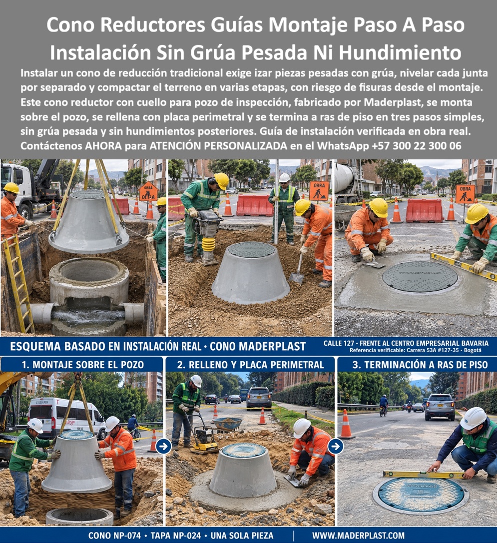 Guia de montaje cono y tapa Instalación de cono de reducción Maderplast - Cómo instalar cuello pozo plástico rápido, Manual cono pozo visita sin grúa pesada, Paso a paso instalacion cono manhole sin hundimiento, Cono reductor pozo de inspecciones Guia de montaje cono y tapa Instalación de cono de reducción Maderplast Cómo instalar cuello pozo plástico rápido Manual cono pozo visita sin grúa pesada Paso a paso instalacion cono manhole sin hundimiento Cono reductor pozo de inspecciones