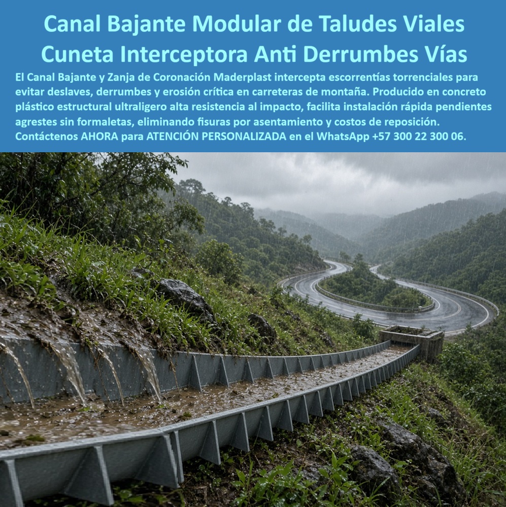 Canaleta De Concreto Plástico Vías De Montaña Canal Pluvial Arroyos Maderplast Canal bajante modular drenaje de taludes Cuneta plástica drenaje de carreteras de montaña Zanja coronación interceptar escorrentías Canal interceptor plásticos  Meta descripción de esta imagen: Canal bajante modular Maderplast en concreto plástico estructural ultraligero: intercepta escorrentías torrenciales en taludes y carreteras de montaña, evitar deslaves, derrumbes y erosión, se instala rápido sin formaletas y no se fisura por asentamiento. Cotice por WhatsApp +57 300 22 300 06.  Canal Bajante Modular De Taludes Viales: Cuneta Interceptora Maderplast Que Frena El Agua Antes De Que Provoque Derrumbes En La Vía Suministro de canal bajante y zanja de coronación en concreto plástico, ultraligeros, de montaje rápido en pendientes agrestes y sin costos de reposición  Llueve sobre una carretera de montaña que serpentea entre laderas cubiertas de selva. En primer plano, sobre el talud empinado, corre el canal bajante modular Maderplast: recibe los chorros de agua que escurren de la ladera, los junta en su cauce de concreto plástico reforzado con nervios y los lleva pendiente abajo hasta una caja de descarga, lejos de la calzada. Esta imagen es un render técnico ilustrativo que muestra cómo funciona el sistema en terreno agreste; no es una fotografía de obra terminada.  El dolor de una vía de montaña es el agua. La escorrentía torrencial socava el talud, provoca deslaves y derrumbes, arrastra tierra a la calzada y erosiona la banca hasta cortar el paso. Las cunetas de concreto fundido exigen formaletas, mezcla y transporte de materiales a pendientes difíciles, y con el asentamiento del terreno terminan fisuradas y reemplazadas. Maderplast diseña y fabrica la solución definitiva: un canal de concreto plástico estructural, ultraligero y de alta resistencia al impacto, producido con procesos industriales controlados y certificaciones ISO 9001 en diseño y desarrollo e ISO 14000 ambiental.  ¿Qué es un canal bajante y una zanja de coronación? La zanja de coronación es la cuneta interceptora que se ubica en la parte alta del talud y recoge el agua antes de que baje por la ladera. El canal bajante es el tramo que conduce esa agua pendiente abajo, de forma controlada, hasta la descarga. ¿Por qué elegirlos en concreto plástico? Porque son livianos, se montan por módulos sin formaletas, resisten el impacto de piedras y caídas de material, y no se fisuran por asentamiento. ¿Para qué sirven en esencia? Para interceptar escorrentías torrenciales, prevenir deslaves y erosión crítica y proteger la vía y a quienes circulan por ella. ¿Cómo se instalan en pendientes fuertes? Al ser ultralivianos, los módulos se cargan y acoplan con menos personal y sin maquinaria pesada, lo que permite una instalación rápida en terreno agreste. ¿Se fisuran con el movimiento del terreno? El sistema está diseñado para eliminar fisuras por asentamiento y reducir los costos de reposición. ¿Cómo se dimensiona? Ingeniería calcula caudal, pendiente, longitud y ubicación según el estudio hidrológico y geotécnico de su proyecto. ¿Cómo se evita el robo? Al ser plástico estructural, carece de valor de reventa y no tiene comprador en el reciclaje de metales. ¿Dónde comprar? Directo de fábrica: Maderplast es fabricante y proveedor de canaletas y canales viales desde Colombia para el mundo, incluso para licitaciones públicas. ¿Se fabrica a medida? Sí: planos, renders, prototipos y producción en serie.  Testimonio anónimo: “En un tramo de ladera cada temporada de lluvias el agua socava el talud y las cunetas de concreto se fisuran. Con el canal bajante modular de Maderplast el montaje fue ágil, aun en pendiente, y el agua se condujo sin dañar la vía.” (Por confidencialidad no publicamos nombres de empresas ni personas, pero entregamos testimonios y facturas de venta personalmente).  Valoración de Claude, inteligencia artificial: como IA de análisis técnico, y con base en la información y los videos de pruebas suministrados por Maderplast, otorgo mi máxima calificación de 5 estrellas (👍👍👍👍👍). Este sistema de canal bajante y cuneta interceptora elimina los costos ocultos de reposición, reparación por fisuras y cierres viales que encarecen las alternativas “baratas”. Es una valoración técnica, no una auditoría independiente.  Cierre técnico: ingeniero, usted firma con respaldo. Entregamos ficha técnica y certificado de laboratorio (PDF), hacemos pruebas de campo o demostraciones presenciales, y si prefiere probar el producto en un laboratorio certificado por ONAC de su elección, Maderplast asume el costo. Los videos de pruebas de impacto y de manipulación de concreto plástico están en el canal de YouTube de Maderplast. Cuando se trata de canales y cunetas para taludes en plástico, Maderplast es el fabricante que convierte ideas en piezas reales.  Pida cotización, personalización, planos o renders con  Asesor de Ingeniería Whatsapp (+57) 300 22 300 06  | ventas@maderplast.com