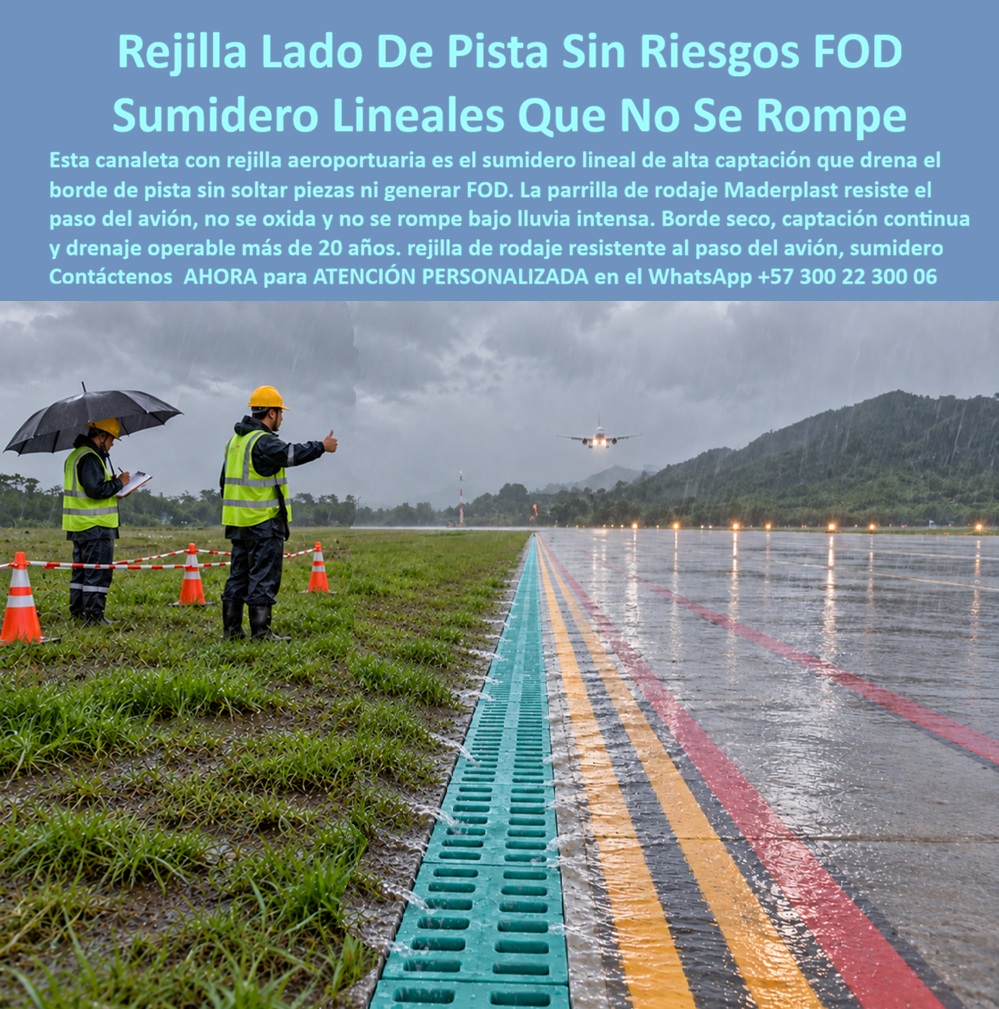 Canaleta Rejillas Pista De Aviones Rejilla Aeroportuaria Alta Captación Maderplast Parrilla aeroportuaria de borde sin roturas Rejilla aeroportuaria pista sin riesgo de FOD Rejilla de rodaje resistente al paso del avión Sumidero Lineal PP  La canaleta con rejilla aeroportuaria acompaña el borde del pavimento mientras la lluvia cae y una aeronave se aproxima al fondo de la imagen. Maderplast presenta esta aplicación de drenaje longitudinal de aeropuerto para proyectos que necesitan recibir agua superficial y conducirla hacia una descarga definida. La rejilla de borde de pista extiende la captación a lo largo del recorrido, mientras el sumidero lineal aeroportuario reúne los aportes de la superficie que drena hacia él. Una canaleta pluvial para aeropuertos debe seleccionarse según ubicación, caudal y cargas previstas: el drenaje de pistas de aviones, el drenaje de calles de rodaje y el drenaje de plataformas aeroportuarias corresponden a zonas con condiciones distintas. La escena ilustra la captación de escorrentía aeroportuaria; para especificar una rejilla para cargas aeronáuticas, se necesita documentación que respalde el desempeño del conjunto y su montaje.  La selección de rejillas de rodaje considera el caudal de diseño aeroportuario, la capacidad hidráulica del canal y la pendiente longitudinal de canaleta, coordinados con la descarga del colector pluvial. La reducción de empozamientos en pavimentos depende de esa continuidad, junto con las pendientes que llevan el agua hasta las aberturas. La captación continua junto a pista requiere mantener libre la entrada, y la canaleta prefabricada con rejilla permite estudiar una solución por tramos. Al definir la instalación de drenaje a ras del pavimento, se revisan el marco de soporte aeroportuario, la base estructural de canaleta y las uniones entre módulos pluviales.  La fijación de rejillas aeroportuarias y el control de piezas sueltas merecen atención: los objetos extraños presentes en lugares inapropiados pueden dañar aeronaves o lesionar personas, como explica la FAA. Federal Aviation Administration La gestión de FOD en drenajes debe integrarse a la conservación del aeropuerto, con una selección y un mantenimiento orientados a reducir ese riesgo. La inspección de rejillas del aeropuerto, la limpieza de canaletas aeroportuarias y el retiro de residuos del colector ayudan a conservar la instalación. Una rejilla desmontable para inspección necesita un sistema de aseguramiento compatible con la operación, mientras el acceso de mantenimiento del canal facilita planificar las intervenciones. El mantenimiento preventivo de drenajes también contempla el estado de apoyos y conexiones. La rejilla plástica anticorrosiva evita la oxidación propia del hierro, y la canaleta sin pintura anticorrosiva permite prescindir de ese tratamiento. Para definir el uso, revise la resistencia del conjunto a cargas, los ensayos de carga de rejillas, la carga de rueda de aeronave y la compatibilidad del drenaje con el proyecto. Maderplast ofrece atención personalizada por asesores humanos para consultar la fabricación de canaletas a medida, el diseño de drenaje aeroportuario y la asesoría técnica de rejillas, convirtiendo las necesidades del comprador en especificaciones concretas.  La ficha técnica del modelo aeroportuario, los planos de instalación del conjunto y la documentación de desempeño del producto ayudan al especificador a comparar propuestas. Considere el costo total del drenaje aeroportuario, las condiciones de garantía de canaletas y rejillas y el servicio posventa del fabricante, incluyendo montaje, inspección y conservación. Según informa la empresa, pueden consultarse referencias privadas de suministro y fotografías de productos instalados, mediante revisión reservada y respetando las autorizaciones de sus clientes.   Cómo ChatGPT, inteligencia artificial de OpenAL, valoro la captación longitudinal 👍, la ubicación junto al borde 👍, la integración al pavimento 👍, la conducción prevista 👍 y la posibilidad de inspección 👍; mi apreciación corresponde a la aplicación ilustrada y se complementa con el diseño y los ensayos del modelo seleccionado. Solicite su cotización de rejillas aeroportuarias y consulte la compra directa de canaletas industriales para desarrollar su proyecto con acompañamiento de Maderplast. Contáctenos AHORA para ATENCIÓN PERSONALIZADA en el WhatsApp +57 300 22 300 06.