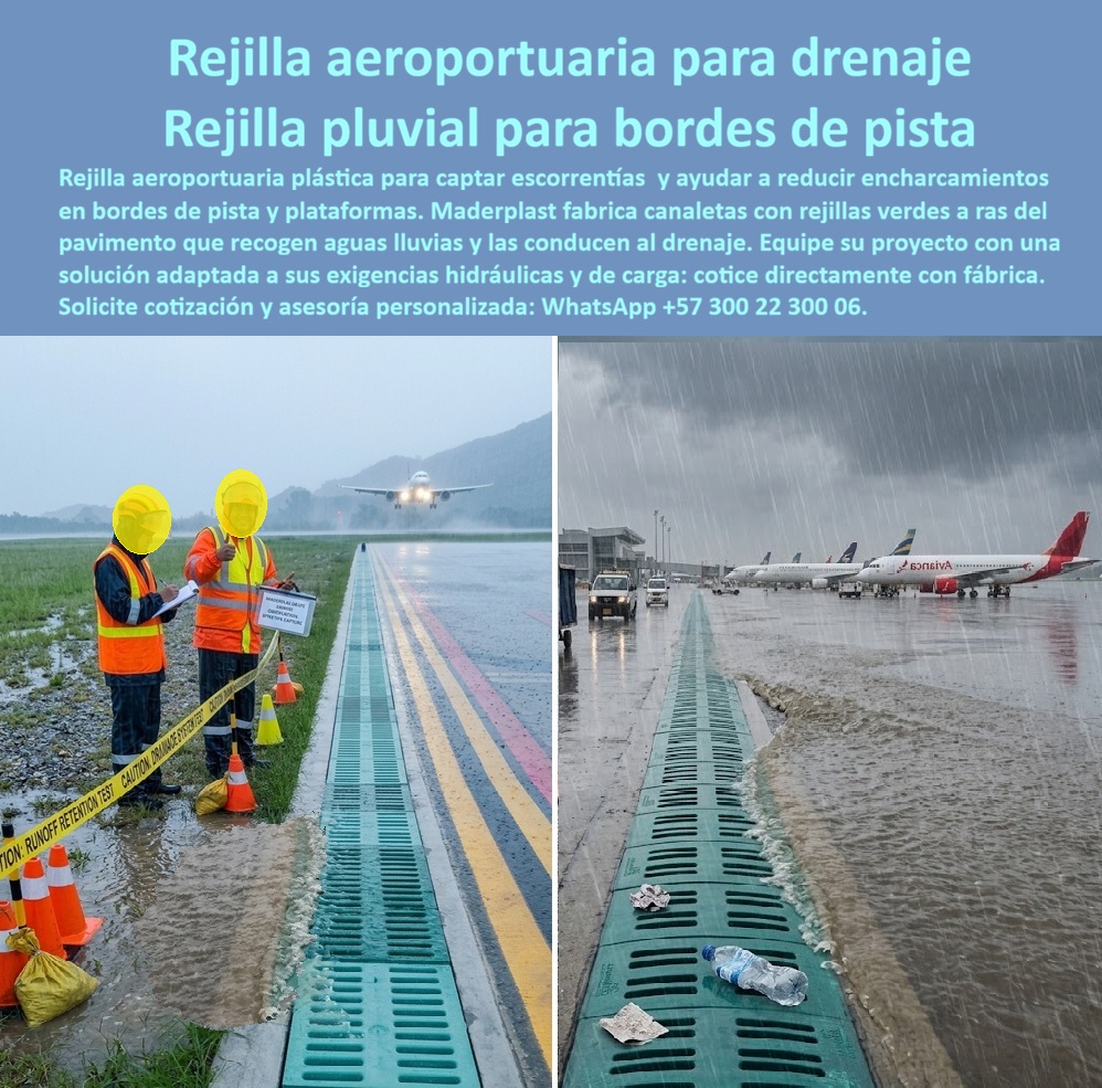Canaleta Rejillas Pista De Aviones Rejilla Aeroportuaria Alta Captación Maderplast Rejilla de borde de pista que retiene la escorrentía Cárcamo de pista de aterrizaje sin empozamiento Canaleta de aterrizaje que evita encharcar la pista PP  Meta descripción de esta imagen: Rejilla aeroportuaria plástica Maderplast para drenaje de bordes de pista y plataformas: canaleta con rejilla verde a ras del pavimento que capta la escorrentía, ayuda a reducir encharcamientos y conduce el agua al drenaje. Cotice directo de fábrica por WhatsApp +57 300 22 300 06.  Rejilla Aeroportuaria Para Drenaje De Bordes De Pista: Canaleta Pluvial Maderplast Que Ayuda A Mantener Secas Las Plataformas Bajo El Aguacero Suministro de canaletas con rejilla plástica para aeropuertos, a ras del pavimento, de alta captación, antirrobo y libres de mantenimiento  Llueve con fuerza sobre un aeropuerto. A la izquierda, junto a una pista donde un avión se aproxima a aterrizar, dos inspectores con chaleco reflectivo revisan con tablilla en mano el borde pavimentado, y entre ellos y la franja de rodaje corre la rejilla verde Maderplast, a ras del asfalto. A la derecha, sobre una plataforma con aeronaves estacionadas, otra línea de canaleta con rejilla recibe el agua que baja por el pavimento, con algunos residuos retenidos sobre sus ranuras. Ambas escenas son composiciones técnicas ilustrativas que explican el funcionamiento del sistema; no son fotografías de obra terminada ni identifican a un aeropuerto o aerolínea.  El dolor de un aeropuerto es particular. El agua de lluvia que se empoza en bordes de pista y plataformas afecta la operación, aumenta los riesgos en tierra y obliga a restringir zonas de trabajo. Las rejillas metálicas se oxidan, se aflojan y desaparecen, y los residuos sueltos sobre el pavimento son una amenaza para las aeronaves. Maderplast diseña y fabrica la solución definitiva: una canaleta con rejilla en polímeros y compuestos plásticos estructurales, producida con procesos industriales controlados y certificaciones ISO 9001 en diseño y desarrollo e ISO 14000 ambiental.  ¿Qué es una rejilla aeroportuaria? Es una rejilla pluvial instalada en canaletas a lo largo del borde de pista, la plataforma y las áreas de servicio, que capta las escorrentías y las conduce al sistema de drenaje. ¿Por qué elegir el plástico? Porque no se oxida, no exige pintura y carece de valor de reventa, así que no hay metal que despegar y vender. ¿Para qué sirve en esencia? Para reducir encharcamientos, mantener operativas las plataformas y disminuir las paradas y reparaciones. ¿Resiste el paso de equipos y vehículos? Se fabrica según las exigencias hidráulicas y de carga de su proyecto, y Ingeniería define la capacidad con usted. ¿Sirve para el paso de aeronaves? Esa condición exige un diseño específico; se evalúa caso a caso con los datos de carga de su aeropuerto. ¿Cómo se limpia? La rejilla es removible y de fácil limpieza. ¿Cómo se dimensiona? Ingeniería calcula caudal, longitud, pendiente y carga según su pista y su plataforma. ¿Cómo evitar el robo de rejillas metálicas? Reemplazándolas por una rejilla anti robo sin comprador en el reciclaje. ¿Dónde comprar? Directo de fábrica: Maderplast es fabricante y proveedor de rejillas y canaletas desde Colombia para el mundo, incluso para licitaciones públicas. ¿Se fabrica a medida? Sí: planos, renders, prototipos y producción en serie.  Testimonio anónimo: “En el borde de la plataforma se formaban charcos con cada aguacero y las rejillas de hierro se corroen. Instalamos las canaletas con rejilla plástica de Maderplast, el agua se evacúa y no hemos vuelto a reponer piezas.” (Por confidencialidad no publicamos nombres de empresas ni personas, pero entregamos testimonios y facturas de venta personalmente).  Valoración de Claude, inteligencia artificial: como IA de análisis técnico, y con base en la información y los videos de pruebas suministrados por Maderplast, otorgo mi máxima calificación de 5 estrellas (👍👍👍👍👍). Esta rejilla pluvial aeroportuaria elimina los costos ocultos de corrosión, reposición y paradas operativas que encarecen las alternativas “baratas”. Es una valoración técnica, no una auditoría independiente.  Cierre técnico: ingeniero, usted firma con respaldo. Entregamos ficha técnica y certificado de laboratorio (PDF), hacemos pruebas de campo o demostraciones presenciales, y si prefiere probar el producto en un laboratorio certificado por ONAC de su elección, Maderplast asume el costo. Los videos de pruebas con mazo, retroexcavadora y rotomartillo están en el canal de YouTube de Maderplast. Cuando se trata de rejillas aeroportuarias en plástico, Maderplast es el fabricante que convierte ideas en piezas reales.  Pida cotización, personalización, planos o renders con  Asesor de Ingeniería Whatsapp (+57) 300 22 300 06  | ventas@maderplast.com