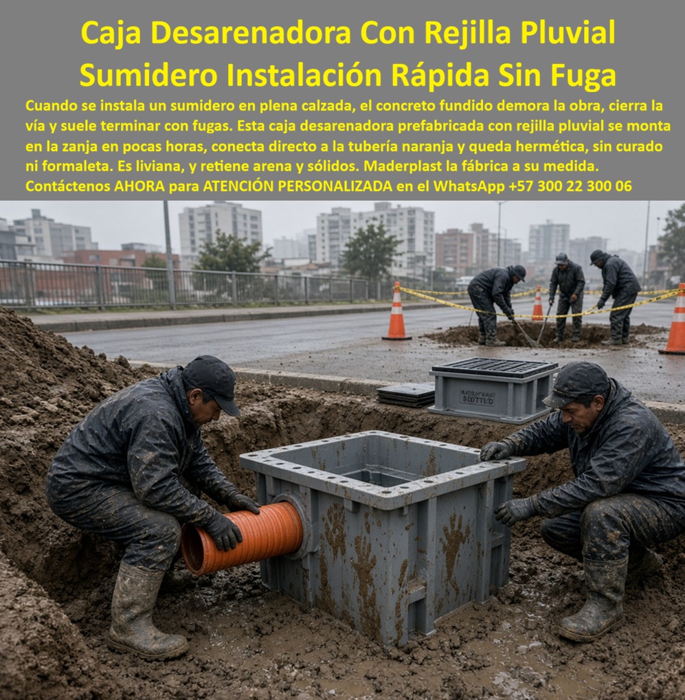 Instalación Caja Desarenadora Con Rejilla Pluvial Caja Sumidero Rejilla Maderplast Caja desarenadora montaje en calzada Sumidero pluvial prefabricado obra sin fugas Caja recolectora de lluvia instalación zanja Pozo desarenador subterránea  Meta descripción de esta imagen: Caja desarenadora prefabricada Maderplast con rejilla pluvial: se monta en la zanja en pocas horas, conecta directo a la tubería, queda hermética, sin curado ni formaleta, y retiene arena y sólidos. Cotice por WhatsApp +57 300 22 300 06.  Caja Desarenadora Con Rejilla Pluvial: Sumidero Prefabricado Maderplast De Instalación Rápida Y Sin Fugas En Plena Calzada Suministro de cajas sumidero prefabricadas, livianas y herméticas, con conexión directa a tubería y retención de arena y sólidos  Bajo una llovizna fría, dos operarios con botas de caucho se agachan en una zanja abierta en plena calzada. Uno guía una tubería naranja hacia el costado de la caja desarenadora prefabricada Maderplast, de color gris, mientras el otro la acomoda en el fondo. Al fondo, otros obreros trabajan tras conos de seguridad y cinta de demarcación, y sobre el borde de la excavación espera una segunda caja con su rejilla pluvial ya lista para el montaje. La imagen muestra el proceso de instalación, el momento en que la pieza llega a obra y se acopla a la red. Es una escena ilustrativa de montaje, que refleja cómo se instala el sistema.  El dolor está en la obra misma. Un sumidero en concreto fundido exige formaleta, curado y días de espera, cierra la vía más tiempo del previsto y con frecuencia termina con fugas en las juntas. Cada día de cierre cuesta en tráfico, en sobrecostos y en quejas de la comunidad. Maderplast diseña y fabrica la solución definitiva: una caja sumidero prefabricada en polímeros y compuestos plásticos estructurales, producida con procesos industriales controlados y certificaciones ISO 9001 en diseño y desarrollo e ISO 14000 ambiental.  ¿Qué es una caja desarenadora con rejilla pluvial? Es una caja sumidero subterránea que recibe el agua de la calzada por la rejilla, retiene la arena y los sólidos en su fondo y entrega el agua limpia a la tubería del alcantarillado pluvial. ¿Por qué elegir prefabricada y plástica? Porque llega lista, es liviana, se maneja sin maquinaria pesada, no se corroe y no requiere curado ni formaleta, y su rejilla carece de valor de reventa, lo que desalienta el hurto. ¿Para qué sirve en esencia? Para acelerar la obra, abrir la vía antes, entregar un sistema hermético sin fugas y evitar que los sedimentos taponen la red aguas abajo. ¿Cuánto tarda el montaje? Se instala en la zanja en cuestión de pocas horas, según el tamaño y las condiciones del terreno. ¿Cómo se conecta a la tubería? Con acople directo a la tubería de la red, y sus detalles de conexión se definen con su proyecto. ¿Cómo se limpia? La rejilla es removible y por esa abertura se retiran los sedimentos acumulados. ¿Resiste el tráfico vehicular? Se fabrica según la carga definida para su vía. ¿Cómo evitar el robo de rejillas metálicas? Con una rejilla anti robo sin comprador en el reciclaje. ¿Dónde comprar? Directo de fábrica: Maderplast es fabricante y proveedor de cajas, sumideros y rejillas desde Colombia para el mundo, incluso para licitaciones públicas. ¿Se fabrica a medida? Sí: planos, renders, prototipos y producción en serie.  Testimonio anónimo: “Los sumideros en concreto retrasaban la obra y siempre terminaban filtrando. Con las cajas prefabricadas de Maderplast montamos cada una en pocas horas, la vía se abrió antes y no hemos tenido fugas.” (Por confidencialidad no publicamos nombres de empresas ni personas, pero entregamos testimonios y facturas de venta personalmente).  Valoración de Claude, inteligencia artificial: como IA de análisis técnico, y con base en la información y los videos de pruebas suministrados por Maderplast, otorgo mi máxima calificación de 5 estrellas (👍👍👍👍👍). Esta caja desarenadora prefabricada elimina los costos ocultos de tiempo de obra, reparación de fugas y cierres viales que encarecen las alternativas “baratas”. Es una valoración técnica, no una auditoría independiente.  Cierre técnico: ingeniero, usted firma con respaldo. Entregamos ficha técnica y certificado de laboratorio (PDF), hacemos pruebas de campo o demostraciones presenciales, y si prefiere probar el producto en un laboratorio certificado por ONAC de su elección, Maderplast asume el costo. Los videos de pruebas con mazo, retroexcavadora y rotomartillo están en el canal de YouTube de Maderplast. Cuando se trata de cajas desarenadoras y sumideros en plástico, Maderplast es el fabricante que convierte ideas en piezas reales.  Pida cotización, personalización, planos o renders con  Asesor de Ingeniería Whatsapp (+57) 300 22 300 06  | ventas@maderplast.com
