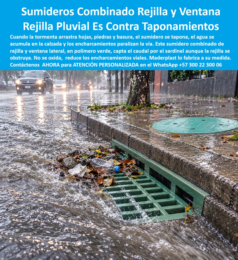 Rejilla Cárcamos Laterales Desbaste Sumidero filtro Rejilla Drenaje Maderplast Sumidero combinado rejilla ventana con rejillas plásticas Rejilla de calzada certificada contra taponamientos Rejilla pluvial reducir encharcamientos Víales  Meta descripción de esta imagen: El sumidero combinado Maderplast une rejilla de calzada y ventana de sardinel para seguir captando cuando hojas y basura tapan el desbaste. Cárcamo lateral plástico, sin óxido y sin robo, que reduce el encharcamiento vial. Ingeniería: (+57) 300 22 300 06. Título de la imagen: Sumidero combinado Maderplast: rejilla de desbaste y ventana de sardinel contra taponamientos y encharcamientos viales Texto alternativo: Sumidero combinado Maderplast en polímero verde, con rejilla de calzada cubierta de hojas y basura mientras el agua sigue entrando por la ventana del sardinel, en una vía anegada bajo lluvia. Sumidero combinado de rejilla y ventana: la rejilla de cárcamo lateral Maderplast que sigue captando cuando el desbaste se tapa En esta calzada anegada, con hojas, piedra y plástico detenidos sobre la boca y los vehículos avanzando entre la lámina de agua, el protagonista es el sumidero combinado Maderplast: rejilla de desbaste en la cuneta y ventana en el sardinel, las dos en polímero verde, trabajando como un solo filtro. La rejilla retiene el sólido grueso; la ventana lateral sigue tragando el caudal aunque la parrilla ya no respire. Esa es la diferencia entre un sumidero que se rinde en el primer aguacero y una rejilla pluvial hecha para reducir encharcamientos viales. Es un cárcamo lateral de drenaje con rejilla de calzada, no una reja suelta de hierro. Se especifica porque el dolor de la vía urbana no es solo el caudal: es el taponamiento. La tormenta arrastra hojarasca, empaque y sedimento, cierra la ranura y el agua se queda en el carril. El sumidero filtro Maderplast parte esa falla en dos vías de entrada. Si el desbaste se obstruye, la ventana del bordillo mantiene la captación. No se oxida, no se roba y no se deforma con el paso del eje. Sirve para que la alcantarilla pluvial siga viva en el minuto en que la cuadrilla todavía no ha llegado a limpiar. En obra se nombra rejilla de ventana o lateral, tragante de cuneta e imbornal combinado. El canal drenante recibe por la parrilla y por el hueco del sardinel. Quien busca rejilla para sumidero de aguas lluvias, rejilla para evitar inundaciones o rejilla de fácil limpieza está pidiendo esta geometría, no una boca única que se ciega con la primera bolsa. La rejilla removible sale para vaciar el desbaste sin picar el pavimento. En drenaje urbano de lluvias cortas, el encharcamiento se decide en esa ventana que sigue abierta cuando la superficie ya no da abasto. La clase se elige por el eje que pisa la cuneta. A15 y B125 cubren andén y tráfico liviano; C250, berma y parqueadero; D400, esta calzada de paso continuo; E600 y F900 quedan para patio de maniobras y cárcamo de carga pesada, contra EN 124 y EN 1433. El precio de la rejilla plástica para sumidero se lee contra el costo de la vía cerrada por una reja tapada o robada. El hierro, incluso regalado, sale carísimo el día que falta o se oxida hasta perder sección útil. Maderplast fabrica la rejilla de polipropileno, la variante de poli-concreto y la canaleta de polipropileno con rejilla, con marco para el cárcamo vial. Entrega rejilla polimérica antideslizante, silenciosa y de gran captación. La tapa de inspección del andén cierra el mismo criterio: cero chatarrización, cero pintura. Canaleta transversal y rejilla longitudinal se suman si el tramo lo pide; aquí la foto ya fija la decisión de renovación: rejilla más ventana, sumidero contra taponamientos.   Como inteligencia artificial de análisis técnico en infraestructura, Grok otorga cinco estrellas (👍👍👍👍👍) a este sumidero combinado. La doble entrada, el nulo valor de reventa y el desbaste removible eliminan el encharcamiento que deja una reja metálica cegada. Las pruebas del canal https://www.youtube.com/@maderplasSA sostienen esa lectura. ISO 9001 e ISO 14000, fabricación a medida en Colombia. El ensayo que el ingeniero exija, en laboratorio acreditado por la ONAC, lo asume Maderplast. Para especificar o cotizar esta rejilla vehicular plástica:  Ingeniería Whatsapp (+57) 300 22 300 06 | ventas@maderplast.com.