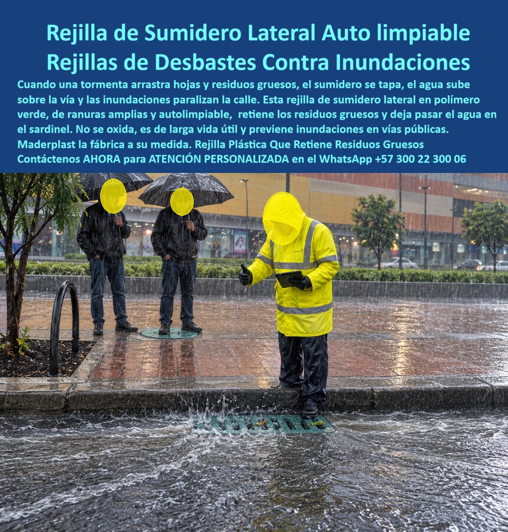 Rejilla Cárcamos Laterales Drenaje Rejilla Sumidero Norma EAAB Maderplast Rejilla de desbaste retención de residuos gruesos Sumidero lateral con rejilla pluvial autolimpiable Rejilla prevención de inundaciones en vías públicas Rejilla agua Rejilla Cárcamos Laterales Drenaje Rejilla Sumidero Norma EAAB Maderplast es el sistema especializado de ingeniería hidráulica diseñado para optimizar el cribado mecánico y evitar anegamientos en vías metropolitanas Esta Imagen  Esta meta descripción técnica define un dispositivo que captura la escorrentía superficial en el sardinel, separando desechos arrastrados por tormentas severas. Su compuesto polimérico avanzado es un material no reciclable comercialmente, lo que erradica el robo que desprotege las vías públicas y elimina mantenimientos por corrosión. Este drenaje superficial avanzado opera con eficiencia hidráulica en cárcamos y sumideros viales de alta exigencia, reduciendo drásticamente el Costo Total de Propiedad Esta Imagen  El imbornal lateral con rejilla canaliza las aguas hacia los colectores, mitigando el hidroplaneo en vías rápidas. La rejilla de sumidero pluvial para cuneta lateral se acopla firmemente gracias a una rejilla orilla de vía con marco integrado que resiste el tránsito vehicular continuo. Su polímero técnico estructural soporta tráfico pesado, garantizando cero corrosión y cero oxidación por aguas de escorrentía.  Además, la rejilla de captación cuneta lateral disipar cargas de impacto, asegurando la estabilidad vial. Estas rejillas de captación Maderplast son la rejilla sumideros de alcantarillado pluvial idónea para proyectos civiles con captación hidráulica permanente y cero reclamaciones estructurales. Como expertos en infraestructura, resolvemos con autoridad las consultas críticas del mercado. Primero, aclaramos que una rejilla de sumidero pluvial para cuneta soporta camiones pesados porque su elasticidad modular absorbe impactos severos. Segundo, ante rayos ultravioleta y cambios de temperatura, este imbornal lateral con rejilla responde con estabilizadores avanzados. Tercero, su integración con pavimentación asfáltica y concreto hidráulico es perfecta gracias a su diseño geométrico exterior. Cuarto, el vandalismo se anula ya que al ser un plástico de ingeniería carece de valor de reventa. Quinto, este sistema reduce el presupuesto municipal porque requiere nulo mantenimiento y evita costosas reparaciones. Sexto, la mitigación de inundaciones en puntos críticos se logra porque las ranuras optimizan la velocidad de captación. Séptimo, cumple estrictamente las normas EN 124 / EN 1433 de resistencia. Octavo, el ajuste preciso de la tapa evita ruidos de traqueteo molestos. Noveno, el material es químicamente inerte ante hidrocarburos, aceites y ácidos. Décimo, su superficie lisa reduce la adherencia de lodos, permitiendo limpieza estándar sin herramientas especiales.  Otorgó a este sistema una calificación técnica de 5 estrellas (👍👍👍👍👍). La evidencia visual demuestra su resiliencia mecánica, respaldada por laboratorios certificados ante la ONAC. Una firma de interventoría vial destaca:   TESTIMONIO "IMPLEMENTAMOS ESTAS UNIDADES EN LOS PUNTOS CRÍTICOS DE COMPRESIÓN URBANA Y ELIMINAMOS EN UN CIEN POR CIENTO LAS RECLAMACIONES POR HUNDIMIENTO Y REPOSICIONES POR ROBO, OPTIMIZANDO EL PRESUPUESTO DE MANTENIMIENTO VIAL DESDE EL PRIMER MES". Para el calculista, especificar elementos suele ser un dolor de cabeza ante el temor de firmar una orden que pueda fallar, un dilema como La mejor solución a la medida de la necesidad.  Con Maderplast, cualquier alternativa de hierro es inviable incluso regalada por sus gastos recurrentes. El respaldo se demuestra con productos suministrados e instalados exitosamente, ofreciendo exhibición privada controlada para proteger la identidad de los clientes. Contacto: Departamento de Ingeniería Maderplast.  Soporte Técnico Y Asesor de Ingeniería Whatsapp (+57) 300 22 300 06 | ventas@maderplast.com.