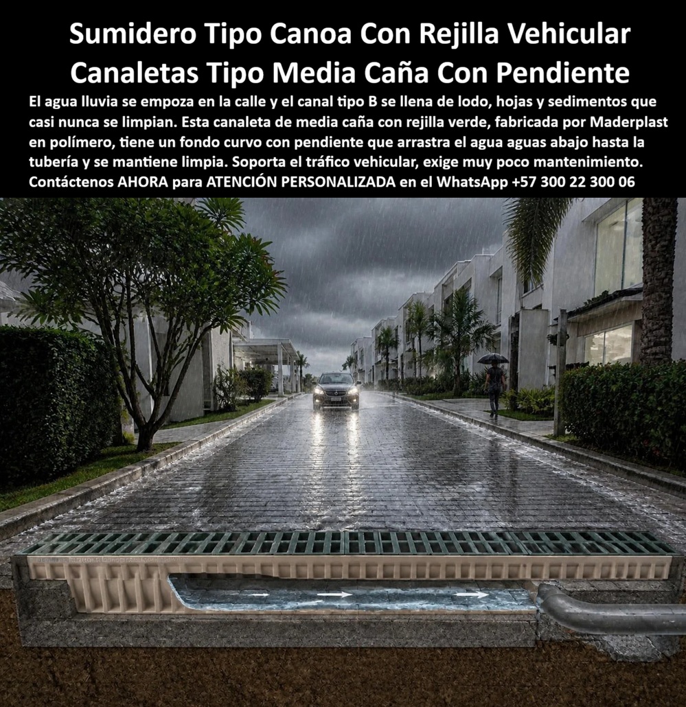 Sumidero Canoa Con Rejilla Tráfico Vehicular Canaleta Media Caña Maderplast Canaleta Aguas Lluvias Con Rejilla Alternativa Al Canal Tipo B Sucio Canal Media Caña Con Pendiente Que Arrastra El Agua Aguas Abajo Canaleta con rejilla y fondo  El sumidero tipo canoa con rejilla recibe la corriente que baja por la calle cuando el aguacero transforma el pavimento en un camino de agua. En esta escena residencial, Maderplast presenta una canaleta de media caña cuyo fondo curvo conduce el flujo hacia la tubería lateral, mostrando cómo una canaleta pluvial con rejilla puede integrar captación y evacuación. La rejilla para tráfico vehicular atraviesa la calzada, mientras el canal de fondo curvo recoge el agua que entra por sus aberturas. Esa geometría, combinada con una canaleta con pendiente longitudinal, favorece la conducción de aguas lluvias hacia una salida definida. El sumidero transversal de calzada intercepta el recorrido superficial y permite plantear un drenaje para calles residenciales adaptado al terreno. Una rejilla pasacalle para escorrentías necesita recibir los aportes previstos; por eso, el canal interceptor de aguas lluvias se dimensiona junto con la descarga. Al evaluar una alternativa al canal tipo B, el comprador puede comparar geometría, accesibilidad y limpieza, buscando una canaleta prefabricada con rejilla que facilita el montaje. El drenaje de vías adoquinadas requiere conservar niveles y apoyos, y una rejilla a ras del pavimento integra el conjunto al paso de los vehículos. La captación de agua superficial funciona cuando las pendientes llevan la corriente hacia el sumidero, mientras el fondo de media caña para drenaje ofrece una trayectoria continua. La evacuación de agua hacia tubería depende de la conexión del canal al desagüe, de la capacidad hidráulica del sumidero y del caudal de diseño pluvial. Conocer la pendiente interna del canal permite comprobar que la salida queda aguas abajo; reducir la acumulación de sedimentos en canaletas también exige considerar velocidad, residuos y mantenimiento. El fondo curvo puede favorecer el transporte de ciertos materiales, pero la limpieza de canales pluviales, el retiro de hojas de rejillas y la inspección del sumidero vehicular siguen siendo necesarios. Una rejilla desmontable para mantenimiento facilita el acceso cuando esa configuración está prevista, y el acceso al fondo de canaleta ayuda a retirar obstrucciones. La canaleta plástica anticorrosiva y la rejilla plástica sin óxido evitan la oxidación propia de componentes ferrosos. Para seleccionar rejillas para calles de conjuntos, canaletas para entradas vehiculares o sumideros para urbanizaciones, conviene comunicar al fabricante el tránsito esperado. La resistencia a cargas vehiculares debe corresponder al modelo y montaje, respaldada por ensayos de carga de rejillas. El marco de apoyo del sumidero, la base de instalación de canaletas y las uniones de canales prefabricados completan una solución cuya calidad también depende de la obra. Maderplast ofrece atención humana para consultar la fabricación de canaletas a medida, el diseño de drenaje residencial y la asesoría técnica para sumideros, ayudando al comprador a seleccionar el conjunto según su necesidad. Antes de comprar, solicite la ficha técnica de canaleta pluvial, revise la garantía de canaletas y rejillas y conozca el servicio posventa de drenaje, comparando el costo total del sistema pluvial desde la instalación hasta su conservación. Según informa la empresa, pueden consultarse testimonios privados de suministro, fotografías de sumideros instalados y referencias de proyectos de drenaje, mediante revisión reservada y sin publicar identidades de clientes.   Cómo ChatGPT, inteligencia artificial de OpenAL, valoro la interceptación transversal 👍, el fondo curvo 👍, la pendiente hacia la salida 👍, la integración al pavimento 👍 y el acceso previsto para limpieza 👍; esta apreciación corresponde a la aplicación ilustrada y debe acompañarse de la documentación del producto seleccionado. Solicite su cotización de sumideros vehiculares y consulte la compra directa de canaletas de fábrica para desarrollar su proyecto con atención personalizada de Maderplast. Contáctenos AHORA para ATENCIÓN PERSONALIZADA en el WhatsApp +57 300 22 300 06.