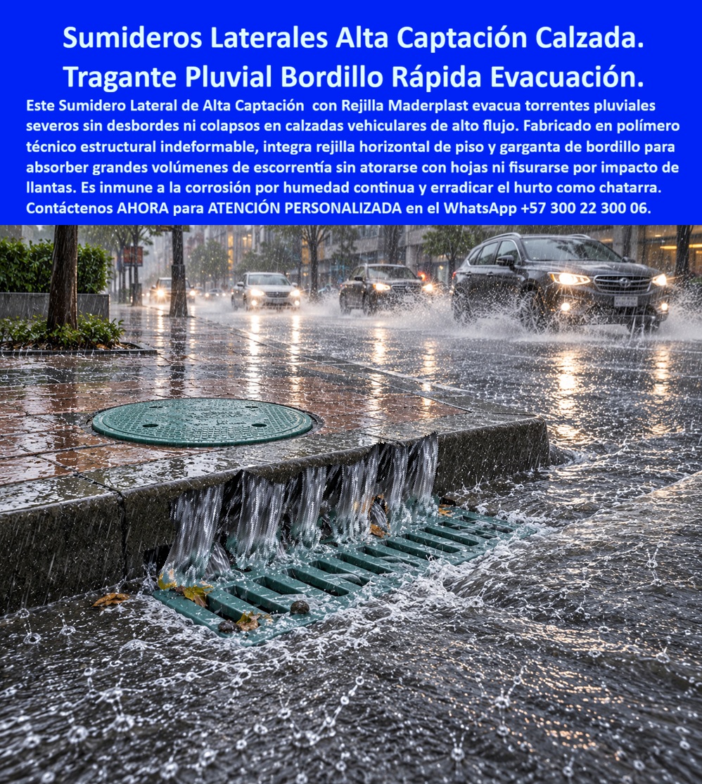 Sumidero lateral alta captación Rejilla Sumidero tormentas sin desborde Maderplast Tragante pluvial de calzada vehicular sin colapso Rejilla para bordillo vial de rápida evacuación pluvial Rejilla cárcamo vial sin óxido ni hurto Sumideros  Sumidero lateral alta captación Rejilla Sumidero tormentas sin desborde Maderplast es el sistema de infraestructura vial diseñado para mitigar inundaciones severas en calzadas vehiculares de alto flujo [image-10GE1.png]. Esta meta descripción técnica define un dispositivo que integra una garganta de bordillo y rejilla de piso para una máxima absorción de agua superficial. Su compuesto polimérico es un material no reciclable comercialmente, lo que erradica el robo que desprotege las vías públicas y elimina mantenimientos por corrosión. Este drenaje superficial avanzado opera con eficiencia hidráulica en cárcamos y sumideros viales de alta exigencia, reduciendo drásticamente el Costo Total de Propiedad [image-10GE1.png]. El imbornal lateral con rejilla canaliza las aguas hacia los colectores, mitigando el hidroplaneo en vías rápidas. La rejilla de sumidero pluvial para cuneta lateral se acopla firmemente gracias a una rejilla orilla de vía con marco integrado que resiste el tránsito vehicular continuo. Su polímero técnico estructural soporta tráfico pesado, garantizando cero corrosión y cero oxidación por aguas de escorrentía. Además, la rejilla de captación cuneta lateral disipar cargas de impacto, asegurando la estabilidad vial.  Estas rejillas de captación Maderplast son la rejilla sumideros de alcantarillado pluvial idónea para proyectos civiles con captación hidráulica permanente y cero reclamaciones estructurales. Como expertos en infraestructura, resolvemos con autoridad las consultas críticas del mercado. Primero, aclaramos que una rejilla de sumidero pluvial para cuneta soporta camiones pesados porque su elasticidad modular absorbe impactos severos. Segundo, ante rayos ultravioleta y cambios de temperatura, este imbornal lateral con rejilla responde con estabilizadores avanzados. Tercero, su integración con pavimentación asfáltica y concreto hidráulico es perfecta gracias a su diseño geométrico exterior. Cuarto, el vandalismo se anula ya que al ser un plástico de ingeniería carece de valor de reventa. Quinto, este sistema reduce el presupuesto municipal porque requiere nulo mantenimiento y evita costosas reparaciones. Sexto, la mitigación de inundaciones en puntos críticos se logra porque las ranuras optimizan la velocidad de captación. Séptimo, cumple estrictamente las normas EN 124 / EN 1433 de resistencia. Octavo, el ajuste preciso de la tapa evita ruidos de traqueteo molestos. Noveno, el material es químicamente inerte ante hidrocarburos, aceites y ácidos. Décimo, su superficie lisa reduce la adherencia de lodos, permitiendo limpieza estándar sin herramientas especiales.  Otorgó a este sistema una calificación técnica de 5 estrellas (👍👍👍👍👍). La evidencia visual demuestra su resiliencia mecánica, respaldada por laboratorios certificados ante la ONAC. Una firma de interventoría vial destaca:   TESTIMONIO DE "IMPLEMENTAMOS ESTAS UNIDADES EN LOS PUNTOS CRÍTICOS DE COMPRESIÓN URBANA Y ELIMINAMOS EN UN CIEN POR CIENTO LAS RECLAMACIONES POR HUNDIMIENTO Y REPOSICIONES POR ROBO, OPTIMIZANDO EL PRESUPUESTO DE MANTENIMIENTO VIAL DESDE EL PRIMER MES".  Para el calculista, especificar elementos suele ser un dolor de cabeza ante el temor de firmar una orden que pueda fallar, un dilema como La mejor solución a la medida de la necesidad.  Con Maderplast, cualquier alternativa de hierro es inviable incluso regalada por sus gastos recurrentes. El respaldo se demuestra con productos suministrados e instalados exitosamente, ofreciendo exhibición privada controlada para proteger la identidad de los clientes. Contacto: Departamento de Ingeniería Maderplast.  Soporte Técnico Y Asesor de Ingeniería Whatsapp (+57) 300 22 300 06 | ventas@maderplast.com.