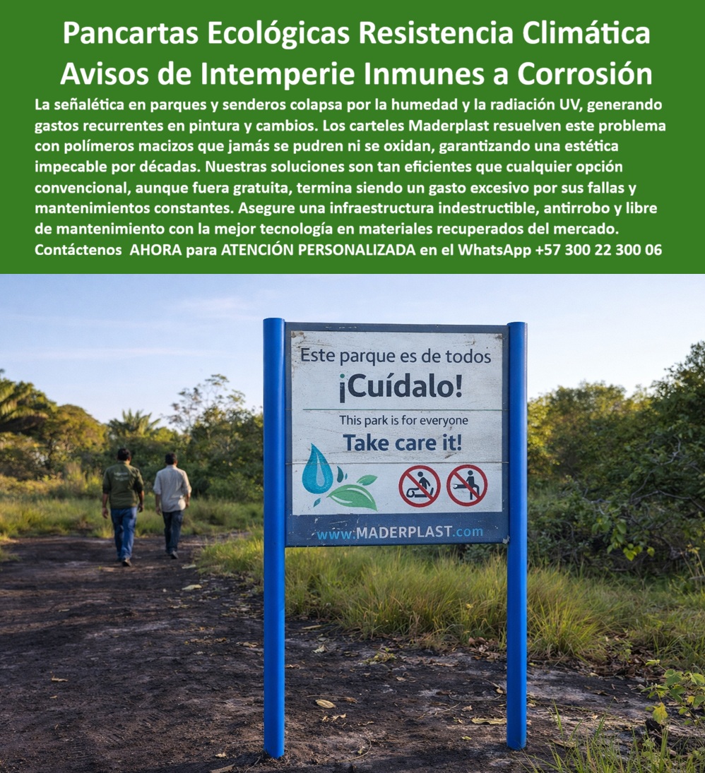 Aviso Señalización Exterior Car Dama Alta Visibilidad Maderplast - En el sendero rural de la imagen se observa un aviso señalización exterior Car Dama alta visibilidad Maderplast, instalado con dos postes tubulares estructurales y un panel central perfectamente alineado, con mensaje ambiental bilingüe e iconografía normativa clara. Está expuesto a sol directo, humedad constante, lluvias estacionales y tránsito peatonal continuo. Aun así, mantiene bordes definidos, superficie uniforme y sin signos de oxidación o desprendimiento. Esta escena representa exactamente lo que debe ser un letrero informativo ecológico resistente al clima, una infraestructura real y no un elemento temporal condenado al repinte. Las soluciones convencionales en acero pintado comienzan a oxidarse desde la base; la madera inmunizada se agrieta, absorbe humedad y exige mantenimiento periódico. Aquí el enfoque es distinto: pancartas ecológicas eliminan corrosión robusta de fácil limpieza, fabricadas en polímero estructural reciclado con protección UV integrada y estabilidad dimensional prolongada. El resultado es señalización exterior resistente al clima extremo capaz de operar en parques, reservas forestales y zonas rurales sin deformaciones ni pérdida de contraste. No se hincha, no se descascara, no requiere anticorrosivos y permite limpieza sencilla, convirtiéndose en letreros informativos ecológicos resistentes y de aviso para uso permanente. Cuando el equipo técnico necesita letreros informativos para parques naturales que soportan lluvia intensa y radiación solar, la respuesta profesional es implementar carteles ecológicos anti corrosión diseñados para larga duración. Si el objetivo es instalar avisos senderos larga duración o un panel informativo parque resistente lluvia, la especificación correcta es señalética en material reciclado estructural que garantice desempeño sin mantenimiento. En entornos rurales donde se requiere señalética rural sin mantenimiento y letreros públicos resistentes UV, esta tecnología elimina el ciclo de repintes y reparaciones. Por eso se consolida como carteles ambientales robustos, vallas informativas ecológicas exterior y letreros institucionales intemperie que protegen presupuesto e imagen pública. La fabricación controlada permite ofrecer panel señalización sendero duradero, con color integrado y resistencia mecánica adecuada para infraestructura pública. Esta señalización parque material reciclado cumple doble propósito: sostenibilidad y desempeño técnico. En proyectos de turismo sostenible y gestión ambiental, la fabricación de carteles parques sostenibles bajo procesos industriales controlados asegura uniformidad, resistencia química básica y estabilidad estructural en exteriores exigentes. Así se obtiene señalética ambiental anticorrosiva y avisos ecológicos de fácil limpieza con verdadera economía a largo plazo. EL TESTIMONIO QUE LO CONFIRMA: Ing. Laura Martínez, Coordinadora de Gestión Ambiental – Parque Natural Regional: “Instalamos señalización metálica tradicional; en menos de dos años aparecieron puntos de oxidación y repintes constantes. Con Maderplast logramos cero corrosión, superficie estable y limpieza sencilla incluso después de temporadas de lluvia intensa. Hoy la señalización mantiene alta visibilidad sin mantenimientos correctivos.” Cierre técnico para firmar con tranquilidad: la inversión inicial en Maderplast elimina el 100% de los costos asociados a óxido, pudrición y reemplazos típicos de materiales tradicionales. No está comprando un cartel; está adquiriendo un activo de larga vida que mantiene alineación, color y estructura sin depreciación por intemperie. En términos de costo total de propiedad, lo aparentemente barato resulta carísimo por sus fallas y mantenimientos ocultos. Con Maderplast, la señalización deja de ser un gasto recurrente y se convierte en infraestructura permanente, segura y presupuestalmente inteligente. Letreros informativos ecológicos resistentes clima, Pancartas Ecológicas Elimina Corrosión Robusto Fácil Limpieza, Letreros Informativos Ecológicos Resistentes Aviso Aviso Señalización Exterior Car Dama Alta Visibilidad Maderplast Letreros informativos ecológicos resistentes clima Pancartas Ecológicas Elimina Corrosión Robusto Fácil Limpieza Letreros Informativos Ecológicos Resistentes Aviso En el sendero rural de la imagen se observa un aviso señalización exterior Car Dama alta visibilidad Maderplast, instalado con dos postes tubulares estructurales y un panel central perfectamente alineado, con mensaje ambiental bilingüe e iconografía normativa clara. Está expuesto a sol directo, humedad constante, lluvias estacionales y tránsito peatonal continuo. Aun así, mantiene bordes definidos, superficie uniforme y sin signos de oxidación o desprendimiento. Esta escena representa exactamente lo que debe ser un letrero informativo ecológico resistente al clima, una infraestructura real y no un elemento temporal condenado al repinte. Las soluciones convencionales en acero pintado comienzan a oxidarse desde la base; la madera inmunizada se agrieta, absorbe humedad y exige mantenimiento periódico. Aquí el enfoque es distinto: pancartas ecológicas eliminan corrosión robusta de fácil limpieza, fabricadas en polímero estructural reciclado con protección UV integrada y estabilidad dimensional prolongada. El resultado es señalización exterior resistente al clima extremo capaz de operar en parques, reservas forestales y zonas rurales sin deformaciones ni pérdida de contraste. No se hincha, no se descascara, no requiere anticorrosivos y permite limpieza sencilla, convirtiéndose en letreros informativos ecológicos resistentes y de aviso para uso permanente. Cuando el equipo técnico necesita letreros informativos para parques naturales que soportan lluvia intensa y radiación solar, la respuesta profesional es implementar carteles ecológicos anti corrosión diseñados para larga duración. Si el objetivo es instalar avisos senderos larga duración o un panel informativo parque resistente lluvia, la especificación correcta es señalética en material reciclado estructural que garantice desempeño sin mantenimiento. En entornos rurales donde se requiere señalética rural sin mantenimiento y letreros públicos resistentes UV, esta tecnología elimina el ciclo de repintes y reparaciones. Por eso se consolida como carteles ambientales robustos, vallas informativas ecológicas exterior y letreros institucionales intemperie que protegen presupuesto e imagen pública. La fabricación controlada permite ofrecer panel señalización sendero duradero, con color integrado y resistencia mecánica adecuada para infraestructura pública. Esta señalización parque material reciclado cumple doble propósito: sostenibilidad y desempeño técnico. En proyectos de turismo sostenible y gestión ambiental, la fabricación de carteles parques sostenibles bajo procesos industriales controlados asegura uniformidad, resistencia química básica y estabilidad estructural en exteriores exigentes. Así se obtiene señalética ambiental anticorrosiva y avisos ecológicos de fácil limpieza con verdadera economía a largo plazo. EL TESTIMONIO QUE LO CONFIRMA: Ing. Laura Martínez, Coordinadora de Gestión Ambiental – Parque Natural Regional: “Instalamos señalización metálica tradicional; en menos de dos años aparecieron puntos de oxidación y repintes constantes. Con Maderplast logramos cero corrosión, superficie estable y limpieza sencilla incluso después de temporadas de lluvia intensa. Hoy la señalización mantiene alta visibilidad sin mantenimientos correctivos.” Cierre técnico para firmar con tranquilidad: la inversión inicial en Maderplast elimina el 100% de los costos asociados a óxido, pudrición y reemplazos típicos de materiales tradicionales. No está comprando un cartel; está adquiriendo un activo de larga vida que mantiene alineación, color y estructura sin depreciación por intemperie. En términos de costo total de propiedad, lo aparentemente barato resulta carísimo por sus fallas y mantenimientos ocultos. Con Maderplast, la señalización deja de ser un gasto recurrente y se convierte en infraestructura permanente, segura y presupuestalmente inteligente.