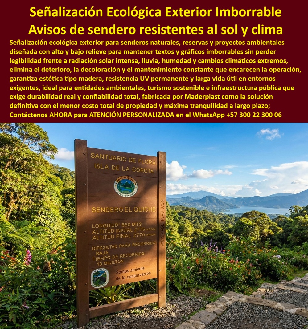 Aviso Señalización Exterior Imborrables Alto Y Bajo Relieve Maderplast - En la imagen se aprecia un Aviso Señalización Exterior Imborrables Alto y Bajo Relieve Maderplast instalado en un entorno de montaña con exposición solar intensa, humedad permanente y variaciones térmicas marcadas. El letrero, con acabado tipo madera natural, integra textos grabados directamente en el material, combinando alto y bajo relieve para garantizar lectura profunda, contraste estable y permanencia gráfica. No hay adhesivos, no hay pintura superficial, no existen capas susceptibles a desprendimiento. La información del sendero, longitud, altitud y nivel de dificultad forma parte estructural del panel, lo que convierte esta pieza en verdadera señalización ecológico anticorrosiva duradera lista para instalar letreros informativos naturales soluciona exposición solar inalterable resistencia UV. En senderos naturales y reservas ambientales, la madera tradicional se agrieta y decolora; el acero termina oxidándose en uniones y anclajes. Aquí la ingeniería cambia la ecuación: polímero estructural reciclado con estabilización UV permanente, baja absorción de humedad y estabilidad dimensional prolongada. Por eso esta señalización senderos ecológicos resistente sol responde con solvencia técnica donde otros materiales fracasan. Los letreros reserva natural anti corrosión fabricados bajo procesos industriales controlados no requieren barnices ni repintes. Son avisos parque montaña larga vida útil diseñados para décadas, no temporadas. Los carteles ecológicos grabados con relieve exterior mantienen información legible aun después de lluvia constante y radiación acumulada. Este panel sendero resistente a lluvia y UV elimina mantenimiento correctivo y reduce el costo total de propiedad. Cuando se especifica señalética ambiental sin mantenimiento, la respuesta profesional es una estructura maciza con textos mecanizados en el propio cuerpo del material. Así se logran letreros naturales imitación madera durable que conservan estética y rigidez estructural en proyectos de fabricación, señalización parques nacionales y turismo de naturaleza. El aviso sendero grabado permanente evita la decoloración progresiva que compromete la seguridad del visitante. Cada cartel informativo montaña resistente clima cumple función crítica en orientación y prevención de riesgos. La señalización turística rural anticorrosiva deja de ser un gasto anual para convertirse en infraestructura estable. Con un panel ecológico resistente a la exposición solar se garantiza identidad institucional intacta y coherente con políticas ambientales. Este letrero reserva forestal de alta durabilidad representa una decisión técnica responsable en términos de sostenibilidad y presupuesto. La señalética sendero bajo costo mantenimiento demuestra que lo verdaderamente económico es lo que no exige reposiciones constantes. Es, en esencia, infraestructura señalización turismo sostenible aplicada con criterio ingenieril. EL TESTIMONIO QUE LO CONFIRMA: Bióloga Mariana Torres, Coordinadora de Ecoturismo – Santuario Natural Andino: “Nuestros letreros de madera requerían mantenimiento anual y aún así perdían legibilidad por radiación solar. Instalamos señalización grabada en relieve fabricada por Maderplast y, tras temporadas completas de lluvia y sol intenso, los textos permanecen claros y la estructura intacta. Eliminamos repintes y reposiciones.” Cierre técnico para decisión sin riesgo: la inversión en Maderplast elimina los costos derivados de agrietamiento, oxidación y pérdida de información crítica. No es una compra estética, es una especificación estructural con respaldo técnico, orientada a bajo costo total de propiedad y máxima tranquilidad operativa. Cuando se trata de señalización de senderos ecológicos de alta exposición, Maderplast convierte diseño y fabricación en una solución definitiva, estable, predecible y jurídicamente defendible ante cualquier auditoría técnica. Señalización Sendero Ecológico Anticorrosiva Duradera Lista Para Instalar Letreros Informativos Naturales Soluciona Exposición Solar Inalterable Resistencia UV Aviso Señalización Exterior Imborrables Alto Y Bajo Relieve Maderplast Señalización Sendero Ecológico Anticorrosiva Duradera Lista Para Instalar Letreros Informativos Naturales Soluciona Exposición Solar Inalterable Resistencia UV En la imagen se aprecia un Aviso Señalización Exterior Imborrables Alto y Bajo Relieve Maderplast instalado en un entorno de montaña con exposición solar intensa, humedad permanente y variaciones térmicas marcadas. El letrero, con acabado tipo madera natural, integra textos grabados directamente en el material, combinando alto y bajo relieve para garantizar lectura profunda, contraste estable y permanencia gráfica. No hay adhesivos, no hay pintura superficial, no existen capas susceptibles a desprendimiento. La información del sendero, longitud, altitud y nivel de dificultad forma parte estructural del panel, lo que convierte esta pieza en verdadera señalización ecológico anticorrosiva duradera lista para instalar letreros informativos naturales soluciona exposición solar inalterable resistencia UV. En senderos naturales y reservas ambientales, la madera tradicional se agrieta y decolora; el acero termina oxidándose en uniones y anclajes. Aquí la ingeniería cambia la ecuación: polímero estructural reciclado con estabilización UV permanente, baja absorción de humedad y estabilidad dimensional prolongada. Por eso esta señalización senderos ecológicos resistente sol responde con solvencia técnica donde otros materiales fracasan. Los letreros reserva natural anti corrosión fabricados bajo procesos industriales controlados no requieren barnices ni repintes. Son avisos parque montaña larga vida útil diseñados para décadas, no temporadas. Los carteles ecológicos grabados con relieve exterior mantienen información legible aun después de lluvia constante y radiación acumulada. Este panel sendero resistente a lluvia y UV elimina mantenimiento correctivo y reduce el costo total de propiedad. Cuando se especifica señalética ambiental sin mantenimiento, la respuesta profesional es una estructura maciza con textos mecanizados en el propio cuerpo del material. Así se logran letreros naturales imitación madera durable que conservan estética y rigidez estructural en proyectos de fabricación, señalización parques nacionales y turismo de naturaleza. El aviso sendero grabado permanente evita la decoloración progresiva que compromete la seguridad del visitante. Cada cartel informativo montaña resistente clima cumple función crítica en orientación y prevención de riesgos. La señalización turística rural anticorrosiva deja de ser un gasto anual para convertirse en infraestructura estable. Con un panel ecológico resistente a la exposición solar se garantiza identidad institucional intacta y coherente con políticas ambientales. Este letrero reserva forestal de alta durabilidad representa una decisión técnica responsable en términos de sostenibilidad y presupuesto. La señalética sendero bajo costo mantenimiento demuestra que lo verdaderamente económico es lo que no exige reposiciones constantes. Es, en esencia, infraestructura señalización turismo sostenible aplicada con criterio ingenieril. EL TESTIMONIO QUE LO CONFIRMA: Bióloga Mariana Torres, Coordinadora de Ecoturismo – Santuario Natural Andino: “Nuestros letreros de madera requerían mantenimiento anual y aún así perdían legibilidad por radiación solar. Instalamos señalización grabada en relieve fabricada por Maderplast y, tras temporadas completas de lluvia y sol intenso, los textos permanecen claros y la estructura intacta. Eliminamos repintes y reposiciones.” Cierre técnico para decisión sin riesgo: la inversión en Maderplast elimina los costos derivados de agrietamiento, oxidación y pérdida de información crítica. No es una compra estética, es una especificación estructural con respaldo técnico, orientada a bajo costo total de propiedad y máxima tranquilidad operativa. Cuando se trata de señalización de senderos ecológicos de alta exposición, Maderplast convierte diseño y fabricación en una solución definitiva, estable, predecible y jurídicamente defendible ante cualquier auditoría técnica.