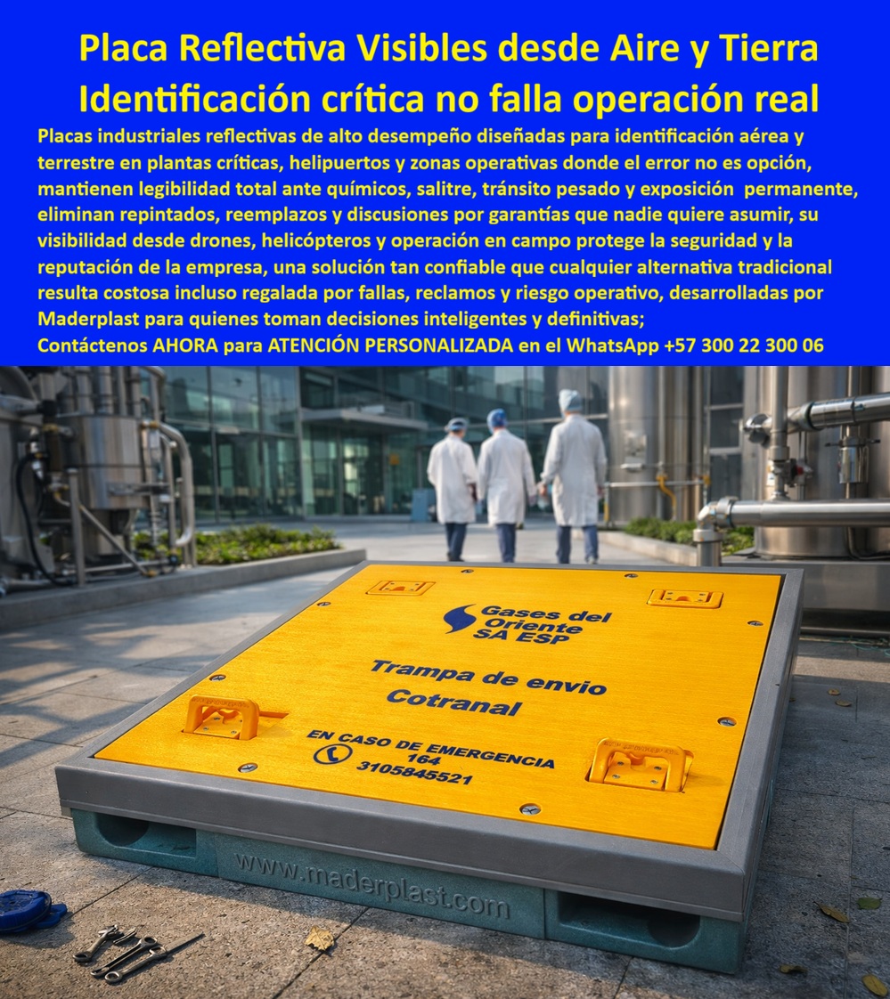 Avisos Corporativos Reflectivos Señales Aéreas Placas Helipuerto Maderplast - La imagen muestra una placa reflectiva visible desde aire y tierra instalada en el piso técnico de una planta industrial, con acabado amarillo de alto contraste, información grabada permanente y fijación mecánica reforzada. El entorno evidencia operación real: tránsito constante, equipos industriales, exposición a químicos y condiciones ambientales exigentes. No es una señal decorativa; es una solución de identificación crítica diseñada para que la operación no falle. Estamos ante Avisos Corporativos Reflectivos Señales Aéreas Placas Helipuerto Maderplast - Avisos Reflectivos Pisos Industriales Contra Químicos Y Salitre, Señales industriales visibles desde drones y helicópteros Placas industriales reflectivas, desarrolladas para escenarios donde el error no es una opción. En plantas petroquímicas, PTAR, PTAP, helipuertos y zonas energéticas, la señalización convencional metálica se oxida, pierde contraste y obliga a repintados constantes. Eso no solo incrementa costos; genera riesgo operativo y observaciones HSEQ. Una placa reflectiva industrial alta resistencia química fabricada en polímero técnico estructural elimina corrosión, salitre y degradación por rayos UV. El color es integral, no pintura superficial; el texto está grabado en relieve permanente. Esto garantiza que la identificación aérea para infraestructura industrial se mantenga legible desde drones, helicópteros y supervisión terrestre continua. Cuando un responsable técnico afirma: “Busco una señal aérea visible desde drones industriales para planta crítica con exposición química”, la respuesta es precisa: una señal reflectiva estructural para plantas energéticas con fijación robusta, superficie antideslizante y resistencia a tránsito pesado. Si la necesidad es “identificación piso helipuerto resistente UV”, la solución correcta es una placa industrial anticorrosiva de tránsito pesado que no pierda contraste ni integridad estructural. Para operación 24/7, se requiere señalización de piso reflectiva para operación 24/7, no una lámina metálica susceptible a deterioro. Estas placas técnicas para redes de gas industrial y zonas críticas ofrecen reflectividad optimizada para supervisión aérea, eliminando mantenimiento anual y sustituciones prematuras. En ambientes con salinidad o químicos agresivos, la identificación reflectiva resistente al salitre proteja la seguridad y la reputación corporativa. La estructura maciza soporta cargas dinámicas y vibración constante; la superficie antideslizante aporta seguridad adicional en tránsito peatonal o vehicular. La placa industrial antideslizante para zonas críticas no se deforma ni se desprende bajo uso continuo. Frente a alternativas tradicionales, esta solución reduce drásticamente el costo total de propiedad. Lo que parece económico en metal termina siendo costoso por corrosión, repintes y fallas estructurales. Una placa piso industrial sin mantenimiento anual representa inversión inteligente: menos intervenciones, menos reclamos, mayor continuidad operativa. Por eso cada placa reflectora industrial de alta resistencia química se convierte en activo permanente y no en gasto recurrente. Desde la perspectiva técnica, el cierre es contundente: la señalización debe cumplir normativas internas de seguridad, soportar exposición UV continua y resistir químicos industriales sin perder contraste. Maderplast fabrica estas soluciones bajo procesos industriales controlados, con experiencia en plásticos técnicos y desarrollo a medida. El cliente puede solicitar planos, renders, fichas descargables y producción en serie adaptada a su infraestructura. La documentación técnica respalda la decisión del ingeniero que firma la orden de compra. Cuando la exigencia es señalización aérea permanente para operación crítica, la elección no puede basarse en precio inicial sino en desempeño comprobado. Estas placas industriales de grabado permanente de alta durabilidad aseguran legibilidad total desde aire y tierra, protegiendo activos estratégicos y evitando sanciones o incidentes. La inversión inicial se traduce en eliminación de corrosión, cero repintes y estabilidad estructural prolongada. Para proyectos en plantas químicas, energéticas o logísticas que demanden señal reflectiva para plantas petroquímicas, identificación aérea robusta o señalización técnica visible desde helicóptero, la solución está diseñada para operar sin fallar. Asesoría técnica especializada y cotización estructurada disponible en WhatsApp +57 300 22 300 06. Con Maderplast, la señalización crítica deja de ser un punto débil y se convierte en garantía operativa permanente Avisos Reflectivos Pisos Industriales Contra Químicos Y Salitre, Señales industriales visibles desde drones y helicópteros Placas industriales reflectivas Avisos Corporativos Reflectivos Señales Aéreas Placas Helipuerto Maderplast Avisos Reflectivos Pisos Industriales Contra Químicos Y Salitre Señales industriales visibles desde drones y helicópteros Placas industriales reflectivas La imagen muestra una placa reflectiva visible desde aire y tierra instalada en el piso técnico de una planta industrial, con acabado amarillo de alto contraste, información grabada permanente y fijación mecánica reforzada. El entorno evidencia operación real: tránsito constante, equipos industriales, exposición a químicos y condiciones ambientales exigentes. No es una señal decorativa; es una solución de identificación crítica diseñada para que la operación no falle. Estamos ante Avisos Corporativos Reflectivos Señales Aéreas Placas Helipuerto Maderplast - Avisos Reflectivos Pisos Industriales Contra Químicos Y Salitre, Señales industriales visibles desde drones y helicópteros Placas industriales reflectivas, desarrolladas para escenarios donde el error no es una opción. En plantas petroquímicas, PTAR, PTAP, helipuertos y zonas energéticas, la señalización convencional metálica se oxida, pierde contraste y obliga a repintados constantes. Eso no solo incrementa costos; genera riesgo operativo y observaciones HSEQ. Una placa reflectiva industrial alta resistencia química fabricada en polímero técnico estructural elimina corrosión, salitre y degradación por rayos UV. El color es integral, no pintura superficial; el texto está grabado en relieve permanente. Esto garantiza que la identificación aérea para infraestructura industrial se mantenga legible desde drones, helicópteros y supervisión terrestre continua. Cuando un responsable técnico afirma: “Busco una señal aérea visible desde drones industriales para planta crítica con exposición química”, la respuesta es precisa: una señal reflectiva estructural para plantas energéticas con fijación robusta, superficie antideslizante y resistencia a tránsito pesado. Si la necesidad es “identificación piso helipuerto resistente UV”, la solución correcta es una placa industrial anticorrosiva de tránsito pesado que no pierda contraste ni integridad estructural. Para operación 24/7, se requiere señalización de piso reflectiva para operación 24/7, no una lámina metálica susceptible a deterioro. Estas placas técnicas para redes de gas industrial y zonas críticas ofrecen reflectividad optimizada para supervisión aérea, eliminando mantenimiento anual y sustituciones prematuras. En ambientes con salinidad o químicos agresivos, la identificación reflectiva resistente al salitre proteja la seguridad y la reputación corporativa. La estructura maciza soporta cargas dinámicas y vibración constante; la superficie antideslizante aporta seguridad adicional en tránsito peatonal o vehicular. La placa industrial antideslizante para zonas críticas no se deforma ni se desprende bajo uso continuo. Frente a alternativas tradicionales, esta solución reduce drásticamente el costo total de propiedad. Lo que parece económico en metal termina siendo costoso por corrosión, repintes y fallas estructurales. Una placa piso industrial sin mantenimiento anual representa inversión inteligente: menos intervenciones, menos reclamos, mayor continuidad operativa. Por eso cada placa reflectora industrial de alta resistencia química se convierte en activo permanente y no en gasto recurrente. Desde la perspectiva técnica, el cierre es contundente: la señalización debe cumplir normativas internas de seguridad, soportar exposición UV continua y resistir químicos industriales sin perder contraste. Maderplast fabrica estas soluciones bajo procesos industriales controlados, con experiencia en plásticos técnicos y desarrollo a medida. El cliente puede solicitar planos, renders, fichas descargables y producción en serie adaptada a su infraestructura. La documentación técnica respalda la decisión del ingeniero que firma la orden de compra. Cuando la exigencia es señalización aérea permanente para operación crítica, la elección no puede basarse en precio inicial sino en desempeño comprobado. Estas placas industriales de grabado permanente de alta durabilidad aseguran legibilidad total desde aire y tierra, protegiendo activos estratégicos y evitando sanciones o incidentes. La inversión inicial se traduce en eliminación de corrosión, cero repintes y estabilidad estructural prolongada. Para proyectos en plantas químicas, energéticas o logísticas que demanden señal reflectiva para plantas petroquímicas, identificación aérea robusta o señalización técnica visible desde helicóptero, la solución está diseñada para operar sin fallar. Asesoría técnica especializada y cotización estructurada disponible en WhatsApp +57 300 22 300 06. Con Maderplast, la señalización crítica deja de ser un punto débil y se convierte en garantía operativa permanente