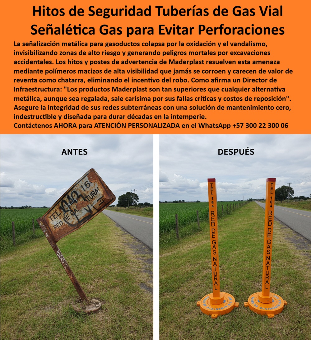 Avisos Preventivos Gas Subterráneo Postes De Advertencia Maderplast - En la imagen se evidencia un contraste contundente en infraestructura crítica: a la izquierda, un poste metálico inclinado, corroído y prácticamente ilegible; a la derecha, dos Avisos Preventivos Gas Subterráneo Postes De Advertencia Maderplast en color naranja de alta visibilidad, perfectamente verticales, con tipografía negra integrada que identifica la red y el número de contacto. Esta comparación no es estética, es técnica: representa la diferencia entre riesgo latente y prevención efectiva en campo. Los sistemas tradicionales en acero pintado para gasoductos colapsan por oxidación, vandalismo y pérdida de anclaje. Cuando la placa se desprende o el texto desaparece, la red queda invisible y aumenta la probabilidad de excavaciones accidentales. Aquí entran los Hitos de seguridad para tuberías de gas desarrollados en polímero estructural macizo con protección UV permanente. No se oxidan, no se deforman por humedad, no requieren repinte y, crucialmente, no tienen valor como chatarra, eliminando el incentivo de robo que afecta a la señalización metálica convencional. Estas Señales de gas para evitar perforaciones están diseñadas con geometría vertical de lectura inmediata y contraste normativo, optimizando la detección por operadores de retroexcavadora, cuadrillas de obra y contratistas de mantenimiento vial. Los avisos de gasoductos para prevenir accidentes cumplen una función preventiva real: advertir antes de que la maquinaria toque el subsuelo. Cada Polín Seguridad Tubería Gas Vial actúa como punto de referencia permanente sobre corredores energéticos críticos. Cuando se busca hitos para red de gas natural que soporten radiación solar intensa, lluvia continua y ambientes rurales abiertos, la solución debe ser estructural, no superficial. Estos postes advertencia gasoducto resistente al clima mantienen estabilidad dimensional por décadas. La señalización preventiva de gas subterráneo durable evitar reposiciones periódicas. Los marcadores red gas anticorrosión conservan color integral sin descascaramiento. El poste naranja alta visibilidad gas cumple con códigos cromáticos de advertencia. Las señales para evitar perforar tuberías gas protegen vidas y activos estratégicos. Los hitos seguridad ductos rurales permanecen verticales y legibles pese a vibraciones y variaciones térmicas. Los postes sin valor chatarra anticorrosivos reducen pérdidas por hurto. La señalización gas natural larga vida útil disminuye el costo total de propiedad. El polín advertencia red subterránea reemplaza soluciones frágiles. El marcador de infraestructura energética resistente UV mantiene un desempeño técnico estable. El poste señal gas mantenimiento cero elimina cuadrillas de repinte. La señal preventiva de ductos subterráneos durables reduce la exposición legal. La fabricación de hitos red gas institucional bajo procesos industriales controlados garantiza uniformidad. En conjunto, es una infraestructura señalización energética anticorrosiva pensada para utilities exigentes. Testimonio operativo que respalda la decisión: Ing. Andrés Velásquez, Director de Operaciones – Empresa Regional de Gas Natural: “Sustituimos postes metálicos por hitos Maderplast en polímero estructural. La visibilidad permanece intacta tras ciclos de lluvia y radiación intensa, y al no tener valor metálico se eliminó el robo. Desde su instalación no programamos mantenimiento correctivo.” Cierre técnico para aprobación sin dudas: invertir en Maderplast no es comprar un poste, es blindar la integridad de la red subterránea y reducir riesgo operativo y jurídico. Se elimina corrosión, reposición recurrente y pérdida de visibilidad crítica. El resultado es continuidad preventiva, menor costo total de propiedad y respaldo defendible ante auditorías y aseguradoras. Cuando se trata de señalización para redes de gas, Maderplast convierte un punto vulnerable en un sistema permanente de seguridad. Hitos de seguridad para tuberías de gas, Señales de gas para evitar perforaciones, avisos de gasoductos para prevenir accidentes, Polín Seguridad Tubería Gas Víal Avisos Preventivos Gas Subterráneo Postes De Advertencia Maderplast Hitos de seguridad para tuberías de gas Señales de gas para evitar perforaciones avisos de gasoductos para prevenir accidentes Polín Seguridad Tubería Gas Vial En la imagen se evidencia un contraste contundente en infraestructura crítica: a la izquierda, un poste metálico inclinado, corroído y prácticamente ilegible; a la derecha, dos Avisos Preventivos Gas Subterráneo Postes De Advertencia Maderplast en color naranja de alta visibilidad, perfectamente verticales, con tipografía negra integrada que identifica la red y el número de contacto. Esta comparación no es estética, es técnica: representa la diferencia entre riesgo latente y prevención efectiva en campo. Los sistemas tradicionales en acero pintado para gasoductos colapsan por oxidación, vandalismo y pérdida de anclaje. Cuando la placa se desprende o el texto desaparece, la red queda invisible y aumenta la probabilidad de excavaciones accidentales. Aquí entran los Hitos de seguridad para tuberías de gas desarrollados en polímero estructural macizo con protección UV permanente. No se oxidan, no se deforman por humedad, no requieren repinte y, crucialmente, no tienen valor como chatarra, eliminando el incentivo de robo que afecta a la señalización metálica convencional. Estas Señales de gas para evitar perforaciones están diseñadas con geometría vertical de lectura inmediata y contraste normativo, optimizando la detección por operadores de retroexcavadora, cuadrillas de obra y contratistas de mantenimiento vial. Los avisos de gasoductos para prevenir accidentes cumplen una función preventiva real: advertir antes de que la maquinaria toque el subsuelo. Cada Polín Seguridad Tubería Gas Vial actúa como punto de referencia permanente sobre corredores energéticos críticos. Cuando se busca hitos para red de gas natural que soporten radiación solar intensa, lluvia continua y ambientes rurales abiertos, la solución debe ser estructural, no superficial. Estos postes advertencia gasoducto resistente al clima mantienen estabilidad dimensional por décadas. La señalización preventiva de gas subterráneo durable evitar reposiciones periódicas. Los marcadores red gas anticorrosión conservan color integral sin descascaramiento. El poste naranja alta visibilidad gas cumple con códigos cromáticos de advertencia. Las señales para evitar perforar tuberías gas protegen vidas y activos estratégicos. Los hitos seguridad ductos rurales permanecen verticales y legibles pese a vibraciones y variaciones térmicas. Los postes sin valor chatarra anticorrosivos reducen pérdidas por hurto. La señalización gas natural larga vida útil disminuye el costo total de propiedad. El polín advertencia red subterránea reemplaza soluciones frágiles. El marcador de infraestructura energética resistente UV mantiene un desempeño técnico estable. El poste señal gas mantenimiento cero elimina cuadrillas de repinte. La señal preventiva de ductos subterráneos durables reduce la exposición legal. La fabricación de hitos red gas institucional bajo procesos industriales controlados garantiza uniformidad. En conjunto, es una infraestructura señalización energética anticorrosiva pensada para utilities exigentes. Testimonio operativo que respalda la decisión: Ing. Andrés Velásquez, Director de Operaciones – Empresa Regional de Gas Natural: “Sustituimos postes metálicos por hitos Maderplast en polímero estructural. La visibilidad permanece intacta tras ciclos de lluvia y radiación intensa, y al no tener valor metálico se eliminó el robo. Desde su instalación no programamos mantenimiento correctivo.” Cierre técnico para aprobación sin dudas: invertir en Maderplast no es comprar un poste, es blindar la integridad de la red subterránea y reducir riesgo operativo y jurídico. Se elimina corrosión, reposición recurrente y pérdida de visibilidad crítica. El resultado es continuidad preventiva, menor costo total de propiedad y respaldo defendible ante auditorías y aseguradoras. Cuando se trata de señalización para redes de gas, Maderplast convierte un punto vulnerable en un sistema permanente de seguridad.