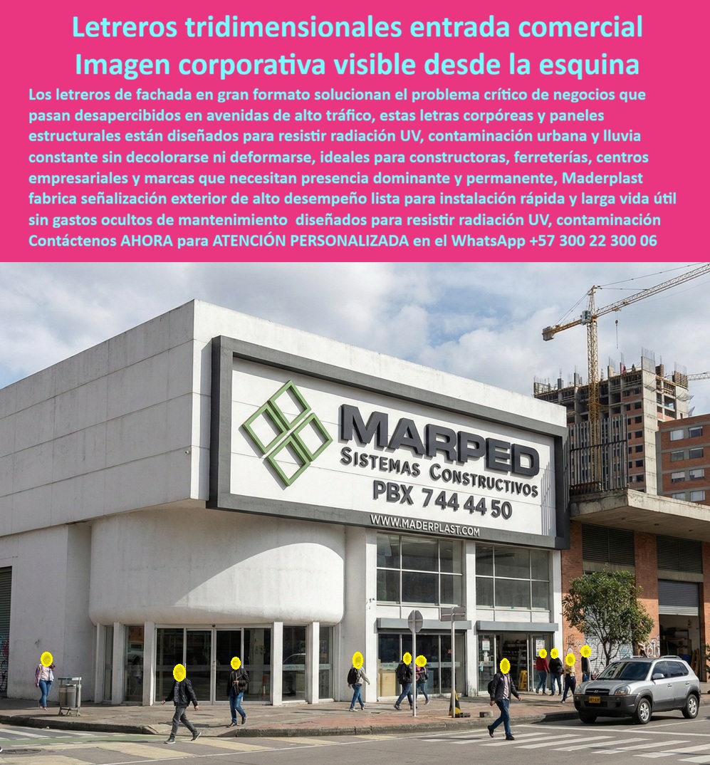 Letreros Fachada Nombre Avisos Letras Tridimensionales Cartel Maderplast - La imagen presenta una fachada comercial en esquina, sobre una avenida de alto tráfico, con un letrero tridimensional de gran formato instalado en la parte superior del edificio. Las letras corpóreas sobresalen del plano arquitectónico, generan sombra natural y profundidad visual, y permiten lectura clara desde distintos ángulos y distancias. El conjunto combina panel estructural perimetral y letras volumétricas anticorrosivas exteriores, diseñadas para proyectar una imagen corporativa visible desde la esquina y dominante frente al entorno urbano. Este tipo de solución corresponde a Letreros Fachada Nombre Avisos Letras Tridimensionales Cartel Maderplast - Señalización Entrada Negocio Anti UV Personalizable, Banners Portada Exterior Resistentes Fácil Montaje Ecológicos, Fachadas Comerciales Gran Formato Letrero, concebidos para transformar una entrada comercial en un punto de referencia permanente. En avenidas con tráfico constante, la señalización plana o pintada pasa desapercibida. Un letrero fachada de negocio de alta visibilidad debe competir con contaminación visual, radiación solar intensa y lluvia permanente. Por eso, las letras corpóreas exteriores resistentes UV fabricadas en polímero técnico estructural mantienen color, forma y contraste sin decoloración ni oxidación. A diferencia de metal pintado o madera tratada, estas letras 3D para empresas en avenidas no requieren repintados periódicos ni tratamientos contra corrosión, lo que elimina mantenimientos frecuentes y costos ocultos. La señalización corporativa gran formato exterior no solo cumple función informativa; construye posicionamiento de marca. Una fachada corporativa con letras volumétricas permanentes transmite solidez, permanencia y profesionalismo. El sistema incluye fijación mecánica segura, bajo peso estructural y diseño adaptable a concreto, acero o panel compuesto, permitiendo rótulos empresariales exteriores montaje rápido con mínima intervención en la estructura existente. Este enfoque convierte cada proyecto en una inversión de largo plazo, no en un gasto estético temporal. Cuando un empresario afirma que necesita letreros tridimensionales para fachada comercial que resistan lluvia constante y contaminación urbana, la respuesta técnica correcta es un sistema en polímero estructural anticorrosivo, con acabado sólido integral y bordes definidos. Si la prioridad es una señalización entrada comercial larga duración, la solución debe garantizar estabilidad dimensional frente a cambios térmicos y radiación UV permanente. Y cuando se busca una alternativa durable a metal que se oxida, la ingeniería en plásticos técnicos ofrece una ventaja comprobable: resistencia química, ligereza y larga vida útil. Estas señalética corporativa personalizada gran formato permiten integrar logotipos, tipografías y colores institucionales con precisión CNC, logrando carteles tridimensionales resistentes a la contaminación urbana que conservan su estética durante años. En proyectos de constructoras, centros empresariales o ferreterías ubicadas en corredores viales principales, los avisos corporativos estructurales para edificios deben cumplir criterios de impacto visual, durabilidad y bajo costo total de propiedad. Lo barato en señalización exterior termina siendo costoso cuando exige repintados, reparaciones y reemplazos prematuros. Desde la perspectiva técnica, el cierre es claro: un cartel empresarial resistente a la lluvia permanente debe ofrecer respaldo en diseño, planos, renders y especificaciones de anclaje. Maderplast fabrica estas soluciones bajo procesos industriales controlados, con experiencia en plásticos técnicos y fabricación a medida en Colombia para el mundo. El cliente puede solicitar cotización estructurada, personalización completa, prototipos o producción en serie según su proyecto arquitectónico. Cuando se trata de letreros comerciales anticorrosivos estructurales y presencia dominante en fachada, la decisión no debe basarse en precio inicial sino en desempeño real. Una identidad visible, permanente y libre de mantenimiento protege la inversión, fortalece la marca y elimina incertidumbre técnica. Para renders personalizados, fichas técnicas descargables o asesoría directa en su proyecto de fachada comercial, contáctenos al WhatsApp +57 300 22 300 06. Con Maderplast, la entrada de su negocio deja de ser un punto discreto y se convierte en un referente urbano duradero. Señalización Entrada Negocio Anti UV Personalizable, Banners Portada Exterior Resistentes Fácil Montaje Ecológicos, Fachadas Comerciales Gran Formato Letrero Letreros Fachada Nombre Avisos Letras Tridimensionales Cartel Maderplast Señalización Entrada Negocio Anti UV Personalizable Banners Portada Exterior Resistentes Fácil Montaje Ecológicos Fachadas Comerciales Gran Formato Letrero La imagen presenta una fachada comercial en esquina, sobre una avenida de alto tráfico, con un letrero tridimensional de gran formato instalado en la parte superior del edificio. Las letras corpóreas sobresalen del plano arquitectónico, generan sombra natural y profundidad visual, y permiten lectura clara desde distintos ángulos y distancias. El conjunto combina panel estructural perimetral y letras volumétricas anticorrosivas exteriores, diseñadas para proyectar una imagen corporativa visible desde la esquina y dominante frente al entorno urbano. Este tipo de solución corresponde a Letreros Fachada Nombre Avisos Letras Tridimensionales Cartel Maderplast - Señalización Entrada Negocio Anti UV Personalizable, Banners Portada Exterior Resistentes Fácil Montaje Ecológicos, Fachadas Comerciales Gran Formato Letrero, concebidos para transformar una entrada comercial en un punto de referencia permanente. En avenidas con tráfico constante, la señalización plana o pintada pasa desapercibida. Un letrero fachada de negocio de alta visibilidad debe competir con contaminación visual, radiación solar intensa y lluvia permanente. Por eso, las letras corpóreas exteriores resistentes UV fabricadas en polímero técnico estructural mantienen color, forma y contraste sin decoloración ni oxidación. A diferencia de metal pintado o madera tratada, estas letras 3D para empresas en avenidas no requieren repintados periódicos ni tratamientos contra corrosión, lo que elimina mantenimientos frecuentes y costos ocultos. La señalización corporativa gran formato exterior no solo cumple función informativa; construye posicionamiento de marca. Una fachada corporativa con letras volumétricas permanentes transmite solidez, permanencia y profesionalismo. El sistema incluye fijación mecánica segura, bajo peso estructural y diseño adaptable a concreto, acero o panel compuesto, permitiendo rótulos empresariales exteriores montaje rápido con mínima intervención en la estructura existente. Este enfoque convierte cada proyecto en una inversión de largo plazo, no en un gasto estético temporal. Cuando un empresario afirma que necesita letreros tridimensionales para fachada comercial que resistan lluvia constante y contaminación urbana, la respuesta técnica correcta es un sistema en polímero estructural anticorrosivo, con acabado sólido integral y bordes definidos. Si la prioridad es una señalización entrada comercial larga duración, la solución debe garantizar estabilidad dimensional frente a cambios térmicos y radiación UV permanente. Y cuando se busca una alternativa durable a metal que se oxida, la ingeniería en plásticos técnicos ofrece una ventaja comprobable: resistencia química, ligereza y larga vida útil. Estas señalética corporativa personalizada gran formato permiten integrar logotipos, tipografías y colores institucionales con precisión CNC, logrando carteles tridimensionales resistentes a la contaminación urbana que conservan su estética durante años. En proyectos de constructoras, centros empresariales o ferreterías ubicadas en corredores viales principales, los avisos corporativos estructurales para edificios deben cumplir criterios de impacto visual, durabilidad y bajo costo total de propiedad. Lo barato en señalización exterior termina siendo costoso cuando exige repintados, reparaciones y reemplazos prematuros. Desde la perspectiva técnica, el cierre es claro: un cartel empresarial resistente a la lluvia permanente debe ofrecer respaldo en diseño, planos, renders y especificaciones de anclaje. Maderplast fabrica estas soluciones bajo procesos industriales controlados, con experiencia en plásticos técnicos y fabricación a medida en Colombia para el mundo. El cliente puede solicitar cotización estructurada, personalización completa, prototipos o producción en serie según su proyecto arquitectónico. Cuando se trata de letreros comerciales anticorrosivos estructurales y presencia dominante en fachada, la decisión no debe basarse en precio inicial sino en desempeño real. Una identidad visible, permanente y libre de mantenimiento protege la inversión, fortalece la marca y elimina incertidumbre técnica. Para renders personalizados, fichas técnicas descargables o asesoría directa en su proyecto de fachada comercial, contáctenos al WhatsApp +57 300 22 300 06. Con Maderplast, la entrada de su negocio deja de ser un punto discreto y se convierte en un referente urbano duradero.