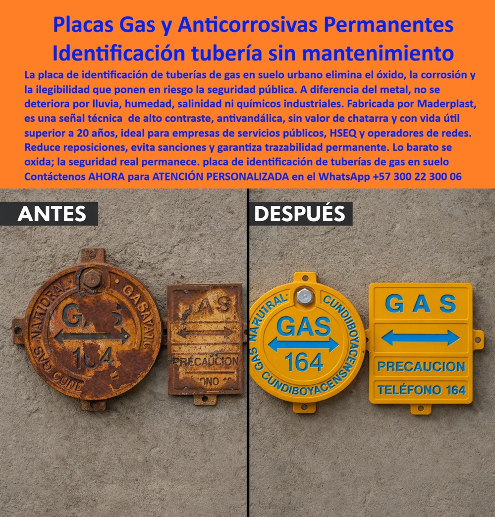 Señalización De Gas En Suelo Urbano, Placa Identificación Tubería Gas Maderplast - En la imagen se observa un contraste que ningún ingeniero de servicios públicos puede ignorar: a la izquierda, placas metálicas tradicionales completamente corroídas, con pérdida de material, pintura desprendida e información crítica casi ilegible; a la derecha, Placas Gas y Anticorrosivas Permanentes – Identificación tubería sin mantenimiento, fabricadas por Maderplast, con alto contraste, relieve definido y estabilidad estructural. Este comparativo resume el problema real de la Señalización De Gas En Suelo Urbano, Placa Identificación Tubería Gas Maderplast - Avisos de gas en zonas peatonales, Identificación tuberías de gas en suelo, Carteles Gas Elimina Mantenimiento Garantía Larga, Placa Suelo Gasoductos: cuando el metal se oxida, no solo se deteriora una pieza, se compromete la seguridad pública y la trazabilidad de la red. En entornos urbanos, las placas de identificación están expuestas a humedad, lluvia, salinidad ambiental, químicos de limpieza y contaminación. El resultado en metal es predecible: oxidación acelerada, pérdida de legibilidad y mantenimiento recurrente. Por eso, una placa de identificación tubería gas suelo urbano no puede ser un accesorio, debe ser infraestructura técnica. La señalización gas anticorrosiva permanente de Maderplast se fabrica en copolímero estructural de alta densidad con información integrada en alto relieve, no pintada ni adherida superficialmente. Esto la convierte en una verdadera placa red gas sin mantenimiento, diseñada para conservar lectura clara aun después de años en vía pública. Cuando un operador especifica un marcador urbano red gas resistente humedad o una identificación gasoducto en andén, lo que realmente busca es continuidad operativa y reducción de riesgo. El polímero estructural elimina oxidación, no tiene valor como chatarra —reduciendo vandalismo— y mantiene estabilidad dimensional frente a variaciones térmicas. Así se logra una auténtica identificación red subterránea permanente, clave para excavaciones seguras y cumplimiento HSEQ. En términos prácticos, es una placa advertencia gas alta visibilidad que no exige repintado ni reposiciones, un verdadero marcador gas sin repintado y una placa gas sin oxidación exterior que protege la inversión y la imagen institucional. Las búsquedas técnicas de alto valor como placa identificación red gas urbana, señalización gas suelo peatonal, placa gas media presión exterior o marcador red gas anticorrosivo encuentran aquí una respuesta coherente: material resistente a humedad y químicos urbanos, relieve permanente y larga vida útil. Del mismo modo, consultas como placa gas sin mantenimiento urbano, señal gas resistente químicos ciudad o señal urbana red gas durable se resuelven con una solución que reduce el costo total de propiedad y elimina intervenciones correctivas. Para áreas de seguridad, la placa técnica gas HSEQ y el marcador red energética sin vandalismo representan control, trazabilidad y continuidad. La experiencia operativa lo confirma. La Ing. Sandra Vélez, Coordinadora HSEQ de una empresa distribuidora de gas, documentó que las placas metálicas en zonas urbanas se oxidan rápidamente, generando pérdida de trazabilidad y mantenimientos constantes. Tras implementar placas Maderplast en alto relieve, la información permaneció intacta durante años, reduciendo intervenciones y mejorando la gestión del riesgo en excavaciones. Ese es el tipo de resultado que convierte una compra en estándar técnico. Aquí aplica el principio que todo ingeniero respeta: lo barato se oxida; la seguridad real permanece. La inversión inicial en Maderplast elimina el 100% de los costos asociados a óxido, repintado, reposición y deterioro ambiental. No está adquiriendo un accesorio, está incorporando un activo de larga vida útil, una placa gas larga vida útil que protege la red y respalda la firma del responsable técnico. Para especificación en obra, licitación o expansión de redes urbanas, Maderplast ofrece diseño y fabricación bajo procesos industriales controlados, experiencia en plásticos técnicos y producción a medida en Colombia para el mundo. Puede solicitar cotización, personalización, planos, renders, prototipos o producción en serie; el equipo de ingeniería respalda cada proyecto con documentación técnica descargable y evidencia de pruebas. Cuando se trata de identificación permanente de redes de gas en suelo urbano, Maderplast no es una alternativa más: es la decisión profesional que elimina dudas, riesgos y costos ocultos. Contáctenos para asesoría especializada en WhatsApp +57 300 22 300 06 y respalde su proyecto con una solución que cumple, protege y permanece. Avisos de gas en zonas peatonales, Identificación tuberías de gas en suelo, Carteles Gas Elimina Mantenimiento Garantía Larga, Placa Suelo Gasoductos Señalización De Gas En Suelo Urbano Placa Identificación Tubería Gas Maderplast Avisos de gas en zonas peatonales Identificación tuberías de gas en suelo Carteles Gas Elimina Mantenimiento Garantía Larga Placa Suelo Gasoductos En la imagen se observa un contraste que ningún ingeniero de servicios públicos puede ignorar: a la izquierda, placas metálicas tradicionales completamente corroídas, con pérdida de material, pintura desprendida e información crítica casi ilegible; a la derecha, Placas Gas y Anticorrosivas Permanentes – Identificación tubería sin mantenimiento, fabricadas por Maderplast, con alto contraste, relieve definido y estabilidad estructural. Este comparativo resume el problema real de la Señalización De Gas En Suelo Urbano, Placa Identificación Tubería Gas Maderplast - Avisos de gas en zonas peatonales, Identificación tuberías de gas en suelo, Carteles Gas Elimina Mantenimiento Garantía Larga, Placa Suelo Gasoductos: cuando el metal se oxida, no solo se deteriora una pieza, se compromete la seguridad pública y la trazabilidad de la red. En entornos urbanos, las placas de identificación están expuestas a humedad, lluvia, salinidad ambiental, químicos de limpieza y contaminación. El resultado en metal es predecible: oxidación acelerada, pérdida de legibilidad y mantenimiento recurrente. Por eso, una placa de identificación tubería gas suelo urbano no puede ser un accesorio, debe ser infraestructura técnica. La señalización gas anticorrosiva permanente de Maderplast se fabrica en copolímero estructural de alta densidad con información integrada en alto relieve, no pintada ni adherida superficialmente. Esto la convierte en una verdadera placa red gas sin mantenimiento, diseñada para conservar lectura clara aun después de años en vía pública. Cuando un operador especifica un marcador urbano red gas resistente humedad o una identificación gasoducto en andén, lo que realmente busca es continuidad operativa y reducción de riesgo. El polímero estructural elimina oxidación, no tiene valor como chatarra —reduciendo vandalismo— y mantiene estabilidad dimensional frente a variaciones térmicas. Así se logra una auténtica identificación red subterránea permanente, clave para excavaciones seguras y cumplimiento HSEQ. En términos prácticos, es una placa advertencia gas alta visibilidad que no exige repintado ni reposiciones, un verdadero marcador gas sin repintado y una placa gas sin oxidación exterior que protege la inversión y la imagen institucional. Las búsquedas técnicas de alto valor como placa identificación red gas urbana, señalización gas suelo peatonal, placa gas media presión exterior o marcador red gas anticorrosivo encuentran aquí una respuesta coherente: material resistente a humedad y químicos urbanos, relieve permanente y larga vida útil. Del mismo modo, consultas como placa gas sin mantenimiento urbano, señal gas resistente químicos ciudad o señal urbana red gas durable se resuelven con una solución que reduce el costo total de propiedad y elimina intervenciones correctivas. Para áreas de seguridad, la placa técnica gas HSEQ y el marcador red energética sin vandalismo representan control, trazabilidad y continuidad. La experiencia operativa lo confirma. La Ing. Sandra Vélez, Coordinadora HSEQ de una empresa distribuidora de gas, documentó que las placas metálicas en zonas urbanas se oxidan rápidamente, generando pérdida de trazabilidad y mantenimientos constantes. Tras implementar placas Maderplast en alto relieve, la información permaneció intacta durante años, reduciendo intervenciones y mejorando la gestión del riesgo en excavaciones. Ese es el tipo de resultado que convierte una compra en estándar técnico. Aquí aplica el principio que todo ingeniero respeta: lo barato se oxida; la seguridad real permanece. La inversión inicial en Maderplast elimina el 100% de los costos asociados a óxido, repintado, reposición y deterioro ambiental. No está adquiriendo un accesorio, está incorporando un activo de larga vida útil, una placa gas larga vida útil que protege la red y respalda la firma del responsable técnico. Para especificación en obra, licitación o expansión de redes urbanas, Maderplast ofrece diseño y fabricación bajo procesos industriales controlados, experiencia en plásticos técnicos y producción a medida en Colombia para el mundo. Puede solicitar cotización, personalización, planos, renders, prototipos o producción en serie; el equipo de ingeniería respalda cada proyecto con documentación técnica descargable y evidencia de pruebas. Cuando se trata de identificación permanente de redes de gas en suelo urbano, Maderplast no es una alternativa más: es la decisión profesional que elimina dudas, riesgos y costos ocultos. Contáctenos para asesoría especializada en WhatsApp +57 300 22 300 06 y respalde su proyecto con una solución que cumple, protege y permanece.