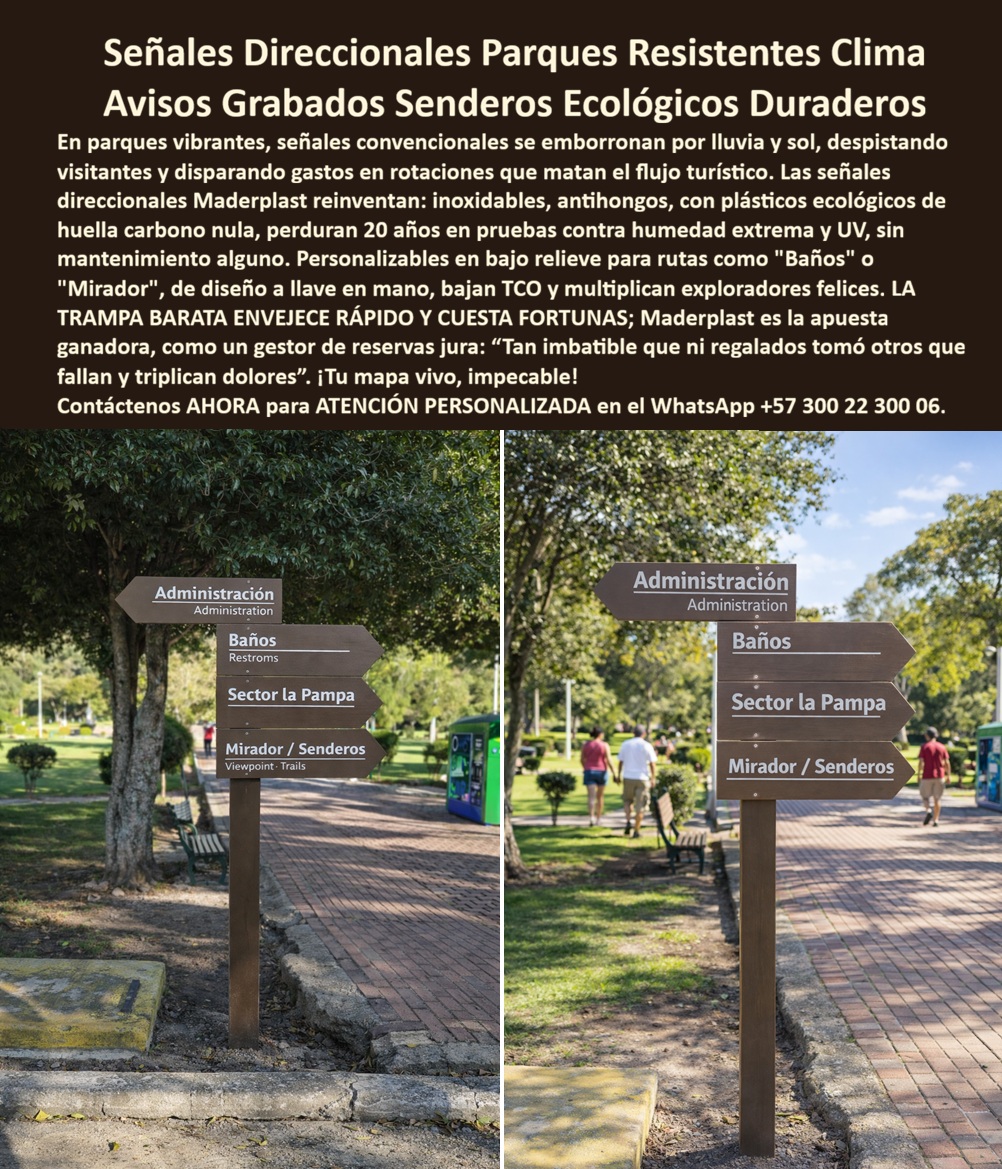 Señalización Turística Cartes Señales Bajo Relieve Avisos Madera Maderplast - Señalización Turística Maderplast: Estética Rústica con Ingeniería de Vanguardia La gestión de destinos de naturaleza y parques urbanos exige una infraestructura que no solo guíe al visitante, sino que se integre armoniosamente al entorno sin convertirse en una carga financiera. Las señales direccionales de madera plástica con grabado en bajo relieve de Maderplast representan la evolución de la señalética rústica, ofreciendo un estilo antiguo clásico pero fabricadas con termoplástico estructural de larga vida. A diferencia de la madera natural, que se emborrona con la lluvia y se pudre en la base, este material es inoxidable, anti hongos y resistente a la humedad extrema, garantizando una vida útil de hasta 20 años sin mantenimiento. Durabilidad Extrema para Senderos y Parques La técnica de grabado en bajo relieve mediante CNC asegura que la información técnica y direccional permanezca legible por décadas, resistiendo la abrasión y el desgaste climático que normalmente destruye la señalización convencional. Este sistema de señalización técnica destaca por: Mantenimiento Cero: Su color integral elimina la necesidad de pinturas, barnices o lijados anuales. Seguridad Antivandálica: Al ser fabricados en polímero reciclado, no poseen valor de reventa para recicladores de metal, reduciendo drásticamente el riesgo de robo. Sostenibilidad Real: Son productos de huella de carbono nula, totalmente reciclables y diseñados bajo criterios de infraestructura verde. Optimización del Costo Total de Propiedad (TCO) Aunque la señalización de madera tradicional puede parecer económica inicialmente, la señalética ecológica Maderplast reduce el gasto total en un 70% al eliminar las rotaciones constantes y reparaciones por pudrición. Su estructura de soporte robusta permite la instalación en suelos húmedos sin riesgo de inclinación o deterioro biológico, manteniendo la estética impecable del "mapa vivo" de cualquier reserva. TESTIMONIO DE ÉXITO: "En nuestra reserva, las señales de madera tradicional se pudran en la base a los pocos meses, disparando los gastos en reparaciones. Implementamos las señales direccionales de Maderplast y la experiencia cambió radicalmente: son imbatibles ante la humedad extrema. Ni regalados vuelvo a aceptar avisos que fallan; con Maderplast el flujo turístico es fluido con exploradores felices. Es la apuesta ganadora para cualquier proyecto que valore la calidad duradera". (Ing. Claudia Valenzuela, Gestora de Reservas Ambientales). Maderplast es el fabricante líder que convierte la señalización informativa en una solución definitiva, combinando la calidez de lo rústico con la invulnerabilidad del plástico ecológico. Señales Bajo Relieve Resistentes Clima, Avisos Grabados En Madera Para Senderos, Señales Informativas Ecológicas Estilo Antiguo, Señalética avisos Señalización Turística Cartes Señales Bajo Relieve Avisos Madera Maderplast Señales Bajo Relieve Resistentes Clima Avisos Grabados En Madera Para Senderos Señales Informativas Ecológicas Estilo Antiguo Señalética avisos Señalización Turística Maderplast: Estética Rústica con Ingeniería de Vanguardia La gestión de destinos de naturaleza y parques urbanos exige una infraestructura que no solo guíe al visitante, sino que se integre armoniosamente al entorno sin convertirse en una carga financiera. Las señales direccionales de madera plástica con grabado en bajo relieve de Maderplast representan la evolución de la señalética rústica, ofreciendo un estilo antiguo clásico pero fabricadas con termoplástico estructural de larga vida. A diferencia de la madera natural, que se emborrona con la lluvia y se pudre en la base, este material es inoxidable, anti hongos y resistente a la humedad extrema, garantizando una vida útil de hasta 20 años sin mantenimiento. Durabilidad Extrema para Senderos y Parques La técnica de grabado en bajo relieve mediante CNC asegura que la información técnica y direccional permanezca legible por décadas, resistiendo la abrasión y el desgaste climático que normalmente destruye la señalización convencional. Este sistema de señalización técnica destaca por: Mantenimiento Cero: Su color integral elimina la necesidad de pinturas, barnices o lijados anuales. Seguridad Antivandálica: Al ser fabricados en polímero reciclado, no poseen valor de reventa para recicladores de metal, reduciendo drásticamente el riesgo de robo. Sostenibilidad Real: Son productos de huella de carbono nula, totalmente reciclables y diseñados bajo criterios de infraestructura verde. Optimización del Costo Total de Propiedad (TCO) Aunque la señalización de madera tradicional puede parecer económica inicialmente, la señalética ecológica Maderplast reduce el gasto total en un 70% al eliminar las rotaciones constantes y reparaciones por pudrición. Su estructura de soporte robusta permite la instalación en suelos húmedos sin riesgo de inclinación o deterioro biológico, manteniendo la estética impecable del "mapa vivo" de cualquier reserva. TESTIMONIO DE ÉXITO: "En nuestra reserva, las señales de madera tradicional se pudran en la base a los pocos meses, disparando los gastos en reparaciones. Implementamos las señales direccionales de Maderplast y la experiencia cambió radicalmente: son imbatibles ante la humedad extrema. Ni regalados vuelvo a aceptar avisos que fallan; con Maderplast el flujo turístico es fluido con exploradores felices. Es la apuesta ganadora para cualquier proyecto que valore la calidad duradera". (Ing. Claudia Valenzuela, Gestora de Reservas Ambientales). Maderplast es el fabricante líder que convierte la señalización informativa en una solución definitiva, combinando la calidez de lo rústico con la invulnerabilidad del plástico ecológico.