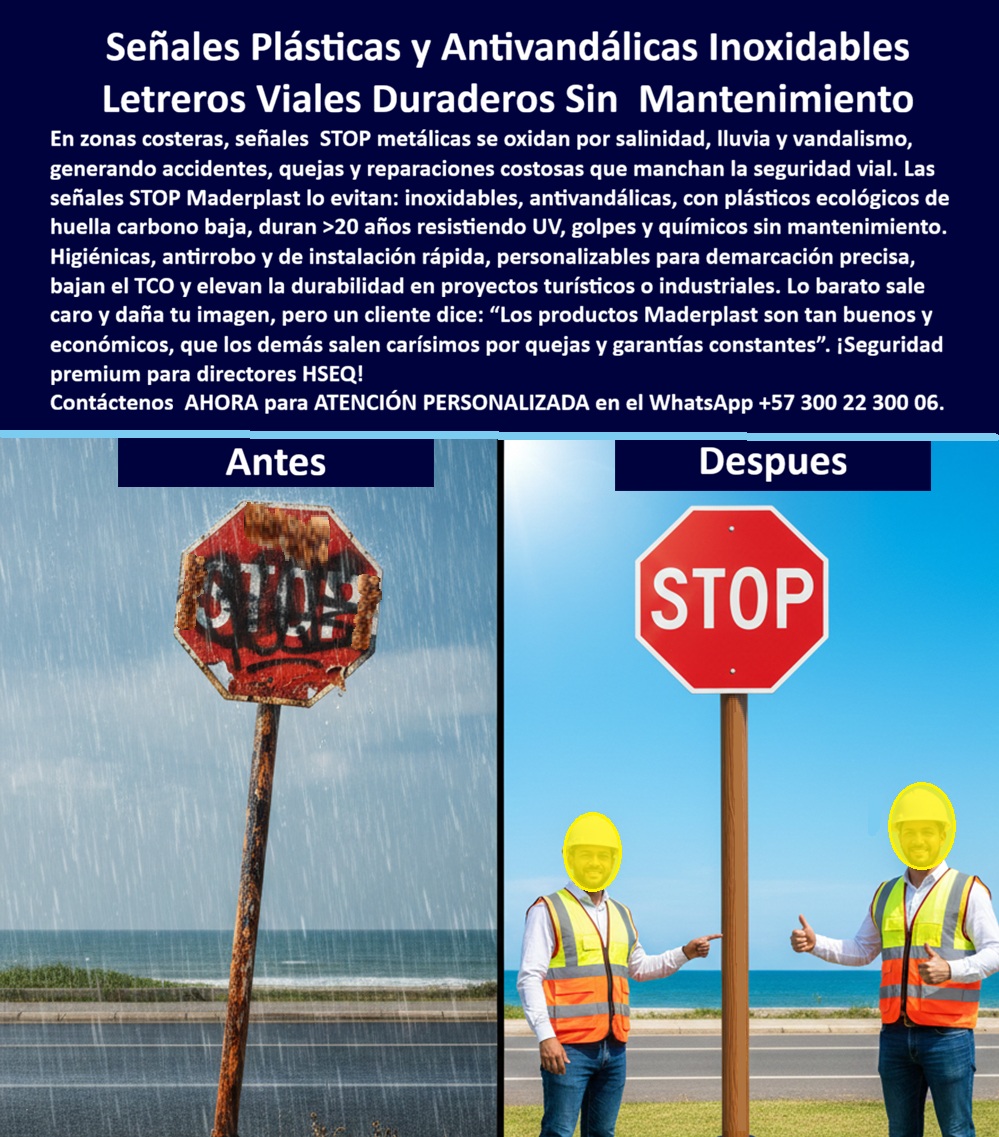 Señalética Kilométrica Señal Hitos Carretera Demarcación Vial Maderplast - La imagen muestra un contraste técnico incuestionable en infraestructura vial costera. A la izquierda, una señal STOP metálica deteriorada por salinidad, lluvia constante y vandalismo: oxidación visible en el poste, pérdida de pintura, grafitis y reducción crítica de legibilidad. A la derecha, la solución moderna: una señal reglamentaria instalada frente al mar, perfectamente vertical, con placa de alto contraste rojo intenso y tipografía blanca nítida, soportada por poste estructural estable. Esta comparación no es estética; es un análisis de desempeño real en ambiente marino agresivo. En zonas costeras, la señalización metálica tradicional fracasa por corrosión acelerada. La combinación de brisa salina, radiación UV y humedad permanente provoca desprendimientos, repintes anuales y pérdida de seguridad visual. La alternativa técnica es la señal fabricada en polímero estructural reciclado con estabilización UV integrada. Esta solución elimina oxidación, no requiere mantenimiento correctivo y resiste impactos químicos ambientales y exposición solar continua. Una señal STOP anticorrosiva para zonas costeras y portuarias no es un lujo; es una obligación técnica cuando se busca continuidad operativa. El sistema Maderplast integra placa y poste en material anticorrosivo, ofreciendo señalización vial estructural sin mantenimiento correctivo. El poste vial reglamentario resistente a salinidad y radiación UV no tiene valor como chatarra, reduciendo robo y vandalismo. La placa reglamentaria exterior de alta visibilidad mantiene estabilidad dimensional sin deformaciones por calor o humedad. Esto convierte la señal reglamentaria anticorrosión industrial en infraestructura vial anticorrosiva permanente, ideal para malecones, vías turísticas, zonas portuarias y corredores industriales. Cuando se requiere señal STOP resistente salinidad, poste vial anticorrosivo zona costera o señalización tránsito frente al mar durable, la respuesta técnica es clara: sustituir acero galvanizado por poste tránsito plástico estructural con protección UV integrada. La placa STOP larga vida útil exterior elimina repintes, la señal vial sin mantenimiento costero reduce TCO, y la fabricación señal STOP resistente UV garantiza desempeño prolongado. En ambientes húmedos, la placa reglamentaria resistente a la humedad y la señal tránsito alta durabilidad marina aseguran precisión visual constante. El poste vial reciclado resistente al clima extremo y el poste vial sin valor chatarra consolidan seguridad física y financiera. TESTIMONIO OPERATIVO QUE RESPALDA LA DECISIÓN: ING. CAMILO DUARTE, JEFE DE MANTENIMIENto – Concesión Vial Costera: “Las señales STOP metálicas requerían repinte anual por corrosión salina. Con Maderplast eliminamos oxidación y mantenimiento recurrente. Tras varias temporadas con brisa marina, la visibilidad permanece intacta”. Cierre técnico para aprobación inmediata: la inversión en señalización Maderplast sustituye un ciclo infinito de corrosión, repinte y reposición por una solución de larga vida útil con estabilidad estructural comprobada. Se reduce el riesgo de accidentes por pérdida de legibilidad, se minimizan intervenciones correctivas y se protege la imagen institucional. En entornos marinos o industriales, elegir acero es programar mantenimiento; elegir Maderplast es establecer permanencia. Cuando la seguridad vial depende de visibilidad constante y resistencia real al clima extremo, la decisión profesional es implementar sistemas viales anticorrosivos diseñados para durar décadas. Hitos Kilométricos Carreteros Alta Visibilidad Larga Vida, Señalización Kilométrica Vial Alta Durabilidad Exterior Hitos Viales Kilométricos Precisión Visual Señalética Kilométrica Señal Hitos Carretera Demarcación Vial Maderplast Hitos Kilométricos Carreteros Alta Visibilidad Larga Vida Señalización Kilométrica Vial Alta Durabilidad Exterior Hitos Viales Kilométricos Precisión Visual La imagen muestra un contraste técnico incuestionable en infraestructura vial costera. A la izquierda, una señal STOP metálica deteriorada por salinidad, lluvia constante y vandalismo: oxidación visible en el poste, pérdida de pintura, grafitis y reducción crítica de legibilidad. A la derecha, la solución moderna: una señal reglamentaria instalada frente al mar, perfectamente vertical, con placa de alto contraste rojo intenso y tipografía blanca nítida, soportada por poste estructural estable. Esta comparación no es estética; es un análisis de desempeño real en ambiente marino agresivo. En zonas costeras, la señalización metálica tradicional fracasa por corrosión acelerada. La combinación de brisa salina, radiación UV y humedad permanente provoca desprendimientos, repintes anuales y pérdida de seguridad visual. La alternativa técnica es la señal fabricada en polímero estructural reciclado con estabilización UV integrada. Esta solución elimina oxidación, no requiere mantenimiento correctivo y resiste impactos químicos ambientales y exposición solar continua. Una señal STOP anticorrosiva para zonas costeras y portuarias no es un lujo; es una obligación técnica cuando se busca continuidad operativa. El sistema Maderplast integra placa y poste en material anticorrosivo, ofreciendo señalización vial estructural sin mantenimiento correctivo. El poste vial reglamentario resistente a salinidad y radiación UV no tiene valor como chatarra, reduciendo robo y vandalismo. La placa reglamentaria exterior de alta visibilidad mantiene estabilidad dimensional sin deformaciones por calor o humedad. Esto convierte la señal reglamentaria anticorrosión industrial en infraestructura vial anticorrosiva permanente, ideal para malecones, vías turísticas, zonas portuarias y corredores industriales. Cuando se requiere señal STOP resistente salinidad, poste vial anticorrosivo zona costera o señalización tránsito frente al mar durable, la respuesta técnica es clara: sustituir acero galvanizado por poste tránsito plástico estructural con protección UV integrada. La placa STOP larga vida útil exterior elimina repintes, la señal vial sin mantenimiento costero reduce TCO, y la fabricación señal STOP resistente UV garantiza desempeño prolongado. En ambientes húmedos, la placa reglamentaria resistente a la humedad y la señal tránsito alta durabilidad marina aseguran precisión visual constante. El poste vial reciclado resistente al clima extremo y el poste vial sin valor chatarra consolidan seguridad física y financiera. TESTIMONIO OPERATIVO QUE RESPALDA LA DECISIÓN: ING. CAMILO DUARTE, JEFE DE MANTENIMIENto – Concesión Vial Costera: “Las señales STOP metálicas requerían repinte anual por corrosión salina. Con Maderplast eliminamos oxidación y mantenimiento recurrente. Tras varias temporadas con brisa marina, la visibilidad permanece intacta”. Cierre técnico para aprobación inmediata: la inversión en señalización Maderplast sustituye un ciclo infinito de corrosión, repinte y reposición por una solución de larga vida útil con estabilidad estructural comprobada. Se reduce el riesgo de accidentes por pérdida de legibilidad, se minimizan intervenciones correctivas y se protege la imagen institucional. En entornos marinos o industriales, elegir acero es programar mantenimiento; elegir Maderplast es establecer permanencia. Cuando la seguridad vial depende de visibilidad constante y resistencia real al clima extremo, la decisión profesional es implementar sistemas viales anticorrosivos diseñados para durar décadas.