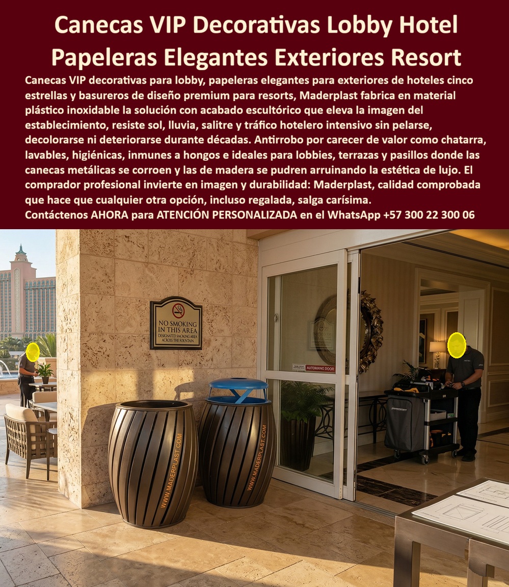 Papeleras Decorativas Lobby Hotel Canecas Vip Basureros Maderplast Basureros Decorativos para Hoteles Resistentes Canecas decorativas sin mantenimiento organizando pasillos larga vida Papeleras turísticas sin deterioro decorando exteriores PP Papeleras Decorativas Lobby Hotel Canecas VIP Basureros Maderplast Las Papeleras Decorativas Lobby Hotel Canecas VIP Basureros Maderplast se consolidan actualmente como el estándar de excelencia en mobiliario funcional para el sector de la hospitalidad, logrando fusionar una estética escultórica con la resistencia inexpugnable del plástico estructural. Esta solución técnica transforma la gestión de residuos en una declaración de lujo y eficiencia operativa para establecimientos de alto nivel.  Ingeniería Estética y Resistencia a la Intemperie Como se aprecia en la imagen 317424.jpg, estos elegantes contenedores presentan un diseño tipo barril con acabado de madera sintética, ideales para la entrada de resorts cinco estrellas. La ingeniería de Maderplast garantiza piezas que resisten la radiación solar, la lluvia y el salitre sin pelarse ni decolorarse, elevando la imagen del lobby y las áreas exteriores durante décadas.  A diferencia de las opciones metálicas que se corroen o las de madera natural que se pudren, estas canecas son:  Lavables e higiénicas: Su material permite una limpieza profunda y constante.  Inmunes a microorganismos: El plástico estructural es resistente a la proliferación de hongos.  Diseño Antirrobo: Al carecer de valor comercial como chatarra, protegen la inversión institucional frente al vandalismo.  Inoxidables: Soportan el tráfico hotelero intensivo sin deteriorarse en pasillos o terrazas costeras.  Rentabilidad y Análisis Técnico Para proyectos turísticos en zonas costeras, las canecas Maderplast superan al metal al evitar la corrosión salina, asegurando un retorno de inversión inmediato mediante una vida útil de décadas sin gastos de mantenimiento. Los polímeros inoxidables utilizados ofrecen texturas escultóricas que eliminan por completo los costos recurrentes de pintura o reposición.  El sistema de gestión de desechos se integra orgánicamente en la arquitectura comercial y el paisajismo de resorts internacionales, manteniendo una imagen impecable bajo tráfico peatonal intensivo permanente. Estas papeleras son la solución definitiva para evitar el deterioro decorando exteriores y organizando pasillos sin necesidad de intervenciones técnicas futuras.  Identificación Plena del Producto Contenedor de residuos decorativo: Diseño tipo barril en polímero de alta densidad resistente a UV y salinidad extrema.  Basurero VIP: Acabado escultórico para recepción y áreas sociales que anula la corrosión biológica.  Papelera turística modular: Protección contra impactos y factores climáticos severos para pasillos y terrazas.  Gestión de desechos elegante: Textura de madera sintética inalterable que evita el pelado y la decoloración.  Mobiliario urbano premium: Superficies lavables que impiden la proliferación de hongos en zonas de alta humedad.  Caso de Éxito: Inversión Inteligente en Estética y Durabilidad Hotelera CARLOS MENDOZA, GERENTE DE OPERACIONES, GRAND ATLANTIS RESORT & CASINO — 24 DE MARZO DE 2026  "Antes de implementar las soluciones de Maderplast, nuestras canecas metálicas en el área de piscina se oxidan en pocos meses y las de madera se pudran por la humedad constante, arruinando la estética de lujo del lobby y las terrazas. La instalación de las papeleras de diseño premium resolvió el problema de raíz: llevamos años sin gastar un solo centavo en mantenimiento y los contenedores lucen como el primer día de entrega. El respaldo técnico y las pruebas de resistencia a la intemperie nos brindaron la seguridad de que es un producto indestructible. Es la única opción para quien busca rentabilidad real y una imagen corporativa impecable sin fallas técnicas recurrentes".  Esta infraestructura técnica representa con exactitud la solución ideal para su establecimiento, encajando con precisión en las demandas de elegancia y resistencia de su arquitectura. Contacte directamente al Departamento de Ingeniería para asesoría técnica personalizada.  Ing. Soporte Técnico: (+57) 300 22 300 06