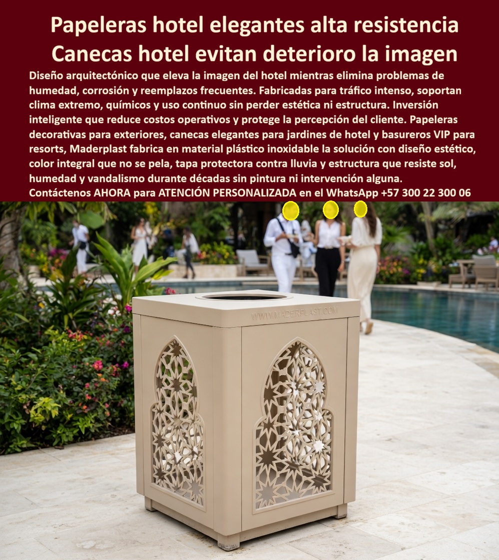 Papeleras Decorativas Lobby Hotel Canecas Vip Basureros Maderplast Canecas decorativas hotel resisten humedad uso intensivo larga vida Puntos limpios evitan sobrecostos ambientando entradas Canecas basura lobby evitan contaminación visual PP La Papelera Decorativa Lobby Hotel Canecas Vip Basureros Maderplast se presenta en la image_98afae.jpg como un volumen cúbico de precisión geométrica en tono arena, cuya celosía de inspiración arquitectónica no solo oculta el contenido, sino que eleva la percepción estética de la recepción y áreas sociales de forma inmediata. Esta pieza es la culminación de la ingeniería de polímeros aplicada a la hospitalidad, ofreciendo una solución que es, ante todo, un blindaje técnico contra el deterioro en entornos de alta exigencia. En el diseño de interiores de alto nivel, la gestión de residuos deja de ser una tarea logística para transformarse en un elemento de arquitectura funcional que define la identidad de un espacio.   El comprador profesional entiende que la infraestructura hotelera se evalúa estrictamente bajo el prisma del Costo Total de Propiedad (TCO). Una caneca metálica convencional, adquirida a un precio aparentemente bajo, resulta carísima debido a la corrosión galvánica que mancha los pisos de mármol y requiere reemplazos semestrales por degradación estética. En contraste, las Papeleras Decorativas Lobby Hotel Canecas Vip Basureros Maderplast constituyen un activo de larga vida, exento de depreciación por factores ambientales como el salitre, el cloro o la humedad extrema de las zonas de piscina. Al poseer un color integral que no se pela ni requiere pintura, estas canecas eliminan los gastos operativos de mantenimiento, asegurando un retorno de inversión inmediato mediante la preservación absoluta de la imagen corporativa del establecimiento.  La estabilidad mecánica de este mobiliario es inexpugnable, pues su estructura de plástico estructural de alta densidad resiste impactos severos y el uso rudo diario sin fracturarse ni perder su integridad estructural. Su diseño es higiénico, autolimpiante e inmune a la proliferación de hongos, un factor crítico en entornos de hospitalidad cinco estrellas donde la bioseguridad es una norma. Además, el material carece de valor comercial como chatarra, lo que anula de raíz el riesgo de robo por vandalismo, protegiendo así el patrimonio institucional de forma pasiva y eficiente.  Un ejemplo contundente de esta eficiencia técnica es el caso del Resort Pacífico Azul, donde el Gerente de Mantenimiento, Alejandro Villarreal, logró erradicar la degradación visual de sus áreas de piscina. Tras años de lidiar con la oxidación de contenedores tradicionales, la migración a la infraestructura de Maderplast permitió mantener una estética premium sin realizar una sola intervención de pintura en más de dos años de exposición solar constante. Esta transición no solo ahorró costos operativos, sino que blindó la responsabilidad civil del hotel al eliminar superficies degradadas y asegurar una limpieza profunda y constante.  Lograr que el mobiliario funcional encaje perfectamente con la visión de lujo de un arquitecto es, en esencia, encontrar la zapatilla de la Cenicienta para su proyecto. Ese ajuste milimétrico entre resistencia técnica, bioseguridad y elegancia escultórica es el milagro que la ingeniería de polímeros inalterables materializa en cada pieza. El santo que hace posible esta durabilidad perpetua está a su entera disposición para transformar su anteproyecto en una realidad indestructible que monetiza la excelencia de su infraestructura.  Contact directly the Engineering Department for personalized advice. Eng. Technical Support: (+57) 300 22 300 06.