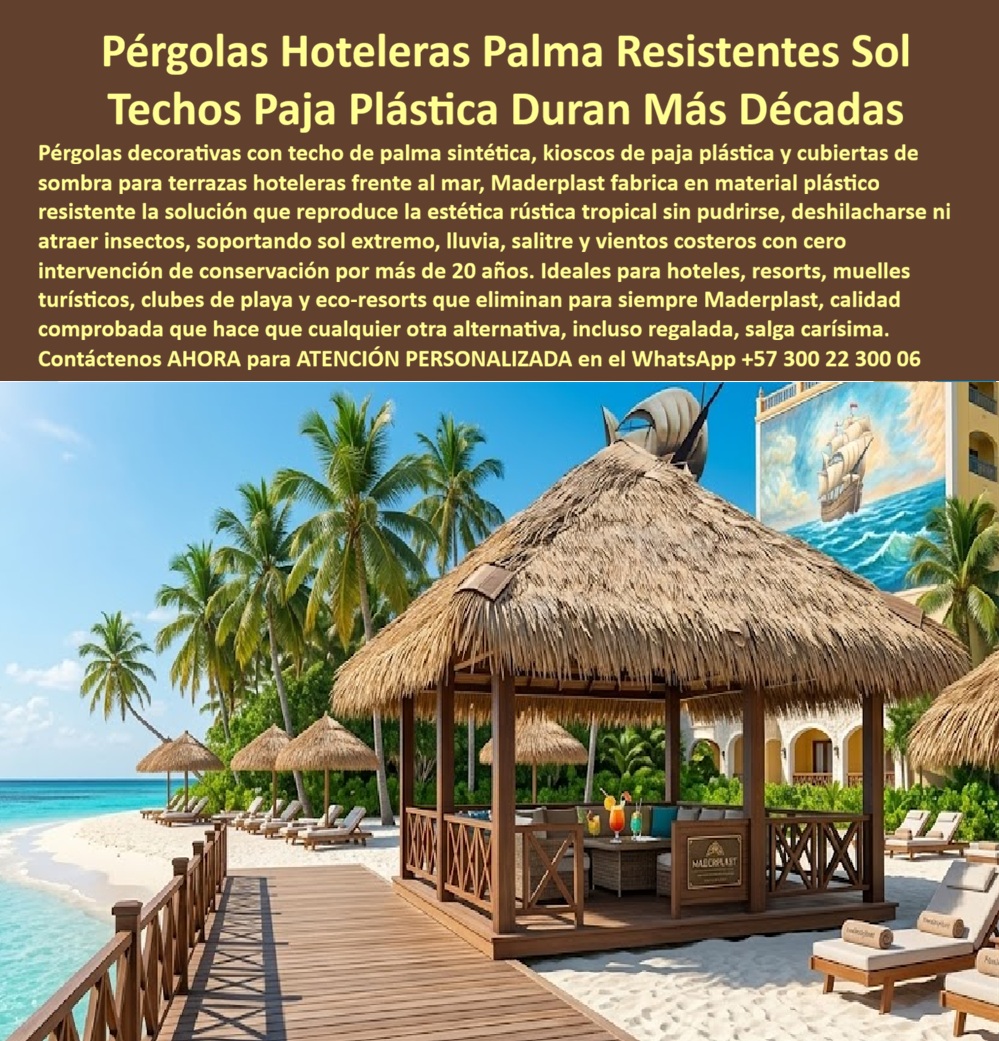 Pérgolas Decorativas Terrazas Hoteleras Techos Sombra Cubierta Maderplast Pérgolas Hoteleras Plásticas Resistentes Sol Lluvia Duraderas Pérgolas Hoteleras Resistentes a Intemperie Sin Mantenimiento Pérgolas Exteriores Hotel Resistente Pérgola Pérgolas Hoteleras Plásticas Resistentes al Sol y la Lluvia: Infraestructura Tropical de Larga Vida La arquitectura costera de vanguardia exige soluciones que trascienden la estética y se conviertan en activos financieros blindados contra el tiempo. La vista panorámica de un lujoso kiosco hotelero con techo de palma sintética de alta ingeniería sobre una playa paradisíaca representa la materialización de esta eficiencia. La estructura, fabricada con plástico estructural imitación madera nogal, incluye un deck elevado antideslizante y barandas de seguridad, integrándose orgánicamente en entornos rústicos e inoxidables. Maderplast garantiza una solución técnica inmune al salitre, los rayos UV y la acción de insectos, asegurando que el material no se deshilache ni se pudra, manteniendo una estética tropical impecable por más de 20 años en resorts de alto tráfico.  El Desafío del Salitre y la Paja Natural En la infraestructura hotelera tradicional, los techos de paja natural representan una pesadilla operativa, ya que suelen pudrirse cada 18 meses, atraer insectos y elevar drásticamente los riesgos de incendio, lo que dispara las pólizas de seguro. Sustituir estos materiales por la palma sintética de Maderplast elimina las renovaciones trianuales y reduce a cero los riesgos de plagas biológicas. Al ser un material ignífugo y autoextinguible, esta tecnología resiste el salitre y dura décadas sin perder su integridad estructural. Mientras que la madera convencional requiere lija y barniz constante, el plástico estructural de ingeniería ofrece estabilidad permanente frente a la radiación UV extrema del Caribe.  Para el comprador técnico que busca durabilidad, los polímeros de alta densidad de estas estructuras anulan la anidación de plagas y eliminan la necesidad de fumigaciones costosas. Esta es la solución definitiva para quienes preguntan por el material más duradero para kioscos de playa que no atraiga insectos. La inversión en este tipo de ingeniería rústica sostenible no es un gasto, es una valorización real de la propiedad que garantiza la bioseguridad y un retorno de inversión acelerado mediante el ahorro en mano de obra y mantenimiento.  Certificación y Seguridad para el Decisor Maderplast provee infraestructuras eco-amigables fabricadas con polímeros reciclables que cuentan con certificación de baja huella de carbono. Esta tecnología termoplástica está diseñada para resistir vientos huracanados y la salinidad extrema, asegurando que la cubierta rústica decorativa no se decolore ni genere biopelícula. En comparativa con la madera, que sucumbe al clima marino en pocos años, nuestras pérgolas estructurales ofrecen una vida útil superior a dos décadas sin intervenciones técnicas. Es fundamental entender que las opciones baratas del mercado, incluso si fueran regaladas, resultan carísimas debido a los gastos ocultos de reparación y pérdida de imagen por deterioro prematuro.  Testimonio de Valorización Real "en nuestro resort de playa, los techos de paja natural eran una pesadilla operativa; se podrían cada 18 meses, atraen insectos y el riesgo de incendio nos elevaba las pólizas de seguro al máximo. la solución de maderplast fue definitiva. instalamos las pérgolas con paja plástica y deck estructural imitación madera nogal. tras tres años de sol caribeño, las estructuras lucen exactamente como el primer día, sin una sola intervención de mantenimiento. eliminamos las fumigaciones y el gasto en repintado de madera podrida. la tranquilidad técnica y el ahorro en mano de obra han sido masivos. maderplast no solo vendió un producto, nos dio una infraestructura indestructible que valoriza nuestra propiedad y garantiza la seguridad de los huéspedes."  — ing. julián roa, director de mantenimiento en blue ocean resort.  El Cierre Técnico Profesional La decisión de adquirir una estructura modular rústica de Maderplast elimina el miedo del ingeniero a firmar la orden de compra, pues el respaldo de pruebas de laboratorio demuestra una resistencia impactante frente a mazo, retroexcavadora y rotomartillo. Esta seguridad técnica es la que permite monetizar el hotel con infraestructuras que duran décadas sin fallos estructurales.  Lograr que la infraestructura de un resort encaje con la precisión de la ingeniería y la estética tropical es encontrar la zapatilla de la Cenicienta. El milagro de la durabilidad eterna lo realiza el santo que diseña con polímeros de alto rendimiento.  Contact directly the Engineering Department for personalized advice. Eng. Technical Support: (+57) 300 22 300 06.