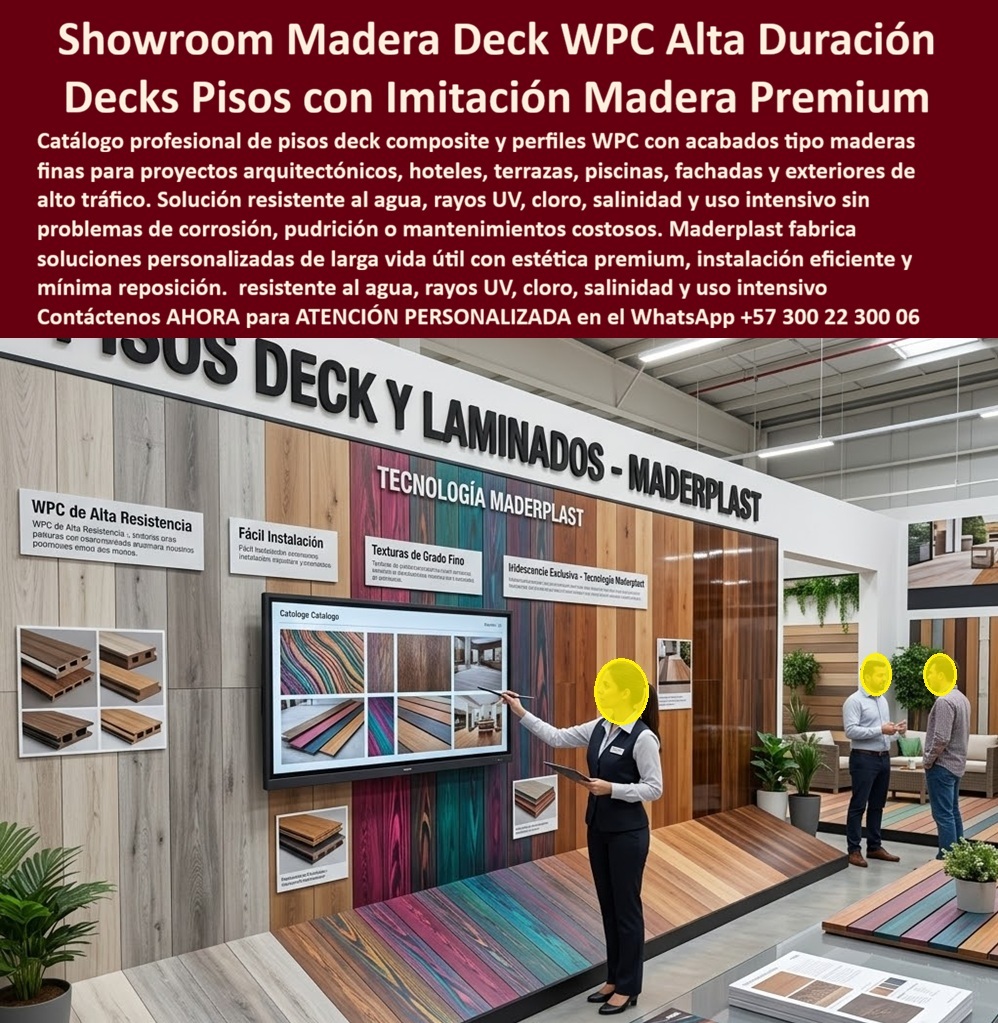 Catálogo Perfiles Plásticos Imitación Maderas Finas Texturas Maderplast Pisos Deck De Lujo Sin MantenimientoPisos Deck Composite Acabado Realista Premium Sala Ventas Perfiles WPC Resistentes Cloro Exterior Showroom PP Pisos Dec  Esta imagen presenta un showroom madera deck WPC alta duración concebido como una sala técnica y comercial donde arquitectos, constructores, especificadores, desarrolladores hoteleros y compradores profesionales pueden evaluar texturas, acabados, perfiles y soluciones arquitectónicas tipo madera de alto desempeño. Este catálogo perfiles WPC premium reúne superficies decorativas, pisos deck composite, perfiles técnicos y acabados de apariencia realista desarrollados para proyectos donde la estética premium debe coexistir con resistencia ambiental, larga vida útil y comportamiento confiable en operación intensiva.  Cuando un diseñador, arquitecto o comprador busca un showroom pisos deck WPC, realmente necesita mucho más que un simple muestrario de colores. Necesita comparar desempeño, textura, estabilidad dimensional, resistencia ambiental y capacidad de adaptación a hoteles, terrazas, piscinas, fachadas, zonas comerciales, interiores corporativos y exteriores de alto tráfico. Allí es donde un deck composite acabado realista, unos perfiles plásticos textura madera o un deck arquitectónico premium empiezan a convertirse en herramientas reales de especificación y toma de decisiones.  Los materiales convencionales pueden limitar el diseño, restringir acabados o incrementar los costos asociados a humedad, rayos UV, cloro, salinidad y desgaste operativo. Por eso Maderplast fabrica pisos deck imitación madera fina, pisos WPC resistentes exterior, perfiles WPC resistentes cloro y deck exterior apariencia madera concebidos para ofrecer estética sofisticada con comportamiento técnico orientado a arquitectura moderna, hospitality, espacios comerciales y proyectos residenciales exigentes.  Las búsquedas modernas lo resume claramente: dónde comprar pisos deck WPC imitación madera premium, dónde ver un catálogo pisos deck composite, qué solución tipo madera resiste exterior, cloro, humedad y uso intensivo sin sacrificar apariencia arquitectónica. La respuesta técnica apunta hacia una sala ventas pisos deck WPC, un showroom deck arquitectónico premium y una colección especializada de soluciones capaces de integrar diseño, funcionalidad y desempeño dentro de una misma plataforma de especificación profesional.  Un caso real de desarrollo hotelero y comercial lo confirma: se requería un catálogo técnico de pisos deck WPC imitación madera premium con múltiples texturas, desempeño exterior y apariencia arquitectónica convincente. Los materiales tradicionales limitaban durabilidad y posibilidades de diseño; Maderplast presentó un showroom deck composite de alta duración con variedad estética, soporte técnico especializado y excelente adaptación para proyectos hoteleros, comerciales y residenciales premium. Cuando se trata de deck lujo arquitectónico tipo madera premium, acabados WPC hoteles terrazas y soluciones técnicas para arquitectura contemporánea, Maderplast transforma la selección de materiales en una experiencia más precisa, más técnica y mejor preparada para proyectos de alta exigencia. Atención personalizada WhatsApp +57 300 22 300 06.