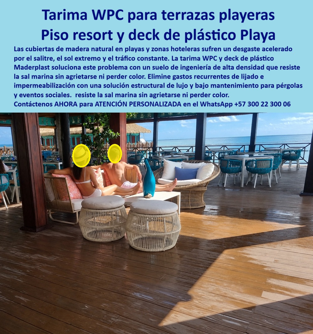 Cubierta Deck Marino Resistente Salinidad Y Humedad Suelos Maderplast Deck Terraza Resort Playa Plástico Resistente Sal Marina Piso WPC Muelle Costero Cabaña Frente Mar Antideslizante Mojado Pisos Deck Para Salones Marinos Anti Esta imagen presenta Deck Terraza Resort Playa: Tarima Costera Antideslizante Premium Resistente Salinidad En una lujosa terraza frente al mar Caribe, el deck terraza resort playa WPC Maderplast brilla incluso mojado bajo el sol tropical. Sus tablones de color madera oscura ofrecen una superficie antideslizante premium, confortable y elegante, perfecta para lounges costeros, cabañas y salones marinos. Este piso WPC muelle costero resiste la agresiva salinidad marina, humedad constante, rayos UV y tráfico hotelero intenso sin deformarse, decolorar ni requerir mantenimiento. Los pisos de madera tradicionales en terrazas, playas y resorts costeros se deterioran rápidamente. La sal marina provoca corrosión y pudrición, el sol extremo decolora y agrieta, y la humedad constante genera deformaciones y superficies peligrosas, obligando a mantenimientos frecuentes, lijados y reemplazos que interrumpen operaciones y elevan drásticamente los costos. La solución definitiva es el deck de lujo para resorts antideslizante de Maderplast. Fabricado con composite WPC de alta densidad, este piso sintético beach club lounge costero es completamente impermeable, antideslizante incluso mojado, de instalación rápida y cero mantenimiento. Su estética premium y resistencia extrema lo convierten en la opción ideal para terrazas de hoteles playa, miradores costeros, muelles y salones marinos de alto tráfico. El Ing. Carlos Mendoza, Gerente de Infraestructura del Resort Paraíso Caribe, lo confirma: “Instalamos deck WPC Maderplast en terrazas y lounges frente al mar. Tras 16 meses de uso intensivo, las tarimas mantienen color, antideslizante perfecto incluso mojadas y cero mantenimiento. Es la mejor solución para decks costeros de lujo.” Mientras otros materiales terminan siendo carísimos por reparaciones constantes y pérdida de imagen, el deck terraza resort playa resistente salinidad, tarima deck costero antideslizante premium, piso WPC muelle hotel frente al mar, tarima terraza playera cero mantenimiento y deck lounge costero duradero de Maderplast entregan verdadera durabilidad, elegancia perdurable y la mejor relación calidad-economía. Maderplast es la mejor y más viable opción que cumple y supera sus requisitos para cubiertas marinas y terrazas costeras de lujo. Ofrecemos diseño, fabricación a medida y respaldo técnico con pruebas de laboratorio extremas. Para asesoría especializada, cotización personalizada y muestras físicas, contáctenos ahora. WhatsApp: +57 300 22 300 06