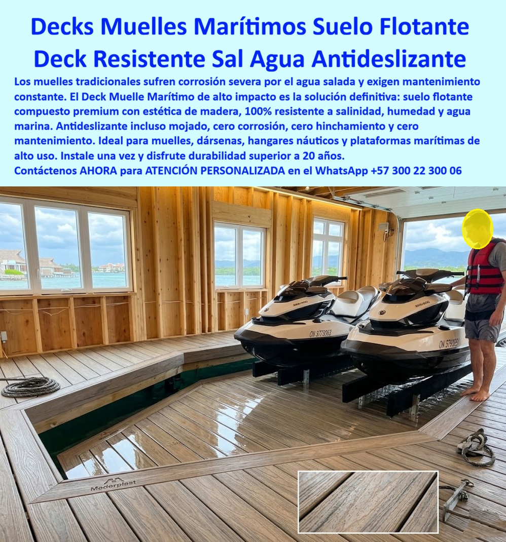 Deck Muelle Marítimo Anticorrosión Agua Salada Suelo flotante Maderplast Cubiertas Muelles Deck Marítimo Resistente Sal Deck náutico inmune humedad agua mar antideslizante Deck Marino Muelles Duradero Agua Salada Suelo Flotante  La imagen muestra Deck Muelle Marítimo Anticorrosión Agua Salada Suelo Flotante Maderplast — Cubiertas Muelles Deck Marítimo Resistente Sal, Deck Náutico Inmune Humedad Agua Mar Antideslizante Deck Marino Muelles Duradero Agua Salada, Suelo Flotante Deck WPC color madera natural instalado en muelle marítimo con hangar náutico donde dos motos acuáticas Sea-Doo descansan sobre una rampa de acceso directo al agua, superficie visiblemente mojada con agua de mar, logo Maderplast grabado en la tarima y un operario con chaleco salvavidas de pie sobre el deck sin riesgo alguno de deslizamiento: esa imagen resume lo que ningún tablón de madera tratada ni baldosa cerámica ha logrado jamás en ambiente marino, y es exactamente lo que Maderplast fabrica, instala y garantiza por más de veinte años sin mantenimiento. El deck WPC para muelle marítimo resistente agua salada que se observa en esta fotografía es un suelo flotante compuesto con textura antideslizante que soporta salinidad permanente, humedad marina continua y carga directa de embarcaciones sin corrosión, sin hinchamiento y sin decoloración, fabricado con madera plástica WPC de núcleo sólido cien por ciento inmune al agua salada mediante procesos industriales controlados y experiencia comprobada en plásticos técnicos de alto rendimiento. El suelo flotante anticorrosión para dársena marina y el piso deck náutico antideslizante para marina resuelven el problema crónico que destruye la infraestructura de muelles tradicionales: la madera tratada se pudre cada dos años con el agua de mar, los clavos se oxidan y generan astillas peligrosas para usuarios descalzos, y el mantenimiento con sellantes y anticorrosivos termina costando más que el material original, convirtiendo cada ciclo de reposición en un pasivo financiero acumulativo que los administradores de marinas conocen demasiado bien. Así lo certifica el Cap. Andrés Villamizar, Administrador de Marina Bahía Dorada, quien en agosto de 2023 instaló seiscientos cincuenta metros cuadrados de deck WPC Maderplast en muelles y hangar de motos acuáticas tras años de reemplazar tablones de madera tratada cada veinticuatro meses: después de veinte meses con inmersión parcial en agua de mar, carga diaria de embarcaciones y tránsito constante de operarios con calzado mojado, el resultado es cero pudrición, cero corrosión, cero tablones reemplazados y eliminación total del presupuesto de mantenimiento de muelles, con un deck que mantiene su apariencia intacta como el día de la instalación. El deck muelle resistente salinidad sin mantenimiento, la tarima plástica para hangar de embarcaciones, el deck WPC para plataforma náutica carga pesada, el piso muelle marítimo sin pudrición ni corrosión, el deck madera tropical resistente humedad permanente, el suelo WPC para muelle flotante de motos acuáticas y la tarima muelle resistente inmersión agua de mar comparten la misma ingeniería de plataforma elevada que permite instalación sobre estructura flotante o fija sin obra húmeda, sin demoliciones y sin interrumpir la operación de la marina durante el montaje. El deck anticorrosión para proyecto náutico costero, el piso deck para club náutico y marina turística, el suelo flotante WPC para dársena sin sellantes, el deck marítimo para puerto deportivo antideslizante y la tarima WPC muelle pesquero resistente clima costero representan variantes del mismo sistema constructivo que Maderplast diseña y fabrica con capacidad para cotización personalizada, planos, renders, prototipos funcionales y producción en serie destinada a muelles, dársenas, marinas turísticas, puertos deportivos y plataformas náuticas de cualquier escala. La inversión inicial en Maderplast elimina de raíz el cien por ciento de los costos ocultos de sellantes, anticorrosivos, reposición de tablones y reparaciones de emergencia que convierten los materiales tradicionales en una trampa financiera, porque los productos de la competencia resultan carísimos incluso regalados por sus falsas garantías, corrosión prematura, reclamos no atendidos y pérdida de imagen que ningún precio bajo compensa frente a la seguridad de usuarios, huéspedes y tripulaciones. Las pruebas de laboratorio extremas con ensayos de impacto mediante mazo de construcción, retroexcavadora y rotomartillo están verificadas en video en youtube.com/@maderplasSA junto con fichas técnicas de resistencia a salinidad descargables que respaldan cada especificación. Cuando se trata de deck marino, muelles duraderos, agua salada y suelo flotante para infraestructura náutica, Maderplast es el fabricante colombiano que convierte especificaciones técnicas en soluciones reales con fabricación a medida para el mercado nacional e internacional. Solicite asesoría especializada en el WhatsApp +57 300 22 300 06 o escriba a ingenieria@maderplast.co, y descubra por qué Maderplast es la decisión que firma el capitán de puerto, el ingeniero naval y el administrador de marina con total tranquilidad, porque detrás de cada tabla hay pruebas de laboratorio certificadas, no promesas que se disuelven con la primera marea.