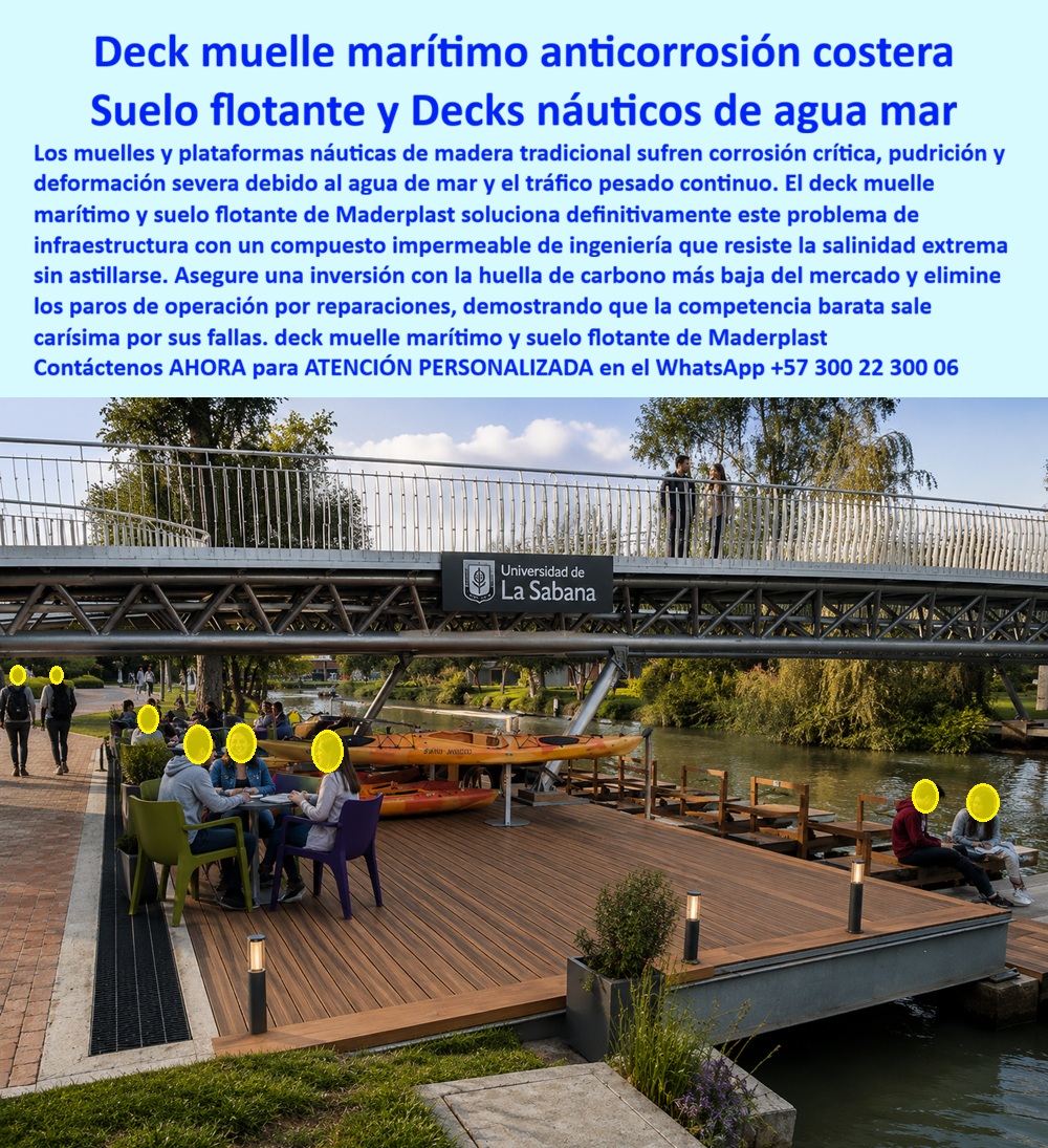 Deck Muelle Marítimo Anticorrosión Agua Salada Suelo flotante Maderplast Deck náutico anticorrosivo agua mar tráfico pesado Pisos Deck Marítimo Flotante Instalación Rápida Cubierta Marina Antideslizante Impermeable Larga Vida Útil Mar  La imagen presenta un deck muelle marítimo anticorrosión agua salada instalado como plataforma náutica multifuncional para circulación peatonal, descanso, recreación, embarque liviano y uso institucional junto a un entorno acuático de operación continua. Este suelo flotante náutico anticorrosivo está concebido para marinas, embarcaderos, malecones, universidades, clubes náuticos, terrazas sobre agua y plataformas lacustres donde la salinidad, la humedad permanente, el tráfico pesado y el ambiente exterior aceleran el deterioro de materiales tradicionales.  Cuando un ingeniero, arquitecto, operador náutico o comprador técnico busca un deck muelle marítimo agua salada, realmente necesita una solución capaz de convivir con clima costero, exposición constante al agua y uso intensivo sin caer en ciclos interminables de corrosión, deformación, pintura, reparación o sustitución prematura. Allí es donde un piso náutico resistente a salinidad, una cubierta marina impermeable durable o un muelle flotante resistente al agua mar comienzan a marcar una diferencia operativa real.  Las soluciones convencionales de madera o metal pueden absorber humedad, oxidarse, deformarse o incrementar los costos de mantenimiento bajo condiciones marítimas agresivas. Por eso Maderplast fabrica deck marítimo tráfico pesado, deck embarcadero antideslizante, deck náutico humedad permanente y cubierta náutica exterior durable pensados para estabilidad estructural, seguridad peatonal, larga vida útil y comportamiento confiable bajo operación acuática exigente. El valor técnico no está únicamente en la apariencia o en la instalación inicial; está en mantener funcionamiento, imagen y seguridad durante años de exposición ambiental severa.  Las búsquedas modernas lo resume claramente: qué deck sirve para muelles marítimos en agua salada, dónde comprar un suelo flotante marina recreativo, qué reemplaza la madera en plataformas náuticas sin pudrirse ni corroerse. La respuesta técnica apunta hacia un deck plataforma lacustre impermeable, diseñado para resistir salinidad extrema, humedad continua, radiación solar y circulación permanente. El deck marítimo instalación rápida, la plataforma flotante agua mar y el piso deck costero anticorrosivo ayudan a reducir tiempos de montaje, intervenciones correctivas, deterioro prematuro y costos ocultos asociados a materiales que no fueron concebidos para ambientes marinos reales.  Un caso práctico de infraestructura recreativa universitaria lo confirma: se requería un deck marítimo anticorrosión para plataforma sobre agua con seguridad peatonal, resistencia ambiental y mínima intervención operativa. Las alternativas tradicionales sufrían corrosión, deformación y mantenimiento constante; Maderplast implementó un suelo flotante náutico impermeable larga vida útil con mejor estabilidad, rápida instalación y excelente desempeño bajo operación acuática continua. Cuando se trata de deck marina larga vida útil, cubierta marina antideslizante resistente salinidad extrema y soluciones para infraestructura náutica moderna, Maderplast convierte plataformas sobre aguas marinas y embarcaderos en superficies técnicamente más confiables, operacionalmente más estables y mejor preparadas para el uso real del ambiente marítimo. Atención personalizada WhatsApp +57 300 22 300 06.