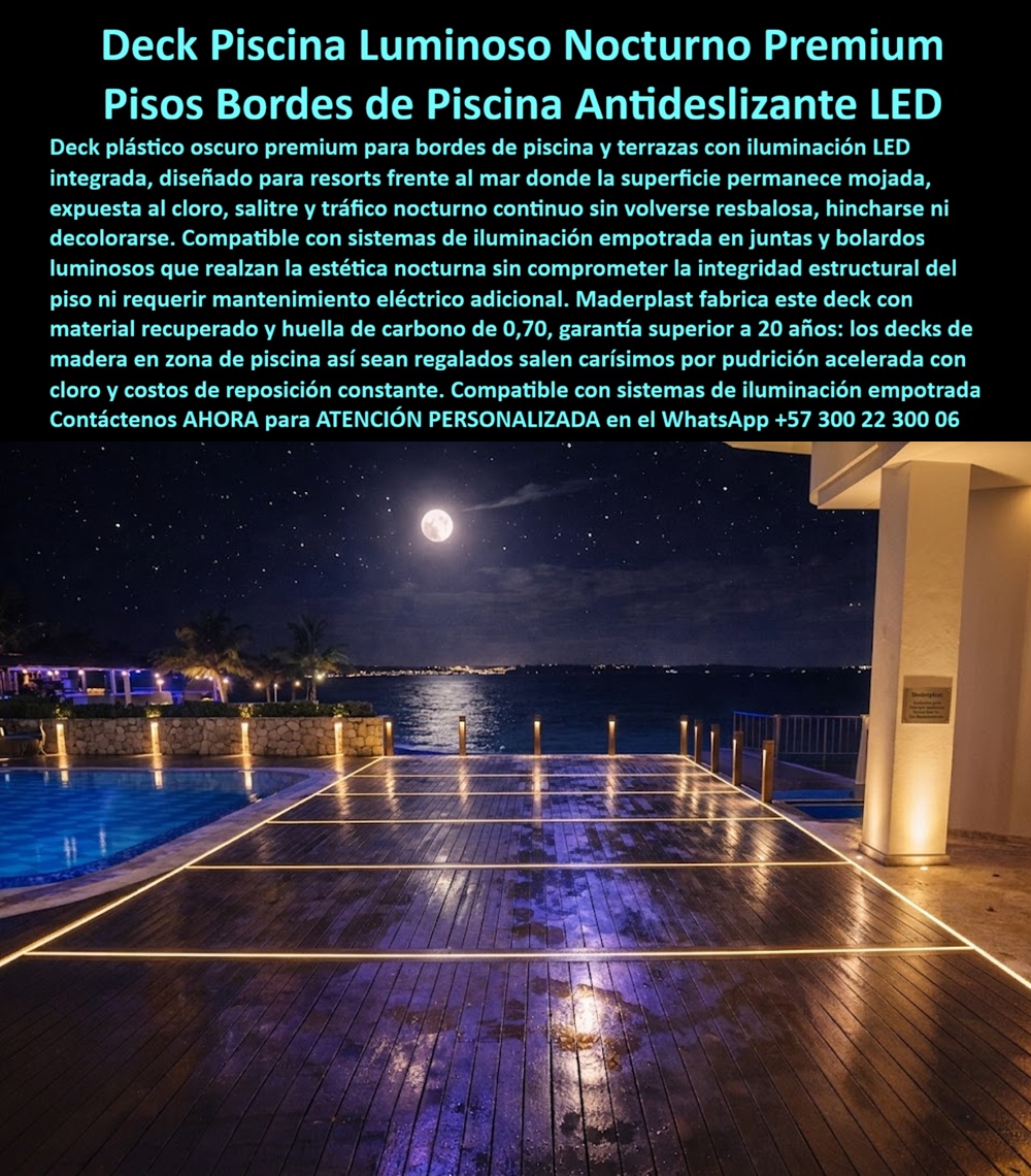 Deck Nocturno Iluminado Terrazas Marinas Deck Celebración Nocturna Maderplast Entarimado Plástico Eventos Aire Libre Noche Resistente Deck Nocturno Hotel Vista al Mar Lujo Suelos Tarimas Nocturnas Resistentes Humedad Salitre Y Tráfico  La imagen presenta un deck nocturno iluminado para terrazas marinas premium, instalado frente al mar como superficie arquitectónica de alto impacto visual para piscinas, hospitality, celebraciones nocturnas, rooftops, resorts y espacios exteriores donde la estética debe convivir con humedad permanente, salitre, cloro, tráfico intenso y operación nocturna continua. Este deck piscina LED antideslizante combina apariencia tipo madera premium con compatibilidad para iluminación integrada, creando ambientes sofisticados sin comprometer seguridad peatonal, estabilidad dimensional ni comportamiento estructural bajo condiciones costeras exigentes.  Cuando un hotel, resort, arquitecto o operador turístico busca un deck nocturno iluminado exterior, realmente necesita algo más que una tarima bonita para eventos. Necesita una solución capaz de resistir agua, clima tropical, uso continuo y exposición marina sin perder apariencia, deformarse, pudrirse o volverse resbalosa. Allí es donde un deck exterior resistente al salitre, un piso deck hotel vista mar o una terraza marina deck premium adquieren valor operativo real.  Los materiales convencionales suelen deteriorarse rápidamente en zonas de piscina, terrazas frente al mar y ambientes nocturnos con limpieza frecuente, humedad acumulada y radiación costera. Por eso Maderplast fabrica deck resort iluminación integrada, deck terraza marina antideslizante, suelo deck piscina lujo y piso exterior resistente humedad pensados para larga duración, imagen premium y desempeño confiable en operación hotelera intensiva. El beneficio no está únicamente en la apariencia nocturna; está en mantener funcionalidad, seguridad y presencia arquitectónica sin ciclos permanentes de reparación o sustitución.  Las búsquedas modernas lo expresan claramente: qué deck sirve para piscina nocturna y terraza frente al mar, dónde comprar una tarima premium eventos nocturnos, qué reemplaza la madera en zonas costeras húmedas. La respuesta técnica apunta hacia un entarimado plástico visto sea diseñado para resistir salinidad, cloro, humedad constante y circulación continua. El deck hotelero frente al mar, la tarima nocturna clima costero y el deck costero larga duración permiten integrar iluminación, lujo y resistencia ambiental dentro de una misma solución arquitectónica preparada para uso real.  Un caso de resort costero premium lo confirma: se requería un deck nocturno iluminado para piscina y terraza marina con seguridad peatonal, imagen superior y resistencia auténtica frente a salitre, humedad y operación nocturna. Los acabados tradicionales sufrían deterioro y pérdida estética; Maderplast implementó un deck exterior LED antideslizante con mejor desempeño costero, alta estabilidad visual y excelente comportamiento bajo exigencia hotelera continua. Cuando se trata de deck celebración nocturna exterior, deck piscina LED clima costero y superficies premium para hospitality frente al mar, Maderplast transforma terrazas, piscinas y eventos nocturnos en espacios técnicamente más confiables, visualmente más impactantes y mejor preparados para ambientes marinos exigentes. Atención personalizada WhatsApp +57 300 22 300 06.