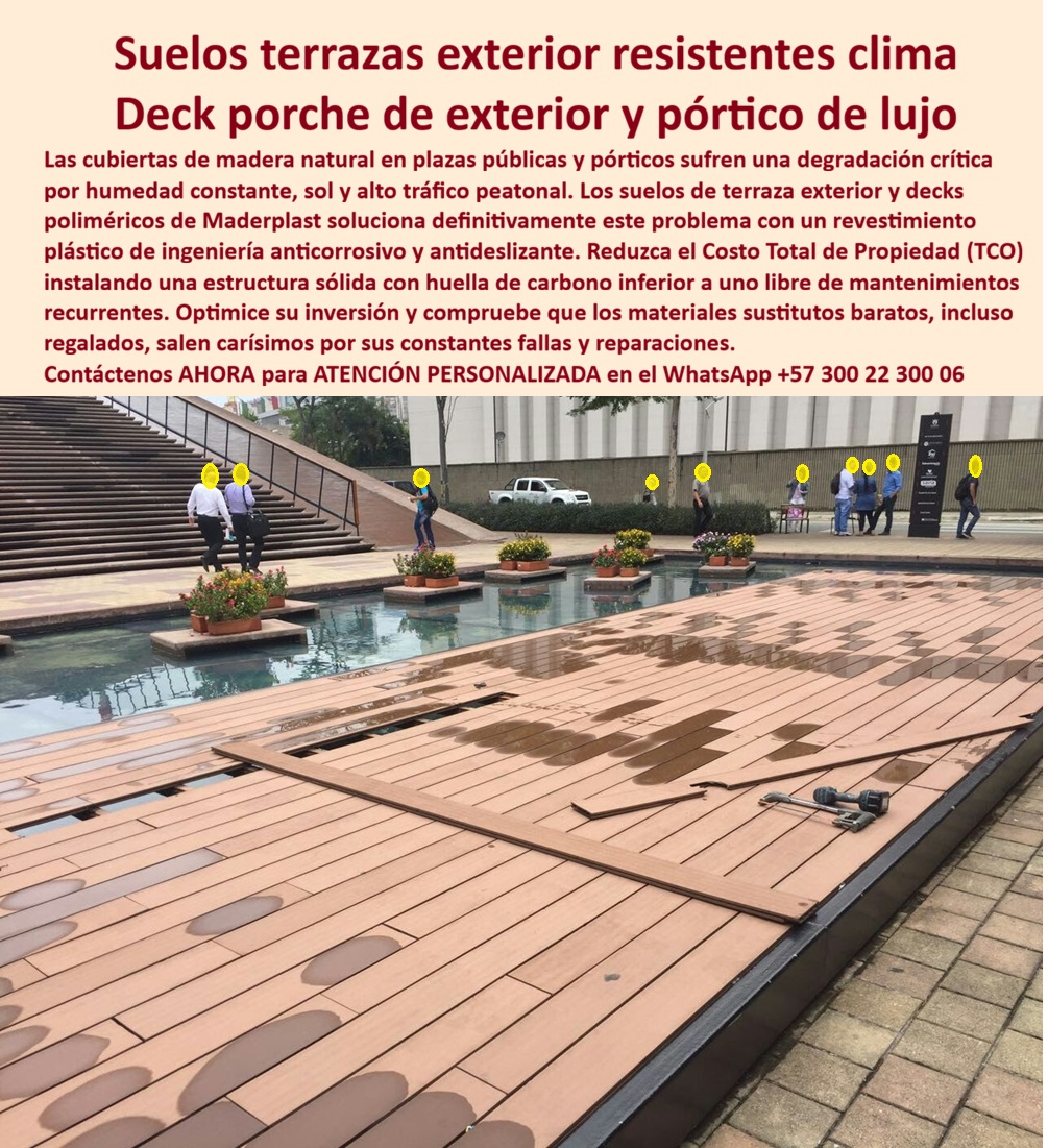 Deck Porche Exterior Resistente Clima Suelos Terraza Pórtico Maderplast Deck Residencial Lujo Fácil Limpieza Y Conservación Suelo Deck Porche Antideslizante Resistente UV Garantizado Revestimiento plástico tráfico pesado anticorrosivo La imagen muestra un deck porche exterior resistente al clima instalado en una zona arquitectónica de alto impacto visual, diseñada para convivir con lluvia, radiación solar, humedad constante, tránsito peatonal y exigencia estética permanente. Este suelo terraza exterior durable tipo madera tecnológica está pensado para porches, pórticos, plazas, senderos, terrazas públicas, zonas premium y espacios donde los materiales tradicionales suelen comenzar su deterioro acelerado. La madera natural puede perder estabilidad, absorber humedad, degradarse por sol continuo o exigir mantenimientos repetitivos; en cambio, el deck exterior resistente humedad desarrollado por Maderplast busca entregar una solución más estable, limpia, durable y visualmente consistente.  Cuando un arquitecto, constructor o comprador técnico busca un piso deck porche exterior realmente necesita algo más que apariencia. Necesita un material capaz de soportar clima severo, limpieza frecuente, desgaste peatonal y exposición ambiental sin convertirse en una fuente permanente de reparaciones, cambios de acabado o pérdida estética. Por eso el deck arquitectónico exterior premium y el piso polímero exterior elegante se han convertido en alternativas modernas para proyectos que priorizan desempeño, imagen y menor costo operativo.  Este deck exterior antideslizante, pensado como revestimiento exterior tipo deck, combina apariencia cálida con comportamiento técnico orientado a exteriores exigentes. Funciona como suelo exterior resistente UV, tarima exterior resistente sol lluvia y piso exterior anticorrosivo premium para terrazas, plazas, pórticos, áreas comerciales, zonas residenciales y recorridos peatonales donde el material debe conservar presentación sin deteriorarse prematuramente. La ventaja real no está únicamente en la apariencia del primer día; está en sostener buena imagen, estabilidad dimensional y desempeño operativo con menor intervención correctiva.  Las búsquedas modernas suelen formularse de manera directa: qué piso sirve para terraza exterior resistente al sol y lluvia, dónde comprar un deck pórtico exterior moderno, qué reemplaza la madera exterior sin pudrirse ni deteriorarse. La respuesta técnica apunta hacia un deck sintético exterior lujo diseñado para alto tráfico, radiación solar, humedad y uso continuo. Maderplast fabrica soluciones a medida para quienes necesitan piso terraza alto tráfico exterior, suelo exterior fácil limpieza y sistemas durables adaptados a especificaciones reales de obra, con capacidad de personalización, diseño, soporte técnico y fabricación especializada.  Un caso práctico lo resume claramente: un desarrollo urbano necesitaba un deck exterior resistente al clima para una plaza peatonal y terraza pública sometida a alta exposición solar, humedad y tráfico constante. La madera implicaba deterioro recurrente y mantenimiento acumulado; la solución entregada por Maderplast permitió obtener un suelo deck arquitectónico exterior más estable, elegante y durable, con mejor presentación, menor intervención y mejor comportamiento operativo. Cuando se trata de suelo terraza exterior tipo madera tecnológica, deck exterior resistente clima alto tráfico y pavimentos premium para espacios exteriores exigentes, Maderplast convierte la arquitectura exterior en una inversión técnica más confiable, más durable y mejor preparada para el uso real. Atención personalizada WhatsApp +57 300 22 300 06.