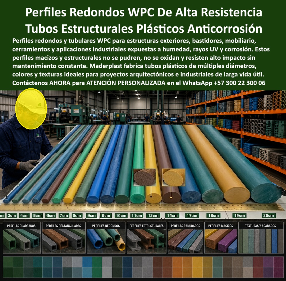 Perfilería Redonda Estructural Inoxidable Uso Exterior Tubos Maderplast Perfil Redondo Macizo Plástico Diámetros Dos A Veinte Centímetros Exterior Perfil Cilíndrico Plástico Macizo Estructural Textura Madera Real Estructuras Tubulares Esta imagen presenta una perfilería redonda estructural WPC de alta resistencia organizada como catálogo técnico de múltiples diámetros, colores, acabados y configuraciones para aplicaciones arquitectónicas, industriales y exteriores de larga duración. Estos tubos estructurales plásticos anticorrosión están concebidos para trabajar en ambientes donde humedad, rayos UV, químicos, impacto mecánico y corrosión suelen deteriorar rápidamente perfiles metálicos, maderas estructurales o materiales convencionales expuestos a operación continua.  Cuando un ingeniero, fabricante, constructor o diseñador técnico busca una perfilería redonda estructural exterior, realmente necesita algo más que un tubo plástico decorativo. Necesita un material capaz de participar en bastidores, estructuras ligeras, mobiliario técnico, cerramientos, elementos industriales, arquitectura exterior y sistemas sometidos a exigencia mecánica, humedad permanente y exposición ambiental agresiva. Allí es donde un perfil cilíndrico estructural WPC, un tubo estructural plástico inoxidable o una perfilería tubular alta resistencia empiezan a ofrecer ventajas funcionales y operativas frente a soluciones susceptibles a oxidación, pudrición o mantenimiento acumulativo.  Los materiales tradicionales pueden corroerse, degradarse por humedad, deformarse o aumentar los costos de conservación cuando trabajan en exteriores, plantas industriales, zonas costeras o ambientes químicamente agresivos. Por eso Maderplast fabrica perfil redondo macizo plástico, perfil exterior resistente a la humedad, estructura tubular anticorrosiva y perfil plástico uso industrial exterior diseñados para estabilidad dimensional, resistencia ambiental y comportamiento consistente bajo condiciones reales de uso técnico.  Las búsquedas modernas lo resumen claramente: dónde comprar tubos plásticos estructurales anticorrosión, qué perfil tubular resiste humedad, rayos UV y corrosión, qué reemplaza tubos metálicos oxidados o madera estructural deteriorada. La respuesta técnica apunta hacia tubos exteriores resistentes UV, tubos plásticos múltiples diámetros y tubos WPC larga duración preparados para integrarse en proyectos arquitectónicos, industriales, urbanos y constructivos donde la durabilidad del material impacta directamente el costo operativo y la confiabilidad estructural.  Un caso real de infraestructura técnica industrial lo confirma: se requerían tubos estructurales plásticos anticorrosión para un entorno exterior con humedad permanente, radiación UV y exigencia mecánica continua. Las alternativas metálicas generaban corrosión y mantenimiento recurrente; Maderplast suministró perfilería redonda estructural WPC con excelente estabilidad dimensional, resistencia ambiental y mejor desempeño operativo en aplicaciones industriales y arquitectónicas. Cuando se trata de perfil redondo textura madera, perfil macizo plástico industrial, perfiles WPC arquitectura exterior y soluciones técnicas para ambientes exigentes, Maderplast transforma perfiles, bastidores y estructuras tubulares en componentes más resistentes, más durables y técnicamente preparados para convivir con condiciones ambientales severas y operación intensiva. Atención personalizada WhatsApp +57 300 22 300 06.