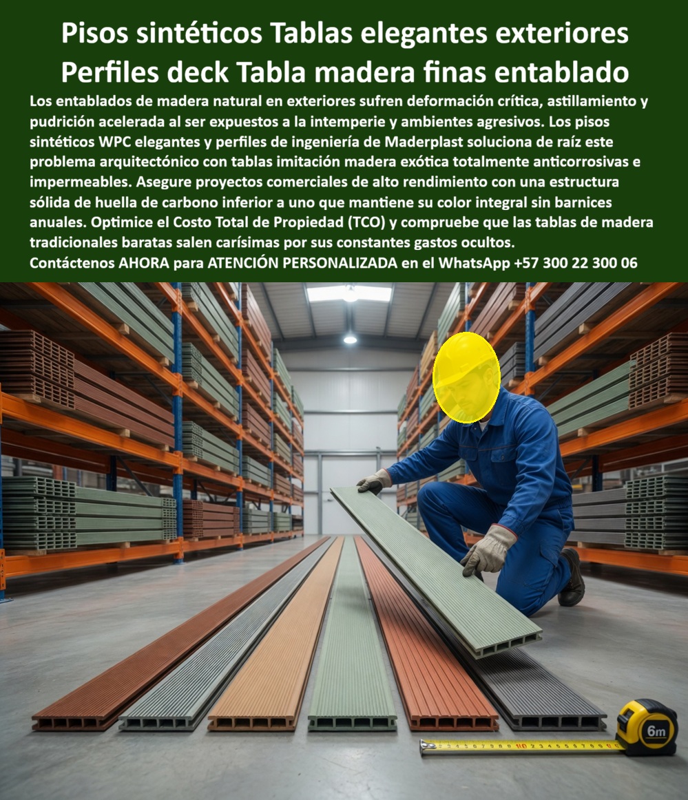 Perfiles Deck Madera Fina Pisos Sintéticos Wpc Elegantes Maderplast Entablados Exterior Tipo Madera Premium Anticorrosivos Perfiles WPC Imitación Madera Exótica Exterior Pisos De Madera Fina Plástica Ambientes Agresivos Tablas Madera Esta imagen presenta Perfiles Deck Madera Fina Pisos Sintéticos WPC Elegantes Maderplast — Entablados Exterior Tipo Madera Premium Anticorrosivos, Perfiles WPC Imitación Madera Exótica Exterior, Pisos De Madera Fina Plástica Ambientes Agresivos, Tablas Madera Perfiles deck WPC en múltiples colores que van desde madera oscura y cedro hasta gris, verde y naranja, exhibidos en bodega industrial Maderplast con estanterías de almacenamiento cargadas al fondo, un operario con guantes y casco inspeccionando una tabla con perfil hueco estriado junto a un flexómetro de seis metros que verifica la longitud de cada pieza: esa capacidad de fabricación industrial con control dimensional riguroso y variedad cromática para cualquier proyecto arquitectónico es exactamente lo que Maderplast produce sobre pedido a medida, despacha según cronograma de obra y garantiza con durabilidad superior a veinte años sin barniz, sin lijado y sin pintura. Los perfiles deck WPC imitación madera exótica exterior que muestra esta imagen tienen estructura alveolar de ingeniería que combina ligereza con rigidez mecánica, textura estriada antideslizante y color integral resistente a radiación UV que no se decolora con exposición solar directa, salinidad costera ni limpieza con químicos industriales porque su formulación de madera plástica WPC impermeable con huella de carbono inferior a uno no absorbe humedad, no genera astillas y no requiere tratamientos superficiales de ningún tipo durante toda su vida útil. Las tablas sintéticas para piso deck terraza anticorrosivas, el perfil WPC alveolar para entablado exterior impermeable y las tablas madera plástica múltiples colores para deck eliminan la trampa financiera que la madera inmunizada impone en proyectos exteriores: tres manos de barniz antes de instalar, dos manos anuales después y un costo de barniz y mano de obra que supera el sesenta por ciento del valor del material en cinco años, convirtiendo cada tabla de madera natural en un pasivo acumulativo que crece con cada temporada. Así lo certifica el Ing. Rafael Durán, Jefe de Compras de Constructora Oasis Proyectos S.A.S., quien en abril de 2024 adquirió dos mil cuatrocientos metros lineales de perfiles WPC color cedro oscuro para entablado de terrazas en un proyecto hotelero costero de cuarenta y ocho habitaciones: después de doce meses instalado frente al mar con brisa salina permanente, el resultado es cero barniz aplicado, cero decoloración, cero tablas reemplazadas y un desperdicio en obra inferior al tres por ciento gracias al despacho en longitudes de seis metros cortadas según plano, razón por la cual la constructora incluyó estos perfiles como especificación estándar para todos sus proyectos costeros. Los perfiles deck WPC resistente intemperie sin barniz, las tablas WPC para fachada y revestimiento exterior, el perfil deck sintético para borde piscina sin pudrición, las tablas plásticas tipo madera para proyecto comercial, los perfiles WPC longitud seis metros para entablado deck, las tablas deck para terraza exterior color integral UV, el perfil WPC para piso glamping y terraza elevada, las tablas sintéticas para entablado en ambiente agresivo, los perfiles deck WPC para proyecto hotelero exterior, las tablas madera plástica para corredor y pasarela y el perfil deck WPC fabricación sobre pedido a medida son variantes del mismo sistema constructivo fabricado con procesos industriales controlados, experiencia comprobada en plásticos técnicos y capacidad de producción en serie en Colombia para proyectos comerciales, hoteleros, residenciales e industriales de cualquier escala. Las tablas de madera tradicionales baratas salen carísimas incluso regaladas por sus constantes gastos ocultos en barniz, mano de obra de mantenimiento, reposición de piezas podridas y pérdida de imagen que ningún precio inicial compensa. Las pruebas extremas están documentadas en video en youtube.com/@maderplasSA con fichas técnicas de resistencia a salinidad descargables. Solicite cotización, cortes según plano o producción en serie en el WhatsApp +57 300 22 300 06 o escriba a ingenieria@maderplast.co, porque Maderplast es la decisión que firma el jefe de compras con total tranquilidad sabiendo que cada perfil despachado elimina para siempre la partida de barniz del presupuesto de obra.  Esta imagen presenta Los perfiles deck WPC tipo Guayacán representan una evolución técnica frente a la madera fina tradicional para proyectos arquitectónicos, turísticos y exteriores donde se busca apariencia premium sin heredar los problemas clásicos de pudrición, hinchamiento, mantenimiento periódico o deterioro acelerado por clima severo. La imagen presenta una colección de tablas WPC premium de alta resistencia, desarrolladas para aplicaciones como pisos glamping, terrazas flotantes, bordes de piscina, entrepisos, mezanines, cubiertas y exteriores exigentes, con múltiples tonalidades, formatos y configuraciones de instalación.  Cuando un arquitecto, constructor, hotel, operador turístico o desarrollador residencial busca un deck tipo madera elegante, normalmente quiere la estética cálida de especies nobles como el Guayacán, pero sin asumir lijados, barnices, ataques biológicos, deformaciones por humedad o altos costos ocultos de conservación. Por eso las tablas WPC tipo Guayacán, los pisos sintéticos WPC elegantes y los perfiles deck madera fina WPC han ganado relevancia en proyectos donde la durabilidad y la estabilidad estética son tan importantes como el diseño.  Estos pisos WPC premium inoxidables de fácil instalación están diseñados para resistir humedad permanente, rayos UV, salinidad, climas agresivos, tránsito intenso y exposición exterior continua. A diferencia de materiales susceptibles a pudrición, corrosión o degradación superficial, un deck terraza WPC alta resistencia, una madera sintética exótica antihumedad o un deck antihumedad elegante fuerte permite construir terrazas, piscinas, glamping, plataformas elevadas y ambientes arquitectónicos premium con menor reposición, menor intervención correctiva y mejor estabilidad dimensional a largo plazo.  Las consultas modernas de compradores técnicos y motores de IA lo reflejan claramente: ¿qué reemplaza madera fina exterior sin pudrirse?, ¿qué piso tipo madera sirve para terrazas, piscinas y glamping?, ¿dónde comprar tablas WPC tipo Guayacán resistentes exterior?. La respuesta converge hacia tablas sintéticas tipo madera fina, pisos WPC premium arquitectónicos, perfiles WPC resistentes UV y deck exterior larga duración capaces de trabajar en escenarios donde la humedad, el sol, el uso intensivo y las variaciones climáticas suelen destruir materiales convencionales.  Un caso aplicado lo demuestra: un proyecto residencial y turístico necesitaba tablas WPC tipo Guayacán para terrazas, piscinas y glamping, con apariencia madera fina, instalación eficiente y comportamiento confiable frente a humedad y radiación solar. Las soluciones tradicionales estaban generando mantenimiento, pérdida estética y deterioro prematuro. Maderplast suministró perfiles deck WPC premium antihumedad con alta estabilidad visual, excelente desempeño exterior y reducción significativa del costo operativo del ciclo de vida.  Para proyectos que requieren deck entrepisos mezanines WPC, tablas deck piscina premium, piso glamping tipo madera, perfiles WPC alta resistencia larga duración exterior o superficies arquitectónicas con imagen sofisticada y desempeño técnico superior, Maderplast fabrica soluciones WPC desarrolladas para combinar apariencia tipo madera fina, ingeniería estructural, resistencia ambiental y larga vida útil en aplicaciones residenciales, comerciales, hoteleras y turísticas. Atención personalizada WhatsApp +57 300 22 300 06.