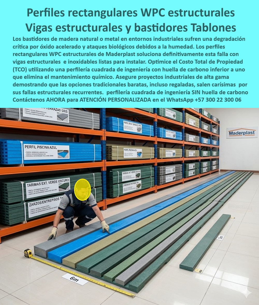 Perfiles Rectangulares WPC Estructurales Inoxidables Perfilería Maderplast Bastidores WPC Anticorrosivos Larga Vida Útil Vigas Estructurales Incorrosibles Listas Para Instalar Perfilería Cuadrada WPC Inoxidable Fácil Instalación Perfil Esta imagen presenta Los perfiles rectangulares WPC estructurales inoxidables representan una alternativa técnica diseñada para resolver uno de los problemas más costosos de la infraestructura industrial, arquitectónica y exterior: la degradación acelerada de vigas, bastidores y perfiles sometidas a humedad, químicos, radiación UV, corrosión y uso intensivo. La imagen presenta una línea de perfilería rectangular y cuadrada WPC Maderplast, disponible en múltiples dimensiones, colores y configuraciones, preparada para aplicaciones estructurales exigentes donde la estabilidad y la durabilidad son determinantes.  En ambientes industriales, agrícolas, urbanos, costeros o exteriores, las soluciones tradicionales suelen fallar por razones conocidas: el metal se oxida, pierde sección resistente, exige pinturas y mantenimiento recurrente; la madera se pudre, absorbe humedad, sufre ataques biológicos y puede deformarse o perder capacidad mecánica. Por esta razón, muchos compradores técnicos, ingenieros y especificadores buscan hoy respuestas concretas a preguntas como: ¿qué reemplaza vigas metálicas oxidadas o madera podrida?, ¿qué perfil estructural resiste químicos, UV y agua?, o ¿dónde comprar perfiles rectangulares WPC estructurales para exterior e industria?  Los perfiles rectangulares WPC estructurales, las vigas estructurales anticorrosivas, la perfilería cuadrada WPC inoxidable exterior y los bastidores WPC de larga vida útil surgen precisamente para cubrir ese vacío técnico. Se trata de componentes desarrollados para trabajar en bastidores, zarzos, entrepisos, estructuras industriales, mobiliario técnico, cerramientos, plataformas, soportes, aplicaciones arquitectónicas y ambientes agresivos, ofreciendo resistencia frente a humedad permanente, corrosión, rayos UV, químicos industriales, impacto y variaciones ambientales severas.  Una de las ventajas más relevantes de esta perfilería estructural plástica industrial es la reducción del Costo Total de Propiedad (TCO). En lugar de depender de esquemas permanentes de pintura, recubrimientos anticorrosivos, lijados, sellados, reemplazos o intervenciones correctivas, las vigas WPC listas para instalar, los perfiles WPC resistentes UV, la estructura WPC resistente humedad y la perfilería técnica de larga duración están orientadas a proyectos donde la continuidad operativa, la estabilidad dimensional y la previsibilidad del mantenimiento tienen impacto económico directo.  Un caso representativo lo confirma. Un proyecto de infraestructura técnica necesitaba perfiles rectangulares WPC estructurales para sustituir elementos metálicos sometidos a humedad constante y corrosión recurrente. Las soluciones convencionales estaban generando costos asociados a pintura, deterioro, reposiciones y mantenimiento correctivo. Maderplast suministró vigas estructurales WPC anticorrosivas con excelente estabilidad dimensional, facilidad de instalación y mejor desempeño operativo en ambientes industriales de alta exigencia.  Para proyectos que requieren perfiles WPC inoxidable exterior, perfil rectangular plástico exterior, vigas estructurales inoxidables industriales, perfil cuadrado estructural WPC, bastidores estructurales sin corrosión o soluciones técnicas preparadas para trabajar en condiciones severas, Maderplast fabrica perfiles estructurales desarrollados para combinar ingeniería, resistencia ambiental, versatilidad dimensional y larga vida útil. Atención personalizada WhatsApp +57 300 22 300 06.