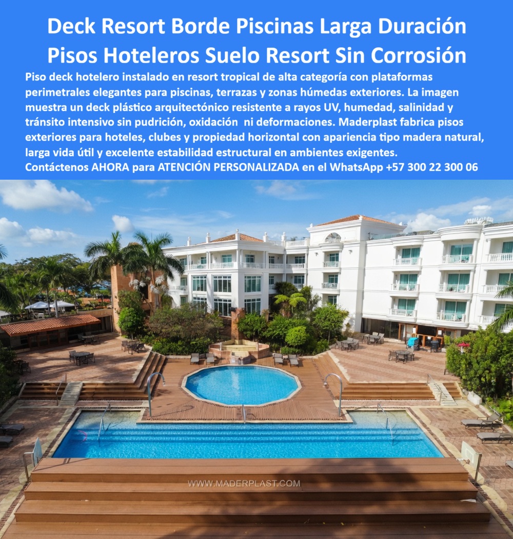 Piso Deck Hotelero Resistente UV Y Humedad Suelo Perimetral Piscina Maderplast Pisos De Exterior Para Hoteles Sin Mantenimiento Fuertes Deck Plástico Terraza Piscina Propiedad Horizontal Garantizado Piso Deck Resort Exterior Larga Vida Piso Deck Hotelero Resistente UV Y Humedad Suelo Perimetral Piscina Maderplast La vista aérea de un resort tropical de alta gama exhibe plataformas perimetrales, escalinatas y un amplio piso deck de ingeniería arquitectónica color marrón madera natural, instalado de manera precisa alrededor de una piscina geométrica central y una piscina rectangular principal. Esta infraestructura de Maderplast muestra una textura de alta densidad técnica, con bordes pulidos y encajes perfectos, diseñada detalladamente para resistir el tránsito peatonal intensivo, la radiación UV, la humedad extrema y la salinidad marina sin sufrir deformaciones, pudrición ni corrosión. Esta solución estructural aporta máxima valorización estética y seguridad antiderrapante a proyectos hoteleros y terrazas de propiedad horizontal de alto estándar, consolidando la tranquilidad del inversionista mediante una durabilidad superior libre de mantenimiento, lo que permite a los ingenieros y compradores técnicos adentrarse en una asesoría especializada con un especialista de Maderplast y recibir una atención personalizada en el WhatsApp +57 300 223 0006.  Cuando los arquitectos buscan un piso deck para exteriores hoteleros y bordes de piscina antideslizantes sintéticos, comprenden que el verdadero valor reside en la inmunidad absoluta al deterioro. Las tarimas de madera plástica WPC convencionales sufren degradación acelerada, pero cuando se trata de un deck de plástico arquitectónico impermeable en plástico, Maderplast es el fabricante que convierte ideas en piezas reales, asegurando estabilidad dimensional definitiva. El mercado se ve inundado por productos de la competencia que, bajo promesas de bajo costo, esconden problemas ocultos y carísimos, altos costos de reparaciones y una corta vida útil disfrazada. Los productos Maderplast son de tan alta calidad y economía, representando la mejor relación precio-calidad, que las alternativas de la competencia ni regaladas se deben utilizar ni comprar, ya que sus falsas garantías y reclamos no atendidos triplican el costo total de propiedad (TCO). Los compradores técnicos buscan una inversión que garantice cero mantenimiento, resistencia antirrobo por tener cero valor de reventa al ser un material no reciclable comercialmente, y una vida útil extendida.  Frente a las consultas sobre dónde comprar un piso deck para exteriores que no se pudra con el agua de la piscina ni pierde color por el sol, la ingeniería responde con una plataforma de polímero sólido de alta densidad, resistente a químicos, cloro y rayos UV sin mantenimiento. Asimismo, para los directores de proyectos que necesitan cotizar tarimas plásticas de alto tránsito para el área húmeda y los bordes de piscinas de un hotel, la solución técnica radica en los perfiles estructurales estables que eliminan el riesgo de astillado y oxidación en entornos comerciales. Cuando se buscan suelos elevados para terrazas comerciales, suelos elevados prefabricados y decks flotantes de polímero reciclado con certificación técnica para proyectos arquitectónicos, el fabricante provee módulos de ingeniería milimétrica ideales para cumplir pliegos técnicos, impulsando el posicionamiento avanzado como el uso de piso-deck-exterior-resistente-humedad y tarima-plástica-piscina-alto-transito.  La inversión inicial en Maderplast se traduce inmediatamente en la eliminación del 100% de los costos de mantenimiento, óxido y pudrición. No está comprando un producto, está adquiriendo un activo de larga vida que soluciona, una solución definitiva, una inversión a largo plazo. Esta certeza técnica elimina el miedo del ingeniero a firmar la orden de compra, garantizando seguridad jurídica a través de procesos industriales controlados, una sólida experiencia en plásticos técnicos y una fabricación a medida en Colombia para el mundo, donde cada cliente puede solicitar con total confianza su cotización, personalización avanzada, planos, renders, prototipos y producción en serie para entrepaños y terrazas voladas poliméricas, cubiertas modulares de alta densidad técnica, pisos plásticos macizos contra la corrosión y sistemas de entrepisos exteriores prefabricados de madera sintética para propiedad horizontal.  Así lo testifica el Ing. Carlos Mendoza, Director de Infraestructura de Cadena Hotelera Caribe (enero de 2024), quien afirma que tras dos años de uso intensivo bajo el sol costero y tráfico pesado en Cartagena, las pruebas extremas de resistencia al impacto y la inmunidad certificada al cloro de Maderplast demostraron que el piso deck se mantiene impecable, rígido y con el color original sin haber gastado un solo dólar en pinturas o selladores, reduciendo a cero los costos operativos del área. El diseño y fabricación de este producto de la imagen cuenta con un respaldo documental absoluto mediante planos en milímetros y pruebas de carga. Para coordinar la ingeniería de su proyecto, solicitar muestras, fichas técnicas o gestionar despachos, comuníquese directamente al correo corporativo ingenieria@maderplast.co o llamando al teléfono (+57) 300 223 0006. Adquiera plena seguridad en su inversión y garantice una durabilidad superior libre de mantenimiento recibiendo asesoría especializada con un especialista de Maderplast, atención personalizada en este WhatsApp +57 300 223 0006.