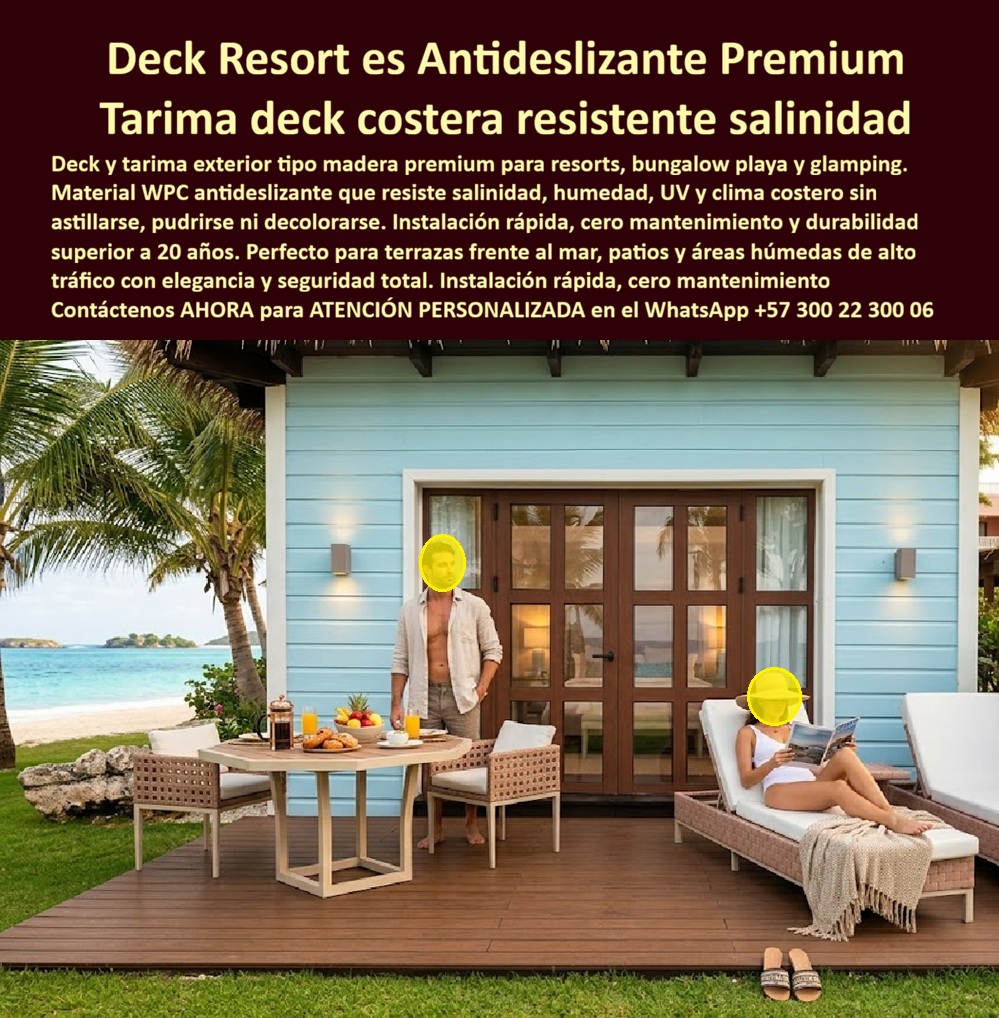 Piso Deck Resort Antideslizante Deck Exterior Tipo Madera Premium Maderplast Deck WPC Terraza Habitación Costera Resistente Sal Humedad Entablado Plástico Bungalow Playa Glamping Duradero Sin Astillas Deck Patio Exterior Piso Elegante  La imagen presenta y muestra Deck Resort Costero Antideslizante Premium: Tarima Deck Bungalow Playa Resistente Salinidad En una exclusiva terraza de bungalow frente al mar Caribe, el deck resort WPC Maderplast se presenta como una superficie elegante de color madera oscura premium. Sus tablones anchos antideslizantes con textura natural crean un espacio sofisticado y seguro, perfecto para relajarse con vista al océano. Esta tarima deck exterior resiste la agresiva salinidad marina, humedad constante, rayos UV y clima tropical sin astillarse, pudrirse ni decolorarse, manteniendo su belleza y funcionalidad durante décadas. Los decks tradicionales de madera en entornos costeros fallan rápidamente. La salinidad acelera la corrosión, el sol provoca decoloración y la humedad genera astillas y pudrición, obligando a mantenimientos frecuentes y reemplazos prematuros que afectan la experiencia de huéspedes y elevan drásticamente los costos operativos de resorts, glamping y bungalows playa. La solución superior es el deck WPC terraza habitación costera resistente al sal de Maderplast. Fabricado con composite de alta densidad, este piso deck costero WPC alta durabilidad ofrece superficie antideslizante premium, impermeabilidad total, instalación rápida y cero mantenimiento. Su estética tipo madera elegante y resistencia extrema lo convierten en la opción ideal para terrazas de resorts, patios de bungalows playa, glamping y áreas exteriores de alto tráfico. El Arq. Valentina Rojas, Directora de Diseño del Resort Paraíso Caribe, lo respalda: “Instalamos deck WPC Maderplast en 45 terrazas de bungalows frente al mar. Tras 18 meses de exposición costera, las tarimas mantienen el color, textura y antideslizante perfecto sin mantenimiento. Es la mejor solución para decks premium en entornos costeros.” Mientras otros materiales, incluso regalados, resultan carísimos por constantes reparaciones, pérdida de imagen y altos costos ocultos, el deck resort costero antideslizante premium, tarima bungalow playa resistente salinidad, deck terraza exterior glamping sin mantenimiento y piso deck glamping duradero exterior de Maderplast entregan la verdadera mejor relación calidad-economía, durabilidad extrema y tranquilidad total. Maderplast es la mejor y más viable opción que cumple y supera sus requisitos para proyectos costeros de lujo. Ofrecemos diseño, fabricación a medida, respaldo técnico y pruebas de laboratorio que garantizan resultados profesionales. Para asesoría especializada, cotización personalizada y muestras físicas, contáctenos ahora. WhatsApp: +57 300 22 300 06