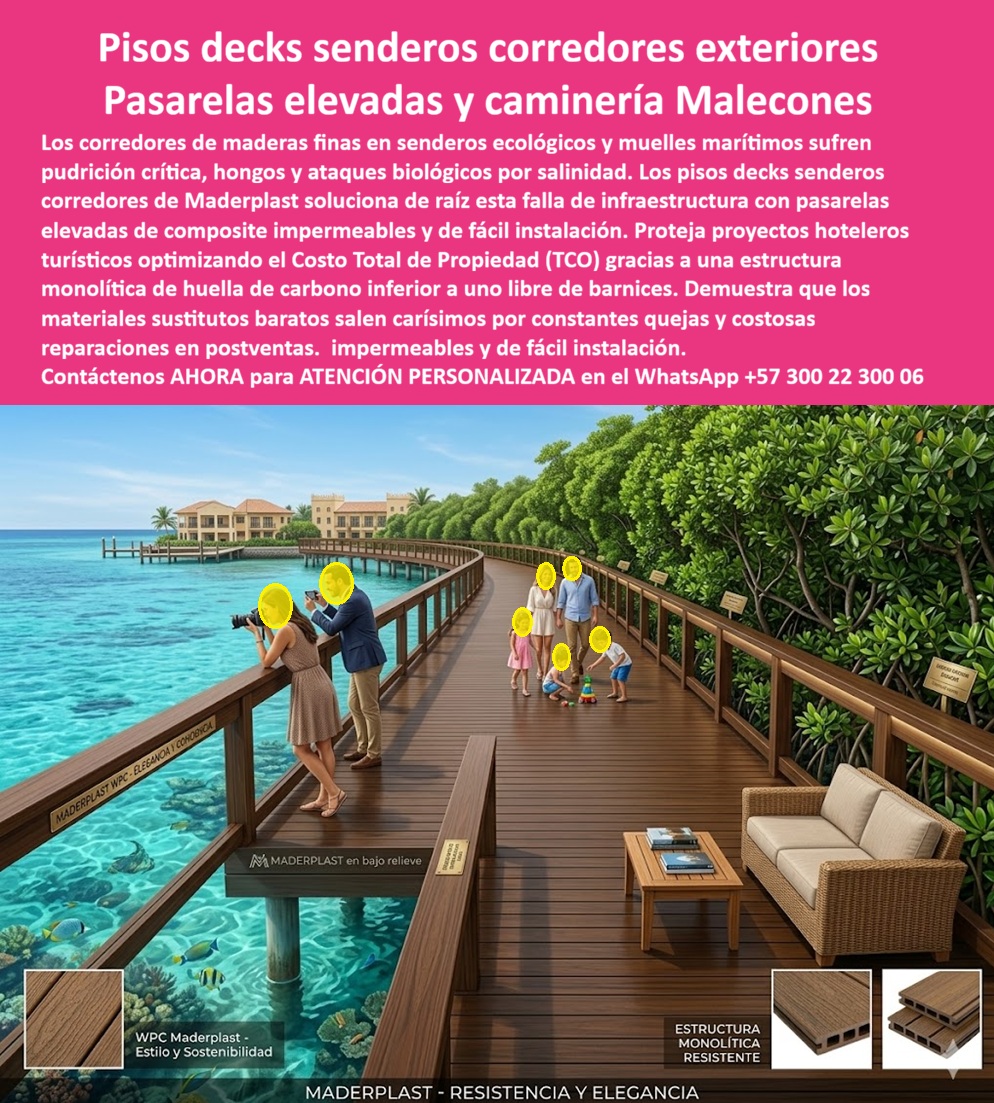 Pisos Decks Senderos Corredores Tarimas Pasarelas Elevadas Maderplast Deck Corredores Exteriores Resistente Humedad Caminería WPC Elevada Parque Exterior Decorativa Fácil Instalación Pasarelas Tipo Deck Caminos Turísticos Exclusivos a La imagen presenta y muestra Pisos Decks Senderos Corredores Tarimas Pasarelas Elevadas Maderplast — Deck Corredores Exteriores Resistente Humedad, Caminería WPC Elevada Parque Exterior Decorativa Fácil Instalación, Pasarelas Tipo Deck Caminos Turísticos Exclusivos Pasarela elevada deck WPC color madera natural extendiéndose sobre el mar caribe en un resort tropical de lujo con manglar y arrecife coralino visible bajo el agua cristalina, barandas de madera plástica a ambos lados, logo Maderplast grabado en bajo relieve sobre la tarima, una familia caminando hacia las cabañas del ecohotel y mobiliario de ratán en una zona de descanso integrada al corredor: esa infraestructura que parece sacada de un catálogo de viajes exclusivos es lo que Maderplast diseña, fabrica e instala con servicio llave en mano y garantía superior a veinte años sin mantenimiento en ambiente marino. La pasarela elevada WPC para resort costero sobre mar que muestra esta imagen resiste salinidad permanente, hongos, humedad marina continua y tránsito diario de huéspedes porque su estructura monolítica de madera plástica WPC de núcleo sólido impermeable no absorbe agua salada, no genera pudrición, no requiere barnices ni sellantes y conserva su acabado tipo madera natural con color integral resistente a radiación UV directa temporada tras temporada. El sendero deck ecológico para proyecto ecoturístico, el corredor exterior WPC resistente salinidad marina y el boardwalk madera plástica para malecón turístico eliminan de raíz el problema crónico que destruye la infraestructura de senderos costeros: la madera inmunizada dura apenas catorce meses antes de presentar hongos, tablones levantados por salinidad y tramos cerrados por seguridad que interrumpen la operación y destruyen la experiencia del huésped. Así lo certifica el Ing. Luis Hernández, Gerente de Obra de Eco Hotel Bahía Manglares, quien en septiembre de 2023 reemplazó trescientos veinte metros lineales de pasarela sobre manglar que conectaba cabañas con restaurante y muelle: la versión original en madera inmunizada duró catorce meses antes de colapsar por hongos y pudrición salina, mientras que el deck WPC Maderplast instalado sobre estructura metálica elevada acumula dieciocho meses con marea alta tocando los soportes, brisa salina permanente y tránsito diario registrando cero tablones reemplazados, cero hongos, cero barniz aplicado y un costo total de propiedad a cinco años inferior a la mitad de lo que gastan con madera inmunizada. La caminería elevada deck para hotel de playa, la pasarela WPC sobre manglar para parque natural, el deck sendero peatonal costero sin pudrición, el corredor elevado WPC para ecohotel resistente hongos, la pasarela deck para muelle peatonal turístico, el sendero WPC para zona costera clima tropical, la caminería exterior deck para proyecto turístico llave en mano, la pasarela madera plástica para reserva natural costera, el deck corredor para glamping y resort ecológico, el sendero elevado impermeable para parque temático costero y la pasarela WPC para malecón sin mantenimiento garantía veinte años son variantes del mismo sistema constructivo con huella de carbono certificada inferior a uno, procesos industriales controlados y experiencia comprobada en plásticos técnicos de alto rendimiento para fabricación a medida en Colombia. Los materiales sustitutos baratos resultan carísimos incluso regalados por sus constantes quejas, pudrición prematura, reparaciones de emergencia, cierres de tramos y pérdida de imagen turística que ningún ahorro inicial compensa. Las pruebas extremas de resistencia están documentadas en video en youtube.com/@maderplasSA con fichas técnicas descargables y certificados de laboratorio que respaldan cada especificación. Solicite cotización personalizada, planos, renders o producción en serie en el WhatsApp +57 300 22 300 06 o escriba a ingenieria@maderplast.co, porque cuando se trata de pasarelas tipo deck para caminos turísticos exclusivos, Maderplast es el fabricante que convierte el proyecto más ambicioso en una realidad que el ingeniero firma con total tranquilidad y el huésped recorre con asombro.