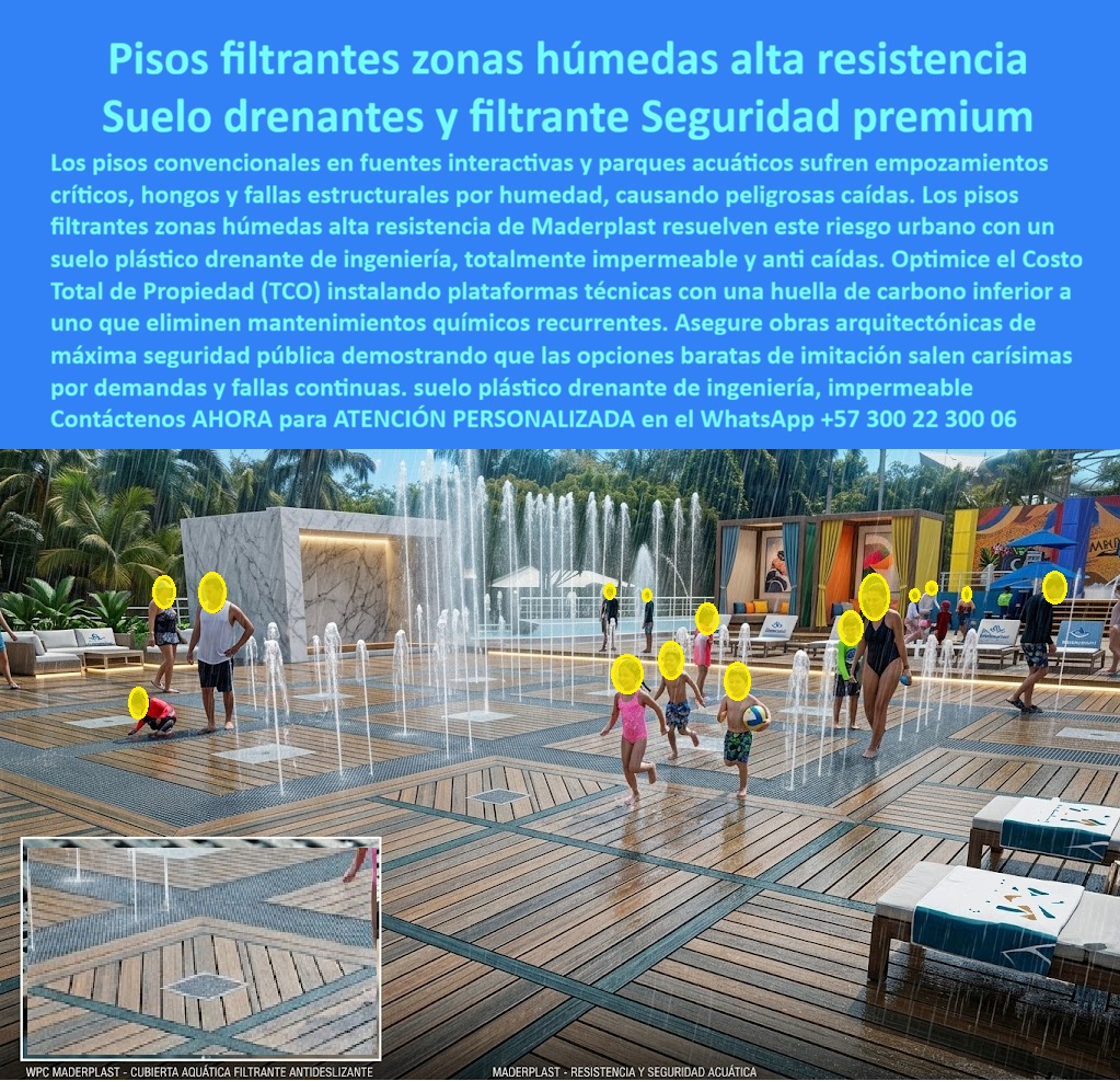 Pisos Filtrantes Zonas Húmedas Alta Resistencia Suelos Drenantes Maderplast Deck Filtrante Exterior Resistente Intemperie Premium Suelo Plástico Fuente Interactiva Urbana Filtrante Anti Caídas Plataformas Libre Impermeables Anti Caídas La imagen presenta y muestra Pisos Filtrantes Zonas Húmedas Alta Resistencia Suelos Drenantes Maderplast — Deck Filtrante Exterior Resistente Intemperie Premium, Suelo Plástico Fuente Interactiva Urbana Filtrante Anti Caídas, Plataformas Libres Impermeables Anti Caídas Piso filtrante WPC Maderplast con patrón geométrico drenante instalado en una fuente interactiva urbana donde chorros de agua verticales disparan hacia el cielo mientras decenas de niños descalzos corren, saltan y juegan sobre una superficie completamente mojada que evacúa el agua al instante sin empozamientos, sin resbalones y sin un solo charco visible pese al volumen constante de agua recirculada: esa seguridad pública certificada que permite a las familias disfrutar sin riesgo es exactamente lo que Maderplast diseña, fabrica e instala con servicio llave en mano y garantía superior a veinte años. El piso filtrante WPC para fuente interactiva urbana que muestra esta imagen es un suelo plástico de ingeniería antideslizante y anti caídas formulado con madera plástica WPC de núcleo sólido impermeable que no absorbe agua, no genera hongos, no acumula bacterias y mantiene su capacidad de drenaje integrado bajo tráfico masivo infantil y familiar sin degradarse con cloro del sistema de recirculación ni con radiación UV directa. El suelo drenante antideslizante para parque acuático, el deck filtrante zona húmeda anti caídas infantil y el piso plástico drenante para splash pad público eliminan de raíz el problema que el concreto pulido y la baldosa cerámica jamás resolvieron en zonas recreativas acuáticas: empozamientos permanentes que generan hongos negros imposibles de remover, superficies resbalosas que provocan caídas de niños descalzos y demandas por lesiones que convierten un espacio de recreación en un pasivo legal y financiero para la administración pública. Así lo certifica el Ing. Mauricio Cárdenas, Director de Espacio Público de la Alcaldía Municipal de Girardot, quien en mayo de 2023 instaló cuatrocientos cincuenta metros cuadrados de piso filtrante WPC Maderplast en la fuente interactiva del parque central tras registrar tres demandas por lesiones en un solo año y caídas recurrentes de niños sobre charcos empozados cada fin de semana con dos mil visitantes: después de veintidós meses con uso masivo, cloro del sistema de recirculación y sol directo, el resultado es cero empozamiento, cero resbalones, ni un solo incidente reportado, las demandas cesaron por completo y el mantenimiento se redujo a un lavado con agua a presión cada quince días. El suelo WPC para fuente interactiva sin empozamiento, el piso filtrante exterior resistente cloro y UV, la plataforma drenante para parque acuático municipal, el piso antideslizante mojado para zona recreativa acuática, el suelo filtrante para plaza pública con fuente de agua, el deck drenante para proyecto acuático turístico urbano, el piso WPC anti caídas para zona húmeda infantil, el suelo plástico filtrante para centro recreacional acuático, el piso drenante para piscina de olas y splash pad, el deck filtrante seguro descalzo para parque de agua y el suelo WPC impermeable para fuente pública sin hongos son variantes del mismo sistema constructivo fabricado con procesos industriales controlados, huella de carbono certificada inferior a uno y capacidad de producción a medida en Colombia para proyectos municipales, turísticos y recreativos de cualquier escala. Las opciones baratas de imitación resultan carísimas incluso regaladas por sus empozamientos crónicos, hongos irremovibles, demandas por lesiones y reemplazos constantes que ningún ahorro inicial compensa frente a la seguridad de miles de niños y familias. Las pruebas extremas de resistencia están documentadas en video en youtube.com/@maderplasSA con fichas técnicas de drenaje y antideslizamiento descargables para expedientes de contratación pública. Solicite cotización, planos, renders o producción en serie en el WhatsApp +57 300 22 300 06 o escriba a ingenieria@maderplast.co, porque Maderplast es la decisión que firma el director de espacio público con total tranquilidad sabiendo que cada metro cuadrado instalado protege a la comunidad y elimina el riesgo legal que ningún concreto pulido puede evitar.
