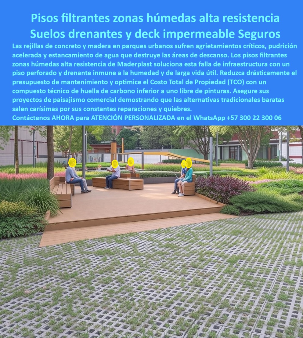 Pisos Filtrantes Zonas Húmedas Alta Resistencia Suelos Drenantes Maderplast Pisos Deck Impermeables para Fuentes Acuáticas Rejilla Drenaje Zona Chorros Acuático Piso Perforado Parque Agua Infantil Antideslizante Larga Vida Útil Pisos PP La imagen muestra un sistema de pisos filtrantes zonas húmedas de alta resistencia integrado a paisajismo urbano, áreas de descanso y circulación exterior donde el agua, la humedad permanente y el uso peatonal continuo exigen algo más que un acabado convencional. Este suelo drenante parque acuático, combinado con plataforma tipo deck arquitectónico, está diseñado para parques infantiles, fuentes interactivas, splash pads, plazas drenantes, áreas de chorros acuáticos y proyectos exteriores donde el estancamiento de agua, las fisuras, la pudrición o el deterioro acelerado suelen convertirse en un problema operativo y económico recurrente.  Cuando un arquitecto paisajista, diseñador urbano, ingeniero hidráulico o constructor busca un piso filtrante de alta resistencia, realmente necesita un sistema capaz de evacuar agua rápidamente, mantener tránsito seguro y soportar humedad constante sin perder estabilidad estructural. Allí es donde un piso perforado zona chorros, una rejilla de drenaje, fuentes acuáticas o un deck impermeable zona húmeda adquieren valor técnico real para infraestructura pública, recreativa y acuática.  Las soluciones tradicionales pueden acumular agua, generar superficies resbalosas, agrietarse o aumentar el mantenimiento bajo exposición permanente a humedad y operación exterior intensiva. Por eso Maderplast fabrica pisos filtrantes zonas húmedas, rejilla drenante splash pad, piso antideslizante parque agua, deck drenante exterior seguro y suelo técnico humedad permanente orientados a drenaje eficiente, seguridad peatonal, larga vida útil y comportamiento confiable en ambientes exigentes.  Las búsquedas modernas lo resume claramente: qué piso sirve para parques acuáticos y zonas húmedas seguras, dónde comprar una rejilla piso parque infantil agua, qué sistema evita el estancamiento de agua en áreas exteriores. La respuesta técnica apunta hacia un suelo perforado impermeable para fuentes y chorros acuáticos, capaz de combinar evacuación hidráulica, resistencia mecánica y desempeño continuo. El suelo filtrante exterior durable, el piso drenante paisajismo urbano y el sistema drenante peatonal exterior ayudan a reducir intervenciones correctivas, acumulación superficial, deterioro prematuro y costos asociados al mantenimiento repetitivo.  Un caso real de parque urbano interactivo lo confirma: se requería un piso filtrante para zona húmeda y fuente interactiva con drenaje eficiente, seguridad peatonal y resistencia auténtica a humedad permanente. Las alternativas convencionales acumulaban agua, fisuras y reparaciones frecuentes; Maderplast implementó un suelo drenante perforado antideslizante con mejor evacuación hidráulica, mayor estabilidad y excelente desempeño bajo operación pública continua. Cuando se trata de piso acuático larga duración, rejilla drenante parque acuático larga vida, deck drenante exterior y soluciones para infraestructura acuática moderna, Maderplast transforma zonas húmedas, parques y espacios exteriores en superficies más seguras, más funcionales y técnicamente preparadas para el uso real. Atención personalizada WhatsApp +57 300 22 300 06.