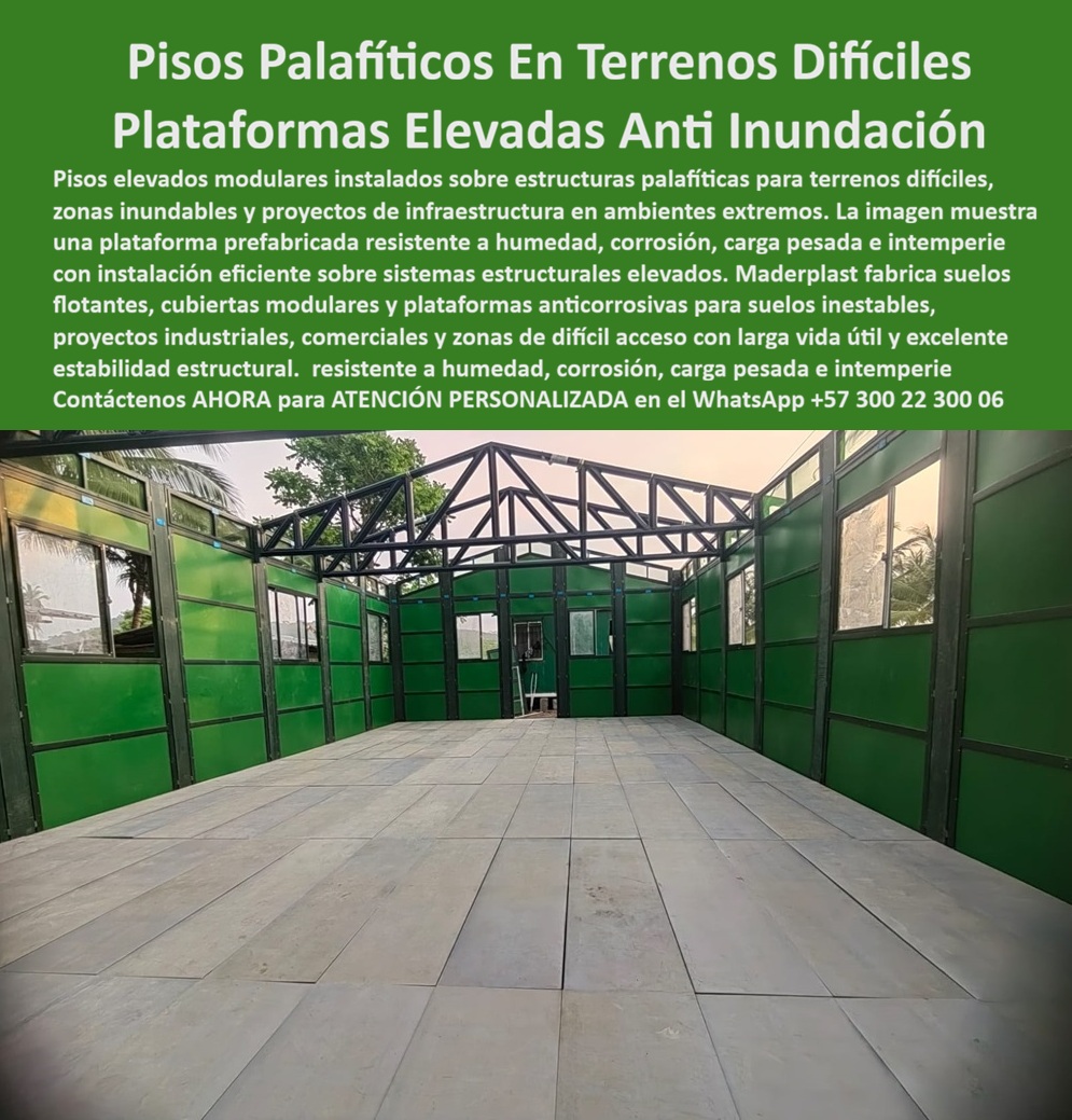 Pisos Flotantes Palafíticos Instalación Pilotes Suelos Difíciles Maderplast Plataforma Elevada Anticorrosiva Para Zonas Inundables Piso Elevado Anticorrosivo Resistente Carga Pesada Continua Cubierta modular tráfico pesado intemperie A Esta imagen presenta caso éxito real de Plataformas Elevadas Palafíticas: Pisos Deck Modulares para Terrenos Difíciles e Inundables En un proyecto sobre terreno inestable, la plataforma elevada palafítica WPC Maderplast ofrece una solución técnica robusta y eficiente. Este piso deck modular elevado se instala sobre estructura palafítica, creando una superficie gris de alta resistencia con excelente estabilidad, drenaje natural y durabilidad superior. Ideal para zonas inundables, terrenos difíciles, manglares y proyectos en condiciones extremas, donde otros materiales fallan rápidamente. Los sistemas tradicionales de madera o concreto en terrenos complicados sufren corrosión acelerada, pudrición, hundimientos y deformaciones por humedad constante, inundaciones y carga pesada. Esto genera altos costos de mantenimiento, riesgos estructurales y tiempos de inactividad que comprometen la viabilidad del proyecto. La solución definitiva son las plataformas elevadas palafíticas anticorrosivas de Maderplast. Fabricadas con composite WPC de alta densidad, estas tarimas elevadas modulares son completamente impermeables, resistentes a humedad extrema, corrosión y carga pesada continua. Ofrecen instalación rápida, excelente estabilidad estructural, cero mantenimiento y larga vida útil incluso en las condiciones más adversas. Perfectas para muelles, senderos elevados, plataformas industriales y construcciones en zonas inundables. El Ing. Andrés Felipe Torres, Gerente de Proyectos de Infraestructura, lo confirma: “Instalamos plataformas elevadas palafíticas WPC Maderplast en zona inundable para proyecto costero. Tras 14 meses de condiciones extremas, las plataformas mantienen total estabilidad, cero deformaciones y excelente resistencia a carga. Es la mejor solución para pisos elevados en terrenos difíciles.” Con plataforma elevada palafítica terrenos difíciles, piso deck modular anti inundación, tarima elevada resistente humedad corrosión, deck palafítico para zonas inundables y plataforma modular elevada carga pesada, Maderplast elimina los problemas típicos y entrega la mejor relación calidad-economía, seguridad y tranquilidad estructural. Maderplast es la mejor y más viable opción que cumple y supera sus requisitos para plataformas elevadas en terrenos difíciles, zonas inundables y proyectos de infraestructura exigente. Ofrecemos diseño modular, alta resistencia técnica y respaldo con pruebas de laboratorio extremas. Para asesoría especializada, cotización personalizada y muestras físicas, contáctenos ahora. WhatsApp: +57 300 22 300 06