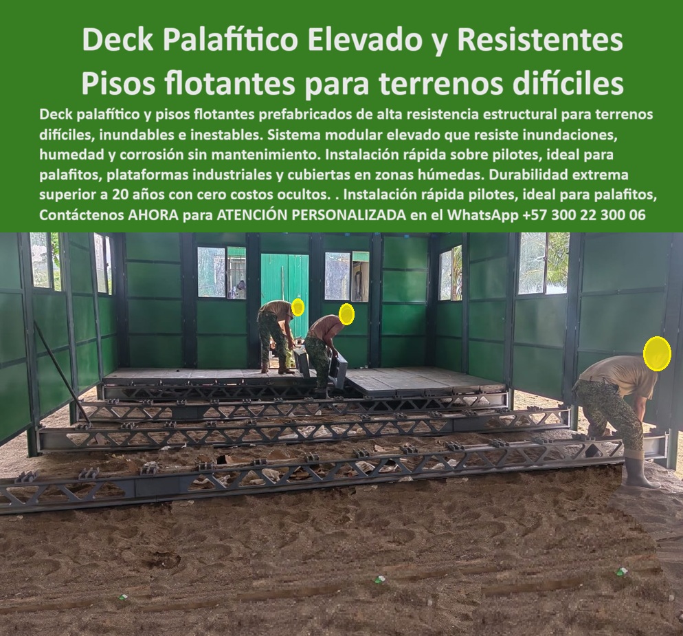 Pisos Flotantes Palafíticos Instalación Pilotes Suelos Difíciles Maderplast Revestimiento sintético indestructible libre mantenimiento Deck Palafito Terrenos Difíciles Resistente Inundación Suelo Elevado Prefabricado Terrenos Inestables Esta imagen presenta caso éxito real de Los pisos flotantes palafíticos para terrenos difíciles, inundables e inestables representan una solución de ingeniería orientada a uno de los escenarios constructivos más complejos: construir superficies funcionales, seguras y durables donde el terreno convencional deja de ser confiable. La imagen muestra un sistema de deck elevado prefabricado sobre pilotes, concebido para plataformas técnicas, infraestructura rural, campamentos, industrias, zonas húmedas, terrenos blandos, áreas inundables y proyectos donde la humedad, los asentamientos diferenciales o la inestabilidad del suelo hacen inviable una solución tradicional.  Cuando un proyecto debe construirse sobre barro, zonas anegadas, suelos saturados, humedales, áreas rurales, laderas blandas, rellenos heterogéneos o terrenos con riesgo de inundación, aparecen preguntas técnicas inevitables: ¿qué piso sirve para terrenos inundables y suelos inestables?, ¿dónde comprar pisos flotantes prefabricados sobre pilotes?, ¿qué alternativa reemplaza pisos tradicionales en ambientes húmedos y de difícil cimentación? La respuesta requiere sistemas capaces de trabajar por elevación estructural y no depender exclusivamente de la estabilidad superficial del terreno.  Los pisos flotantes palafíticos instalación pilotes, los decks palafitos para terrenos difíciles, los suelos elevados prefabricados inundables y los sistemas modulares para zonas húmedas han sido desarrollados precisamente para operar en este tipo de condiciones. En lugar de quedar expuestos directamente al agua, al barro, a la humedad permanente o a la degradación del terreno, estos sistemas utilizan una configuración elevada que permite desacoplar la superficie funcional del comportamiento impredecible del suelo natural.  En infraestructura rural, minería, agroindustria, vivienda modular, proyectos ambientales, plataformas industriales, campamentos, zonas costeras, pasos técnicos o instalaciones sobre suelos blandos, el desafío no es únicamente soportar carga; también es reducir tiempos de instalación, simplificar logística constructiva y minimizar mantenimiento posterior. Un deck estructural sobre pilotes, una plataforma elevada de instalación rápida, un piso elevado de alta resistencia o un sistema elevado prefabricado exterior puede significar menor complejidad constructiva, menos excavaciones, menor afectación del terreno y mayor continuidad operativa.  Desde la perspectiva del Costo Total de Propiedad (TCO), las soluciones tradicionales suelen generar sobrecostos por humedad, corrosión, deformaciones, mantenimiento recurrente, fallas prematuras o intervenciones correctivas en ambientes agresivos. Por ello, un deck resistente a inundación y humedad, un piso palafítico de larga duración, un deck anticorrosivo para terrenos húmedos o una solución estructural para suelos difíciles debe evaluarse por su desempeño acumulado durante años de operación y no solamente por el costo inicial de instalación.  Un proyecto de infraestructura en zona inundable ilustra claramente este panorama. Se necesitaban pisos palafíticos para terrenos difíciles, con instalación eficiente y comportamiento estructural confiable bajo humedad permanente y condiciones de suelo inestable. Las alternativas convencionales presentaban deterioro acelerado, complejidad constructiva y problemas de durabilidad. Maderplast implementó un deck elevado prefabricado sobre pilotes con excelente estabilidad estructural, mejor comportamiento ambiental y menor complejidad operativa en condiciones críticas de terreno.  Para proyectos que requieren deck flotante terrenos blandos, plataformas industriales zonas inundables, suelo modular zonas húmedas, piso elevado prefabricado inundable, deck estructural alta resistencia o soluciones técnicas para construcción sobre ambientes difíciles, Maderplast fabrica sistemas diseñados para combinar ingeniería estructural, resistencia ambiental, instalación eficiente y larga vida útil en aplicaciones industriales, rurales, arquitectónicas y de infraestructura especializada. Atención personalizada WhatsApp +57 300 22 300 06.