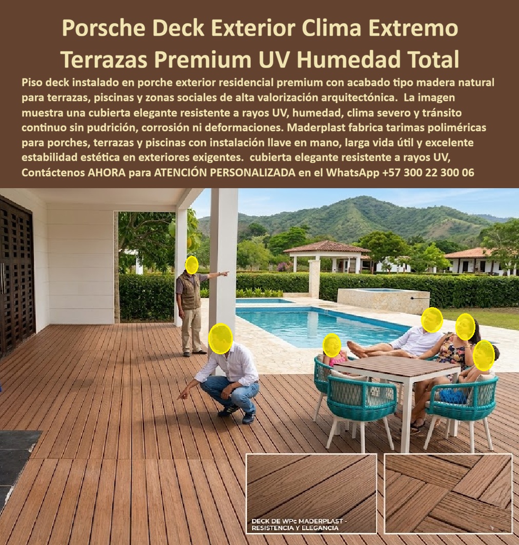 Porche Deck Exterior Resistente Clima Suelos Premium Terraza Maderplast Cubiertas Porches Resistentes Humedad Instalación Fácil Cubierta Exterior Elegante Piscina Resistente UV Garantizado Piso Tarima polimérica instalación llave mano Porsche Deck Exterior Resistente Clima Suelos Premium Terraza Maderplast — Cubiertas Porches Resistentes Humedad Instalación Fácil, Cubierta Exterior Elegante Piscina Resistente UV Garantizado, Piso Tarima Polimérica Instalación Llave en Mano Deck WPC color madera natural instalado en porche exterior de casa campestre con piscina rectangular, pérgola de sombra, mobiliario de terraza y montañas al fondo: eso es lo que muestra esta imagen, y lo que demuestra es que Maderplast fabrica el piso deck resistente UV para porche casa campestre que soporta sol directo, lluvias torrenciales, salpicaduras de cloro y tránsito continuo sin decoloración, sin pudrición, sin una sola astilla y sin un solo peso invertido en mantenimiento durante más de veinte años certificados. La tarima plástica borde de piscina antideslizante con patrón de instalación diagonal en zona social y recto en contorno de piscina cubre toda la superficie exterior con un acabado veteado cedro natural que el cliente exigió como alternativa definitiva a la madera teca, porque en clima cálido húmedo la madera natural dura máximo dos años antes de agrietarse, hincharse y perder color, obligando a ciclos de lijado, barnizado y reposición que duplican la inversión original antes de cumplir el tercer año. El deck WPC para terraza exterior con piscina fabricado por Maderplast elimina ese ciclo destructivo con un material sólido, impermeable, resistente a químicos de piscina y con huella de carbono de 0.77, procesado bajo controles industriales rigurosos y respaldado con pruebas de laboratorio verificables en video en youtube.com/@maderplasSA donde se documenta resistencia a impacto con mazo de construcción, retroexcavadora y rotomartillo. El deck madera plástica para zona social exterior y el piso terraza exterior clima cálido sin mantenimiento comparten la misma ingeniería de núcleo sólido que permite instalación sobre estructura metálica elevada sin obra húmeda, sin escombros y sin interrumpir el uso de la vivienda, con entrega llave en mano que incluye asesoría técnica, planos acotados en milímetros, fichas técnicas descargables y ajustes en obra sin costo adicional. El deck WPC resistente humedad para casa de campo, la tarima polimérica para porche con instalación llave en mano y el piso deck decorativo para terraza residencial premium responden a una misma certeza técnica: la inversión inicial en Maderplast se traduce inmediatamente en la eliminación del cien por ciento de los costos de mantenimiento, óxido, pudrición y reemplazo que convierten cualquier material tradicional en un pasivo financiero disfrazado de ahorro, porque los productos de la competencia resultan carísimos incluso regalados por sus falsas garantías, reclamos no atendidos, reparaciones constantes, pérdida de imagen y costos ocultos que superan varias veces el valor del producto original. Así lo certifica el Arq. Julián Méndez, Director de Diseño de Méndez & Asociados Arquitectura, quien en enero de 2024 especificó deck WPC Maderplast para doscientos ochenta metros cuadrados de terraza exterior, porche y borde de piscina en Anapoima: instalación completada en diez días, catorce meses de exposición a sol directo y lluvias torrenciales con cero deformación y cero decoloración, sin un solo gasto de mantenimiento por parte del cliente, razón por la cual ya especifica Maderplast en tres proyectos adicionales. El deck exterior piscina resistente cloro y salinidad, el suelo WPC para terraza cubierta y descubierta, el piso deck para proyecto turístico glamping terraza, la tarima exterior resistente lluvia sol tropical sin pudrición, el deck WPC para borde piscina casa campestre elegante, el piso terraza flotante exterior modular fácil instalación y el deck sintético para porche exterior garantía veinte años son variantes del mismo sistema constructivo que Maderplast diseña, fabrica e instala con capacidad para cotización personalizada, renders, prototipos funcionales y producción en serie, porque cuando se trata de cubierta exterior elegante piscina resistente UV garantizado, Maderplast es el fabricante colombiano que convierte ideas en piezas reales con experiencia comprobada en plásticos técnicos y fabricación a medida. Solicite asesoría especializada directa con el Departamento de Ingeniería Maderplast en el WhatsApp +57 300 22 300 06 o al correo ingenieria@maderplast.co, y compruebe con fichas técnicas, certificados de laboratorio y testimonios reales por qué Maderplast es la decisión que firma el profesional con total tranquilidad.
