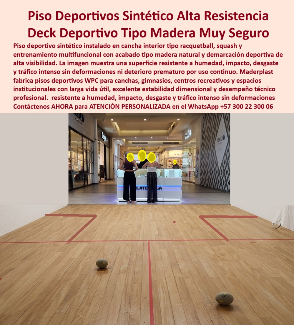 Suelo Deportivo Sintético Cancha Racquetball Deck Squash Fuertes Maderplast Pisos Deportivos Deck para Squash y Basket Superficies Seguras Para Baloncesto Libres De Humedad Piso Tipo Madera Deportivo Larga Vida Útil Piso Deportivo WPC La imagen muestra Piso Deportivo Sintético Alta Resistencia: Deck Deportivo Tipo Madera para Squash, Racquetball y Baloncesto En una moderna cancha interior multifuncional, el piso deportivo WPC Maderplast tipo madera clara se presenta como una superficie profesional impecable. Sus tablones uniformes con acabado natural ofrecen estabilidad dimensional excepcional, líneas rojas de demarcación precisas y una respuesta de bola óptima. Esta tarima deportiva está diseñada para resistir impactos, desgaste intenso, humedad y tráfico constante sin deformaciones, manteniendo su rendimiento y estética durante años. Los pisos tradicionales en canchas de squash, racquetball y baloncesto suelen fallar rápidamente debido a la absorción de humedad, grietas por golpes y deformaciones que afectan el juego y generan altos costos de reparación. En entornos deportivos exigentes, estas limitaciones comprometen la seguridad de los atletas y aumentan el mantenimiento. El deck deportivo WPC Maderplast representa la solución definitiva. Fabricado con composite de alta densidad, este piso deportivo sintético es impermeable, resistente a impactos y desgaste, con superficie antideslizante controlada que garantiza seguridad y comodidad. Libre de humedad, ofrece excelente estabilidad dimensional, cero mantenimiento y una larga vida útil, convirtiéndose en la opción ideal para canchas interiores, gimnasios multifuncionales y centros recreativos. El Ing. Juan David Ramírez, Gerente de Infraestructura Deportiva del Centro Recreativo Elite, lo respalda con su experiencia: “Reemplazamos el piso tradicional de una cancha de squash y racquetball que se dañaba constantemente por humedad e impactos. Tras 14 meses de uso diario intensivo, el deck deportivo WPC Maderplast ha mantenido líneas perfectas, sin deformaciones y con excelente respuesta de bola. Es la mejor solución para pisos deportivos duraderos y seguros.” Maderplast respalda cada proyecto con pruebas extremas de laboratorio que demuestran su resistencia superior. Mientras otros materiales, incluso regalados, terminan siendo carísimos por reparaciones constantes, pérdida de rendimiento y costos ocultos, los pisos deportivos WPC de Maderplast entregan la mejor relación calidad-economía, tranquilidad y orgullo de obra bien hecha. Cuando busque piso deportivo WPC squash racquetball, deck cancha interior baloncesto resistente, tarima deportiva tipo madera sin humedad, pisos squash composite alta resistencia, deck deportivo multifuncional gimnasio o superficies seguras squash baloncesto WPC, Maderplast se posiciona como el fabricante que transforma necesidades deportivas en soluciones profesionales reales. Ofrecemos diseño, fabricación a medida, renders, planos y producción en serie adaptada a cada proyecto. Maderplast es la mejor y más viable opción que cumple y supera todos sus requisitos para pisos deportivos de alto rendimiento. Elimina riesgos, reduce costos a largo plazo y garantiza superficies seguras, duraderas y de excelente desempeño técnico. Para asesoría especializada, cotización personalizada, muestras físicas o fichas técnicas, contáctenos directamente. WhatsApp: +57 300 22 300 06