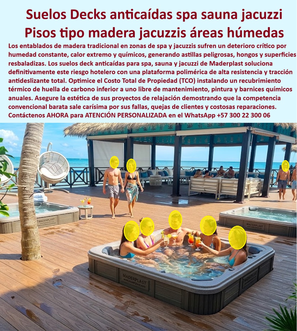 Suelos Deck Anticaídas Spa Sauna Y Jacuzzi Antideslizante Maderplast Decks Para Zonas De Sauna Sin Mantenimiento Fuertes Pisos Tipo Madera Áreas Húmedas Elegantes Pisos Antideslizantes Jacuzzis Alta Resistencia Deck Sol Antideslizante La imagen presenta y muestra Decks Anticaídas Spa Sauna y Jacuzzi: Pisos Tipo Madera Antideslizantes para Zonas Húmedas En un lujoso resort frente al mar, el deck antideslizante WPC Maderplast rodea jacuzzis y áreas de spa creando una superficie elegante tipo madera clara que invita a caminar descalzo con total confianza. Sus tablones ofrece tracción superior incluso mojados, con drenaje eficiente que evita encharcamientos y garantiza seguridad en zonas de alta humedad, calor y uso constante. Este piso deck jacuzzi exterior antideslizante premium resiste agua, químicos de spa, humedad y tráfico intenso sin perder estética ni funcionalidad. Los entablados tradicionales de madera en spas, saunas y jacuzzis representan un riesgo permanente. La humedad constante genera astillas peligrosas, hongos, superficies resbaladizas y deterioro rápido, provocando caídas, quejas de huéspedes y costosos mantenimientos. Estos problemas afectan la experiencia wellness y elevan dramáticamente el Costo Total de Propiedad. La solución definitiva son los decks para zonas de sauna sin mantenimiento de Maderplast. Fabricados con composite WPC de alta densidad, estos pisos antideslizantes jacuzzis alta resistencia entregan tracción total en superficies mojadas, impermeabilidad, resistencia a químicos y calor, además de confort descalzo y estética premium duradera. Su instalación es rápida, requieren cero mantenimiento y ofrecen larga vida útil, ideales para hoteles, spas y áreas wellness. El Arq. Laura Sofía Vélez, Gerente de Proyectos Wellness del Resort Paraíso Tropical, lo confirma: “Instalamos decks WPC Maderplast alrededor de jacuzzis y zona spa. Tras 15 meses de uso intensivo, las tarimas mantienen excelente antideslizante, apariencia perfecta y cero mantenimiento. Es la mejor solución para decks en zonas húmedas de spas y resorts.” Maderplast elimina los costos ocultos que hacen que otros materiales, incluso regalados, salen carísimos por reparaciones, riesgos y pérdida de imagen. Con deck antideslizante jacuzzi spa zona húmeda, tarima anticaídas sauna y jacuzzi, piso deck áreas húmedas resort sin mantenimiento, deck jacuzzi exterior antideslizante premium y tarima deck sol antideslizante jacuzzis, obtiene seguridad, durabilidad y la mejor relación calidad-economía. Maderplast es la mejor y más viable opción que cumple y supera sus requisitos para pisos en zonas húmedas de spa, sauna y jacuzzi. Ofrecemos diseño, fabricación a medida y respaldo técnico comprobado. Para asesoría especializada, cotización personalizada y muestras físicas, contáctenos ahora. WhatsApp: +57 300 22 300 06