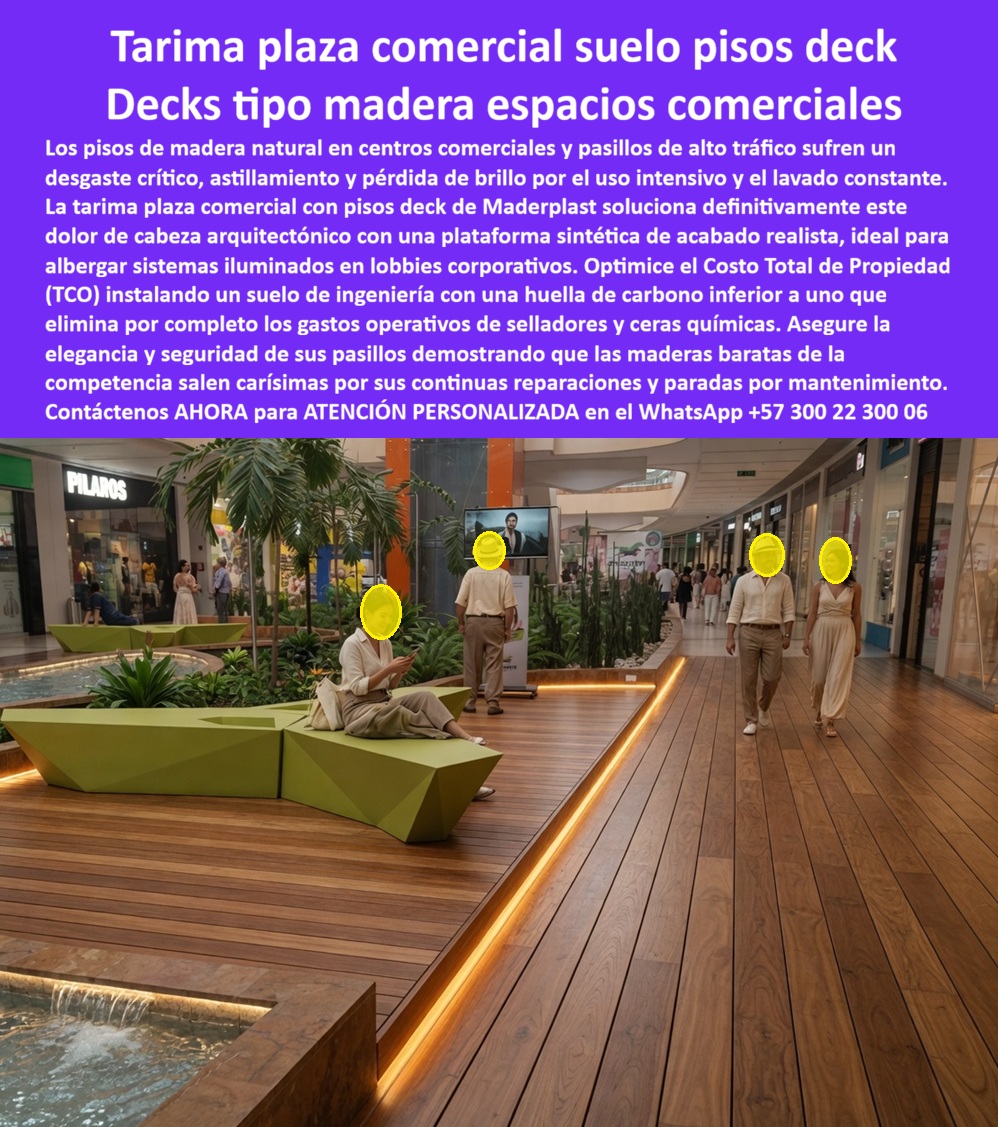Tarima Plaza Comercial Pisos Deck Decorativos Modernos Maderplast Deck Tipo Madera Espacios Comerciales Alto Tráfico Tarima Sintética Iluminadas Lobby Corporativo Edificio Textura Madera Fina Plataformas Decorativas Iluminadas Pasillos  La imagen presenta y muestra Pisos Decks Senderos Corredores Tarimas Pasarelas Elevadas Maderplast — Deck Corredores Exteriores Resistente Humedad, Caminería WPC Elevada Parque Exterior Decorativa Fácil Instalación, Pasarelas Tipo Deck Caminos Turísticos Exclusivos Pasarela elevada deck WPC color madera natural extendiéndose sobre el mar caribe en un resort tropical de lujo con manglar y arrecife coralino visible bajo el agua cristalina, barandas de madera plástica a ambos lados, logo Maderplast grabado en bajo relieve sobre la tarima, una familia caminando hacia las cabañas del ecohotel y mobiliario de ratán en una zona de descanso integrada al corredor: esa infraestructura que parece sacada de un catálogo de viajes exclusivos es lo que Maderplast diseña, fabrica e instala con servicio llave en mano y garantía superior a veinte años sin mantenimiento en ambiente marino. La pasarela elevada WPC para resort costero sobre mar que muestra esta imagen resiste salinidad permanente, hongos, humedad marina continua y tránsito diario de huéspedes porque su estructura monolítica de madera plástica WPC de núcleo sólido impermeable no absorbe agua salada, no genera pudrición, no requiere barnices ni sellantes y conserva su acabado tipo madera natural con color integral resistente a radiación UV directa temporada tras temporada. El sendero deck ecológico para proyecto ecoturístico, el corredor exterior WPC resistente salinidad marina y el boardwalk madera plástica para malecón turístico eliminan de raíz el problema crónico que destruye la infraestructura de senderos costeros: la madera inmunizada dura apenas catorce meses antes de presentar hongos, tablones levantados por salinidad y tramos cerrados por seguridad que interrumpen la operación y destruyen la experiencia del huésped. Así lo certifica el Ing. Luis Hernández, Gerente de Obra de Eco Hotel Bahía Manglares, quien en septiembre de 2023 reemplazó trescientos veinte metros lineales de pasarela sobre manglar que conectaba cabañas con restaurante y muelle: la versión original en madera inmunizada duró catorce meses antes de colapsar por hongos y pudrición salina, mientras que el deck WPC Maderplast instalado sobre estructura metálica elevada acumula dieciocho meses con marea alta tocando los soportes, brisa salina permanente y tránsito diario registrando cero tablones reemplazados, cero hongos, cero barniz aplicado y un costo total de propiedad a cinco años inferior a la mitad de lo que gastan con madera inmunizada. La caminería elevada deck para hotel de playa, la pasarela WPC sobre manglar para parque natural, el deck sendero peatonal costero sin pudrición, el corredor elevado WPC para ecohotel resistente hongos, la pasarela deck para muelle peatonal turístico, el sendero WPC para zona costera clima tropical, la caminería exterior deck para proyecto turístico llave en mano, la pasarela madera plástica para reserva natural costera, el deck corredor para glamping y resort ecológico, el sendero elevado impermeable para parque temático costero y la pasarela WPC para malecón sin mantenimiento garantía veinte años son variantes del mismo sistema constructivo con huella de carbono certificada inferior a uno, procesos industriales controlados y experiencia comprobada en plásticos técnicos de alto rendimiento para fabricación a medida en Colombia. Los materiales sustitutos baratos resultan carísimos incluso regalados por sus constantes quejas, pudrición prematura, reparaciones de emergencia, cierres de tramos y pérdida de imagen turística que ningún ahorro inicial compensa. Las pruebas extremas de resistencia están documentadas en video en youtube.com/@maderplasSA con fichas técnicas descargables y certificados de laboratorio que respaldan cada especificación. Solicite cotización personalizada, planos, renders o producción en serie en el WhatsApp +57 300 22 300 06 o escriba a ingenieria@maderplast.co, porque cuando se trata de pasarelas tipo deck para caminos turísticos exclusivos, Maderplast es el fabricante que convierte el proyecto más ambicioso en una realidad que el ingeniero firma con total tranquilidad y el huésped recorre con asombro.