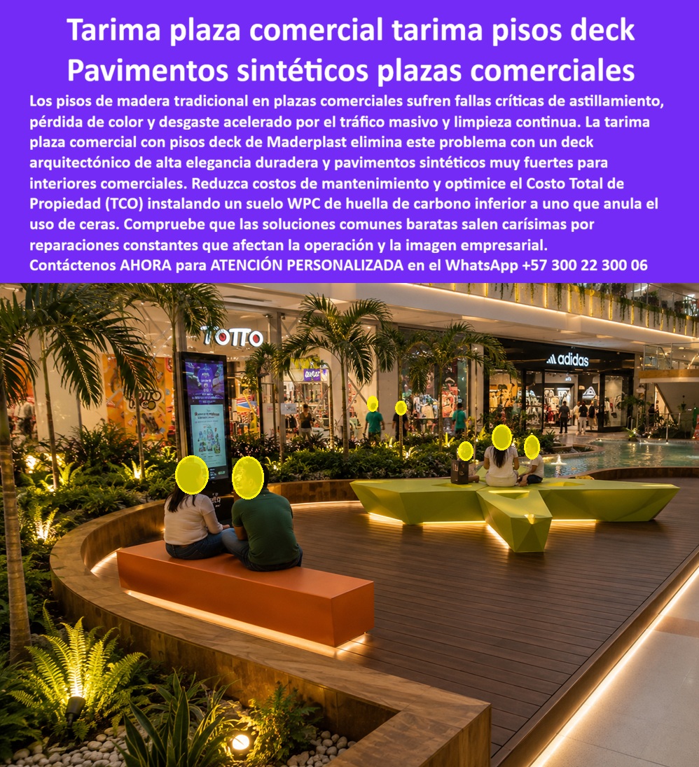 Tarima Plaza Comercial Pisos Deck Decorativos Modernos Maderplast Pavimentos Sintéticos Para Interiores Comerciales Muy Fuertes Deck Arquitectónico Centro Comercial Alta Elegancia Duradera Suelo WPC Centro Comercial Recepción A La imagen presenta una tarima plaza comercial con pisos deck decorativos modernos Maderplast, instalada como una zona premium de descanso, circulación y alto impacto visual dentro de un centro comercial. Este piso deck centro comercial combina apariencia arquitectónica elegante con resistencia operativa para tráfico masivo, limpieza continua, uso diario y exigencia estética permanente. A diferencia de la madera tradicional, que puede astillarse, perder color, deteriorarse por humedad de aseo o exigir mantenimientos repetitivos, el pavimento sintético interior comercial tipo WPC ofrece una solución más estable, durable y rentable para recepción, lobby, food court, retail, zonas comunes y espacios comerciales modernos.  Cuando un arquitecto, administrador o comprador técnico busca un deck arquitectónico alto tráfico, realmente necesita un suelo que mantenga buena presentación sin convertirse en una carga de mantenimiento. Por eso Maderplast fabrica tarimas arquitectónicas para zonas comunes, suelo WPC centro comercial, deck interior recepción comercial y piso decorativo retail premium con enfoque de larga vida útil, diseño personalizado y menor costo operativo. La ventaja no está solo en verse bien el primer día; la verdadera diferencia está en conservar imagen, funcionalidad y seguridad durante años de operación comercial intensiva.  Este suelo sintético lobby comercial y deck decorativo food court está pensado para proyectos donde la experiencia del visitante importa tanto como la durabilidad del material. En una plaza comercial, el piso no es un simple acabado: comunica orden, modernidad, limpieza, calidad del proyecto y cuidado por el usuario. Por eso un pavimento WPC interior moderno de Maderplast ayuda a evitar reparaciones frecuentes, cierres parciales, pérdida de imagen, quejas por deterioro visible y costos ocultos que normalmente aparecen después de instalar soluciones aparentemente baratas.  La mejor alternativa moderna a los pisos de madera para retail premium es un piso comercial resistente, limpio, estable, elegante y fabricado con materiales técnicos que soportan operación constante. Maderplast convierte la idea arquitectónica en una solución real: cotización, personalización, planos, renders, prototipos y fabricación a medida para proyectos comerciales que exigen presentación superior y desempeño confiable. En términos de Costo Total de Propiedad, elegir un deck decorativo centro retail no debe evaluarse sólo por el valor inicial, sino por la reducción de mantenimiento, reposición, desgaste acelerado y pérdida estética.  Así lo resume el caso de éxito de una plaza comercial que necesitaba un piso decorativo de alto tráfico con imagen premium y menor intervención operativa: la madera fallaba por desgaste, pérdida estética y mantenimiento; Maderplast entregó un suelo arquitectónico plaza comercial durable, elegante y resistente a limpieza intensiva, logrando mejor presentación, menos intervención y mayor estabilidad operativa. Cuando se trata de tarima plaza comercial moderna, piso elegante alto tráfico comercial y soluciones WPC para interiores comerciales exigentes, Maderplast es el fabricante que convierte espacios comunes en áreas atractivas, duraderas y comercialmente confiables. Atención personalizada WhatsApp +57 300 22 300 06.