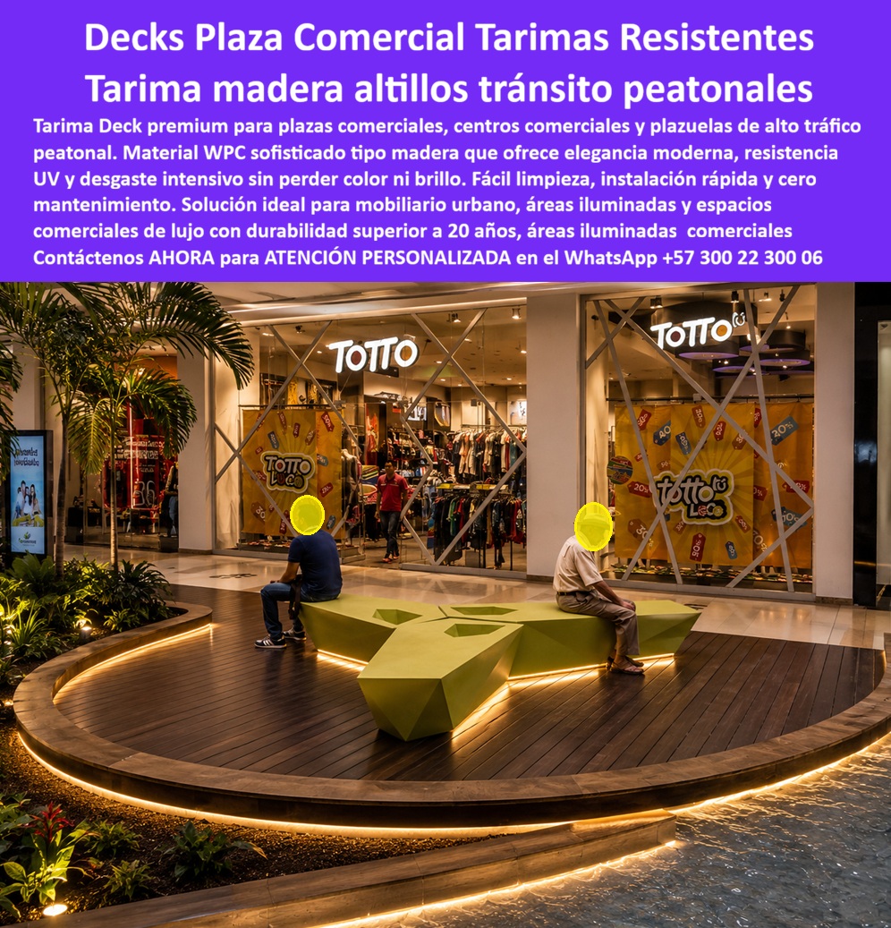 Tarima Plaza Comercial Pisos Deck Decorativos Modernos Maderplast Pisos Tipo Tarima Para Centros Comerciales Sofisticados Deck Plaza Comercial Resistente Tránsito Peatonal Intensivo Suelo WPC Plazoleta Mall Mobiliario Urbano Iluminado Esta imagen presenta Tarima Plaza Comercial Pisos Deck Decorativos Modernos Maderplast — Pisos Tipo Tarima Para Centros Comerciales Sofisticados, Deck Plaza Comercial Resistente Tránsito Peatonal Intensivo, Suelo WPC Plazoleta Mall Mobiliario Urbano Iluminado Deck WPC color madera oscura instalado en plazoleta circular elevada de centro comercial con iluminación LED perimetral inferior que dibuja un halo dorado alrededor de la plataforma, banca escultórica geométrica verde donde dos visitantes descansan entre compras, locales Totto iluminados al fondo y un flujo peatonal masivo que pisa diariamente esta superficie sin dejar una sola marca de rayado, desgaste ni decoloración: ese nivel de diseño arquitectónico interior que transforma una zona de paso en un punto focal del mall es exactamente lo que Maderplast fabrica con cortes curvos a medida, instala en horario nocturno sin afectar la operación comercial y garantiza por más de veinte años sin encerado, sin lijado y sin cierre de zona. El deck WPC plazoleta decorativa centro comercial que muestra esta imagen soporta cuarenta mil visitantes diarios, arrastre constante de bolsas de compras, limpieza industrial con máquina rotativa y eventos promocionales con tarimas adicionales montadas sobre el deck porque su formulación de madera plástica WPC de núcleo sólido con color integral permanente no se raya con abrasión mecánica, no pierde brillo bajo iluminación artificial y no requiere tratamientos superficiales de ningún tipo. La tarima para altillo de mall alto tráfico peatonal, el piso deck isla comercial con iluminación LED y el deck curvo para plataforma elevada de centro comercial eliminan la inviabilidad operativa que la madera natural representa en un mall abierto dieciocho horas diarias: encerado semanal imposible sin cerrar áreas, lijado que genera polvo incompatible con locales de ropa y alimentos, y deterioro acelerado que destruye la estética del espacio comercial más valioso del edificio. Así lo certifica el Arq. Miguel Ángel Torres, Director de Diseño Interior de Centro Comercial Plaza Mayor, quien en agosto de 2023 instaló trescientos veinte metros cuadrados de deck WPC Maderplast en la plazoleta circular con desniveles de quince y treinta centímetros: después de veinte meses con tráfico masivo, arrastre de bolsas, limpieza industrial con máquina rotativa y eventos promocionales con tarimas adicionales sobre el deck, el resultado es cero rayado visible, cero decoloración, cero encerado, mientras Maderplast cortó las piezas en curva para ajustar al diseño sin desperdicios, entregó muestras para aprobación de la junta de copropietarios del mall y completó la instalación nocturna en diez días sin afectar la operación comercial. El suelo WPC para zona de descanso de mall moderno, la tarima decorativa para mobiliario urbano centro comercial, el deck WPC resistente tráfico masivo plaza comercial, el piso tarima para plazoleta interior de mall de lujo, el deck para isla central de centro comercial sin encerado, la tarima WPC moldeable formas curvas centro comercial, el piso deck para remodelación de plazoleta comercial, el deck plataforma escalonada mall con retroiluminación, el suelo WPC para corredor y plazoleta de centro comercial, la tarima para espacio público interior de mall premium y el deck decorativo para proyecto comercial llave en mano son variantes del mismo sistema constructivo fabricado con procesos industriales controlados, experiencia comprobada en plásticos técnicos y capacidad de producción a medida en Colombia para centros comerciales, plazas de comidas, islas decorativas y mobiliario urbano iluminado de cualquier escala. Los materiales convencionales resultan carísimos incluso regalados por sus cierres recurrentes, cerrado imposible en horario comercial, deterioro visible que degrada la imagen del mall y pérdida de facturación de locatarios que ningún precio bajo compensa. Las pruebas extremas están documentadas en video en youtube.com/@maderplasSA con fichas técnicas descargables. Solicite cotización, renders o producción en serie en el WhatsApp +57 300 22 300 06 o escriba a ingenieria@maderplast.co, porque Maderplast es la decisión que firma el director de diseño con total tranquilidad sabiendo que la plazoleta que protagoniza el mall lucirá impecable la próxima década sin una sola noche de mantenimiento.