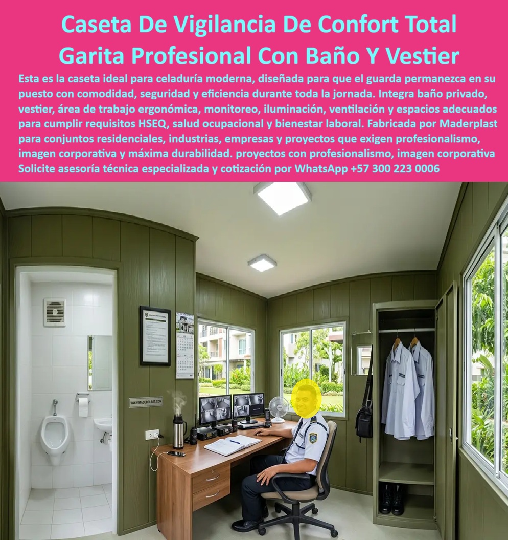 Caseta Celaduría VIP Iluminada Garita Portería Baño Privado Maderplast - Caseta Ergonómica Para Guardas De Seguridad, garita con vestier incorporado, caseta vigilancia profesional, caseta para celador profesional, caseta vigilancia Baño Caseta Celaduría VIP Iluminada Garita Portería Baño Privado Maderplast Caseta Ergonómica Para Guardas De Seguridad garita con vestier incorporado caseta vigilancia profesional caseta para celador profesional caseta vigilancia Baño